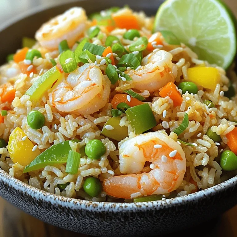 - 2 cups cooked jasmine rice - 1 pound shrimp, peeled and deveined - 3 tablespoons vegetable oil - 2 cloves garlic, minced - 1 small onion, diced - 1 bell pepper, diced - 1 cup frozen peas and carrots mix - 3 large eggs, beaten - 3 tablespoons soy sauce - 1 tablespoon sesame oil - Salt and pepper to taste - Optional: Sriracha for heat In this dish, using day-old jasmine rice makes a big difference. The rice dries out, which prevents it from getting mushy. Fresh rice can work, too, if you cool it first. Just spread it out on a baking sheet for about 30 minutes. You will need shrimp that is peeled and deveined. This saves time and helps the shrimp cook evenly. When you buy shrimp, look for ones that are firm and smell fresh. The vegetables add color and nutrition. Garlic gives a strong aroma, while onion adds sweetness. Bell pepper can be red or green, depending on your taste. The frozen peas and carrots mix is easy and adds a nice crunch. Eggs are key for richness. They bind the dish together and add protein. Soy sauce and sesame oil boost the flavor, making it savory and slightly nutty. Adjust the Sriracha if you like heat. Gather all these ingredients to create a meal that is better than takeout! - Prep the Rice: If you don’t have day-old rice, spread freshly cooked rice on a baking sheet. Let it cool for about 30 minutes. This helps it dry out. - Cook the Shrimp: Heat 1 tablespoon of vegetable oil in a large skillet over medium-high heat. Add the shrimp, seasoning with salt and pepper. Cook until they turn pink and opaque, about 2-3 minutes. Remove the shrimp and set them aside. - Sauté Garlic and Onion: In the same pan, add another tablespoon of oil. Toss in minced garlic and diced onion. Cook until the onion is translucent, about 2 minutes. - Adding Bell Pepper: Add the diced bell pepper. Cook for an additional 2-3 minutes until it softens and adds flavor. - Add Peas and Carrots: Stir in the frozen peas and carrots. Cook for about 2 minutes, just until they heat through. - Scramble Eggs: Push the vegetables to one side of the pan. On the empty side, add the last tablespoon of oil and pour in the beaten eggs. Scramble until fully cooked, then mix them with the vegetables. - Combine and Flavor: Add the cooked shrimp back to the pan along with the jasmine rice. Use a spatula to break up any clumps. Mix everything well. Drizzle soy sauce and sesame oil over the rice mixture. Stir and cook for another 3-4 minutes to meld the flavors. - Finish Up: Stir in chopped green onions. Taste and adjust seasoning with more salt, pepper, or Sriracha for heat if desired. To get that perfect fried rice texture, use day-old rice. Fresh rice is too moist and can clump together. If you don’t have day-old rice, spread freshly cooked rice on a baking sheet to cool. Leave it out for about 30 minutes. This helps dry it out. Cooking shrimp perfectly is key. Heat your skillet to medium-high. Add just enough oil to coat the pan. Season the shrimp with salt and pepper. Cook them for 2-3 minutes until they turn pink and opaque. Don’t overcook them; they should be tender and juicy. For flavor, use low-sodium soy sauce. It adds umami without too much salt. This keeps your dish balanced. You can also adjust the heat with Sriracha. Just drizzle some in when you mix in the soy sauce. Start with a little and taste as you go. For a beautiful presentation, serve your shrimp fried rice in large bowls. This makes it feel special. Top it with extra chopped green onions for color and crunch. You can also sprinkle sesame seeds on top. For a fresh touch, add lime wedges on the side. Squeeze them over the rice for a zesty kick. {{image_2}} You can easily change the shrimp to chicken or tofu. Each option gives a new taste. Adding vegetables makes it even better. Try broccoli or snap peas for crunch and color. These swaps keep the dish fresh and fun. Want to boost the flavor? Swap out soy sauce for oyster sauce. It adds a rich taste that many love. You can also try different oils, like peanut oil or even coconut oil. Each oil brings a unique twist to the dish. If you're gluten-free, use tamari instead of soy sauce. It tastes just as good. For a vegan version, skip the shrimp and eggs. Use tofu and add a bit more veggies. This way, everyone can enjoy shrimp fried rice! To keep shrimp fried rice fresh, store it in an airtight container. Place it in the fridge as soon as it cools down. This helps keep out moisture and air. It stays fresh for about 3 to 4 days. When reheating, use a skillet for the best texture. Heat a little oil in the pan and add the rice. Stir it often, so it warms evenly. You can also use the microwave. Add a splash of water to keep it moist. Cover the dish to trap steam. If you have extra fried rice, consider making a fried rice omelet. Just scramble some eggs, add the rice, and cook until golden. This gives you a tasty new dish! Yes, you can use frozen shrimp. Just thaw them first. Place shrimp in cold water for about 15 minutes. Pat them dry with a paper towel. This helps avoid excess water in your dish. Using frozen shrimp can save time. They are also easy to store and last longer. Just make sure they are peeled and deveined. You can enjoy the same great taste as fresh shrimp. To keep your fried rice from being mushy, use day-old rice. Freshly cooked rice holds moisture. This can lead to a soggy dish. If you must use fresh rice, cool it first. Spread it on a baking sheet for 30 minutes. Another tip is to avoid overcooking the rice. Use high heat when frying. Stir-fry quickly to keep the rice fluffy. Finally, don’t forget to break up clumps while cooking. Jasmine rice is the best choice for fried rice. It has a nice aroma and fluffy texture. This rice stays separate when cooked, which is perfect for stir-frying. If you don’t have jasmine rice, other options work too. Long-grain rice or basmati rice can be used. Both types will give you a good result. Just remember to cook the rice and let it cool before using it. This guide covers everything you need to know about shrimp fried rice. You learned about key ingredients, cooking steps, and helpful tips for the best texture. Customizations let you adapt the recipe to your taste. Plus, proper storage keeps leftovers fresh. Shrimp fried rice is simple, tasty, and can fit your diet. Enjoy making this easy dish at home! It will impress your friends and family while satisfying your cravings.