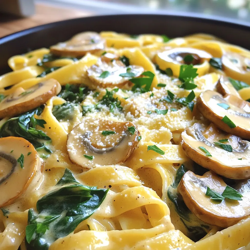 Cooking One-Pot Creamy Mushroom Spinach Pasta is easy when you have the right ingredients. Here’s what you will need: - Pasta options: 12 ounces of fettuccine or spaghetti - Vegetables: 1 medium onion, finely chopped; 3 cloves garlic, minced; 8 ounces cremini mushrooms, sliced; 4 cups fresh spinach, roughly chopped - Liquids: 3 cups vegetable broth; 1 cup heavy cream or coconut cream for a dairy-free option - Seasonings: 1 teaspoon Italian seasoning; salt and pepper to taste - Garnishes: Grated Parmesan cheese for serving (omit for dairy-free); fresh parsley, chopped for garnish These ingredients create a rich, creamy dish packed with flavor. You can mix and match based on what you have on hand. The mushrooms add earthiness, while the spinach brings in freshness. The cream sauce ties everything together, making each bite delightful. Enjoy the process of gathering these ingredients, and let’s get cooking! Start by heating 2 tablespoons of olive oil in a large pot over medium heat. Once the oil is warm, add 1 medium onion, finely chopped. Sauté the onion for about 5 minutes until it turns soft and clear. This step builds a strong flavor base. Next, stir in 3 cloves of minced garlic and 8 ounces of sliced cremini mushrooms. Cook these for about 5 to 7 minutes. You want the mushrooms to become golden and tender. This mix of onion, garlic, and mushrooms adds a rich taste to your pasta. Now it's time to combine the main ingredients. Add 12 ounces of your choice of pasta, 3 cups of vegetable broth, and 1 cup of heavy cream or coconut cream to the pot. Don't forget to sprinkle in 1 teaspoon of Italian seasoning, along with salt and pepper to taste. Stir everything well to make sure the pasta is coated. Bring the pot to a boil. After it starts bubbling, reduce the heat to a simmer. Cover the pot and let it cook for about 10 to 12 minutes. Stir occasionally. You want the pasta to be al dente and most of the liquid to be absorbed. Once the pasta is cooked, fold in 4 cups of roughly chopped spinach. Stir until the spinach wilts, which should take about 2 minutes. Take a moment to taste your dish. Adjust the seasonings if needed. If the pasta seems too thick, add a splash of vegetable broth or cream for your desired consistency. Serve your pasta hot. Top it with grated Parmesan cheese, if you like. Garnish with fresh chopped parsley for a pop of color and flavor. Enjoy your delightful meal! - Ensuring pasta is al dente: Cook the pasta until it is firm but not hard. This keeps it from becoming mushy. Use the package time as a guide, but test a minute early. Taste a piece; it should have a slight bite. - Adjusting the creaminess of the sauce: If you want a richer sauce, add more heavy cream. For a lighter version, use less cream or swap it for coconut cream. Stir in small amounts until you hit your desired creaminess. - Prepping ingredients in advance: Chop your onions, garlic, and mushrooms before you start cooking. This saves time and keeps things moving smoothly. You can also wash and chop the spinach ahead of time. - Utilizing kitchen gadgets for efficiency: Use a food processor to chop veggies quickly. A measuring cup helps pour liquids accurately. If you have a pressure cooker, you can cook pasta faster and keep it all in one pot. - Selecting fresh produce: Look for firm mushrooms and bright green spinach. Fresh ingredients give the best flavor. A good onion should feel heavy for its size and have a smooth skin. - Alternatives for dairy-free options: Use coconut cream instead of heavy cream for a dairy-free dish. Nutritional yeast can add a cheesy flavor without dairy. You can also skip cheese entirely and still enjoy this meal. {{image_2}} You can switch pasta types or shapes in this dish. Fettuccine and spaghetti are great, but you might try penne or bowtie. These shapes will hold the sauce, too. If you want to change the veggies, consider using kale or Swiss chard. You can also add bell peppers or zucchini. These options bring new flavors and colors to your meal. For added protein, consider chicken or shrimp. Cook them in the pot before adding the onions for rich flavor. Chopped grilled chicken blends nicely, while shrimp cooks quickly. You can use different herbs or spices to boost taste. Fresh basil or thyme adds freshness. Try a pinch of red pepper flakes for heat. These small changes can make your dish even more special. To keep your One-Pot Creamy Mushroom Spinach Pasta fresh, follow these tips: - Cool the Pasta: Let the pasta cool down before storing. This helps avoid sogginess. - Use Airtight Containers: Transfer the pasta to airtight containers. Glass or BPA-free plastic works well. - Refrigeration: Store the containers in the fridge. It stays good for up to three days. Reheating pasta can be tricky. Here are some methods for the best results: - Stovetop Method: Place the pasta in a pan. Add a splash of broth or cream. Heat on low, stirring often. This keeps it creamy. - Microwave Method: Put the pasta in a microwave-safe bowl. Add a little liquid. Cover with a damp paper towel. Heat in short bursts, stirring in between. - Add Liquid: If the pasta seems dry, add a bit of broth or cream while reheating. - Avoid Overheating: Heat slowly to prevent the sauce from separating. This keeps your dish rich and smooth. To make One-Pot Creamy Mushroom Spinach Pasta gluten-free, use gluten-free pasta. Many brands sell delicious gluten-free options. Look for pasta made from rice or chickpeas. Cook it just like regular pasta. Adjust cooking time as needed to avoid mushiness. Yes, you can use coconut cream or cashew cream instead of heavy cream. Both options create a rich and creamy sauce. They add a slight sweetness that pairs well with the mushrooms. Just swap the cream in equal parts for a dairy-free dish. This pasta pairs well with a simple side salad. A fresh green salad with lemon vinaigrette works great. Garlic bread is another good choice for dipping. If you like crunch, add toasted pine nuts or walnuts on top for extra texture. You learned how to make a delicious One-Pot Creamy Mushroom Spinach Pasta. We covered key ingredients, easy steps, and helpful tips. Remember to choose fresh veggies, cook the pasta just right, and store leftovers properly. Mix it up with your favorite proteins or spices to make it your own. This dish is simple, tasty, and perfect for any occasion. Enjoy your cooking journey and impress your friends with this amazing recipe!