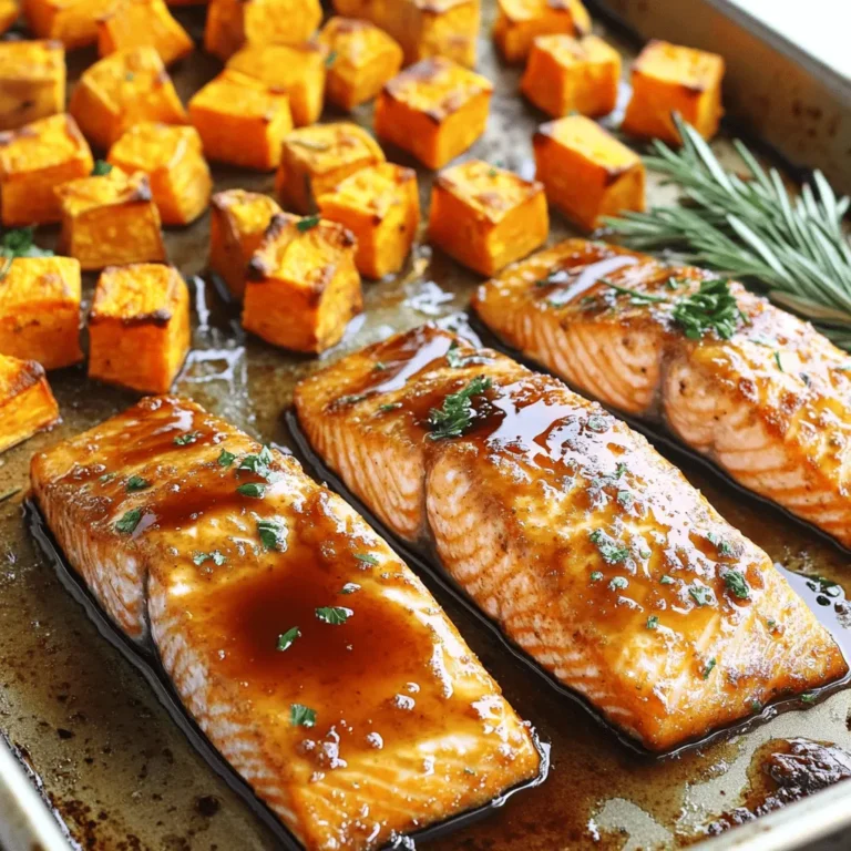 - 4 salmon fillets - 2 medium sweet potatoes, peeled and cubed - 1/4 cup pure maple syrup - 2 tablespoons Dijon mustard - 2 tablespoons olive oil - 1 teaspoon garlic powder - 1 teaspoon smoked paprika - Salt and pepper to taste - 1 tablespoon fresh rosemary, chopped (or 1 teaspoon dried) - 1 tablespoon fresh parsley, chopped (for garnish) Each serving of Maple Glazed Salmon and Sweet Potatoes has about: - Calories: 450 - Protein: 30g - Carbohydrates: 35g - Fat: 20g - Fiber: 5g - Sugars: 10g This dish offers a good balance of protein and healthy carbs. The salmon is rich in omega-3s, great for heart health. Sweet potatoes bring fiber and vitamins, making this meal nourishing. When choosing salmon, look for bright color and firm texture. Fresh salmon should smell like the ocean, not fishy. You can pick wild-caught for a more robust flavor or farmed for sustainability. For sweet potatoes, go for ones that are firm and smooth. Avoid any with soft spots or blemishes. A deep orange color inside means they are sweet and nutritious. These simple tips will help you pick the best ingredients for your dish. Enjoy the flavors that come from fresh, high-quality food! First, set your oven to 425°F (220°C). This high heat helps cook the salmon and sweet potatoes fast. While the oven heats up, grab a large sheet pan. Line it with parchment paper. This will make cleanup a breeze later. In a large bowl, mix the maple syrup, Dijon mustard, and olive oil. Add the garlic powder, smoked paprika, salt, and pepper. Stir until everything is well blended. This glaze will give your salmon a sweet and tangy flavor. Next, add the cubed sweet potatoes to the bowl with the glaze. Toss them until they are all coated. Spread the sweet potatoes out on one side of the sheet pan. Place the salmon fillets on the other side. Brush each fillet with any leftover glaze. Don’t forget to sprinkle fresh chopped rosemary on top for a nice touch. Now, it's time to bake! Place the pan in the oven for 20-25 minutes. You want the salmon to flake easily with a fork. The sweet potatoes should be tender and caramelized. When done, take the pan out and let it rest for a few minutes. Drizzle any extra glaze over the top before serving. Enjoy your delicious meal! To get the best salmon, choose fillets that are even in thickness. This helps them cook evenly. I recommend using skin-on salmon. The skin keeps the fish moist. Cook the salmon on a high heat. This gives you a nice crispy edge. Bake it until it flakes easily with a fork. This usually takes 20 to 25 minutes. Always let the salmon rest for a few minutes after cooking. This helps keep it juicy. For sweet potatoes, cube them evenly. This ensures they cook at the same rate. Toss them well in the glaze before baking. This gives them a nice coating. Spread them out in a single layer on the pan. Avoid crowding them, so they can caramelize. Bake them until they are tender and golden brown. This usually takes about 20 to 25 minutes. If they need more color, turn on the broiler for a minute or two. Just watch them closely to prevent burning. Store any leftovers in an airtight container. Place them in the fridge and use them within three days. To reheat, place the salmon and sweet potatoes in an oven-safe dish. Cover it with foil to keep moisture. Heat at 350°F (175°C) until warmed through. This helps maintain the flavors and texture. You can also enjoy the leftovers cold in a salad or wrap. {{image_2}} You can switch up the glaze for your salmon. Try honey or brown sugar. Both add a sweet touch. For a spicy kick, mix in some Sriracha. This gives a nice heat. You can also use soy sauce for a savory twist. Mixing maple syrup with soy sauce creates a great balance of sweet and salty. To make this meal even better, add more veggies. Broccoli or asparagus work well. They roast nicely and add color. Carrots or bell peppers are also great choices. Just toss them with the same glaze. This way, all your veggies share the same tasty flavor. You can use other fish instead of salmon. Try trout or halibut for a light taste. Both cook in a similar way. They pair well with the maple glaze too. Cod is another good option. Just keep an eye on the cooking time. Different fish may cook faster or slower than salmon. To store your maple glazed salmon and sweet potatoes, let them cool first. Place the leftovers in an airtight container. This keeps them fresh for up to three days. If you have extra glaze, store it in a small jar. It adds great flavor when reheating. You can freeze this dish too! Wrap the salmon and sweet potatoes tightly in plastic wrap. Then, place them in a freezer-safe bag. This helps prevent freezer burn. You can keep them frozen for up to three months. Just remember to label the bag with the date. To reheat, take the salmon and sweet potatoes out of the fridge or freezer. If frozen, let them thaw overnight in the fridge. Preheat your oven to 350°F (175°C). Place the food on a baking sheet. Cover it with foil to keep moisture in. Heat for about 15-20 minutes, or until warm. This method helps keep the salmon juicy and the sweet potatoes soft. Enjoy your tasty meal again! Yes, you can try honey or agave nectar. Both add sweetness but change the flavor. Honey brings a floral note, while agave is milder. If you switch, adjust the amount to taste. You can serve a fresh salad or steamed broccoli. These add color and crunch. Quinoa or rice works well too, for extra carbs. Lemon wedges brighten the dish, enhancing the flavor of the salmon. Check if the salmon flakes easily with a fork. It should be opaque and warm throughout. The internal temperature should reach 145°F (63°C). Use a meat thermometer for best results. You learned how to make maple glazed salmon and sweet potatoes. We covered key ingredients, nutrient facts, and tips for the best quality. I shared step-by-step ways to make this dish, including a tasty glaze and cooking details. We also talked about achieving perfect textures and storing leftovers. With variations like different glazes and fish, you can customize your meal. Remember, simple cooking can lead to great flavors. Enjoy your cooking journey with these ideas!