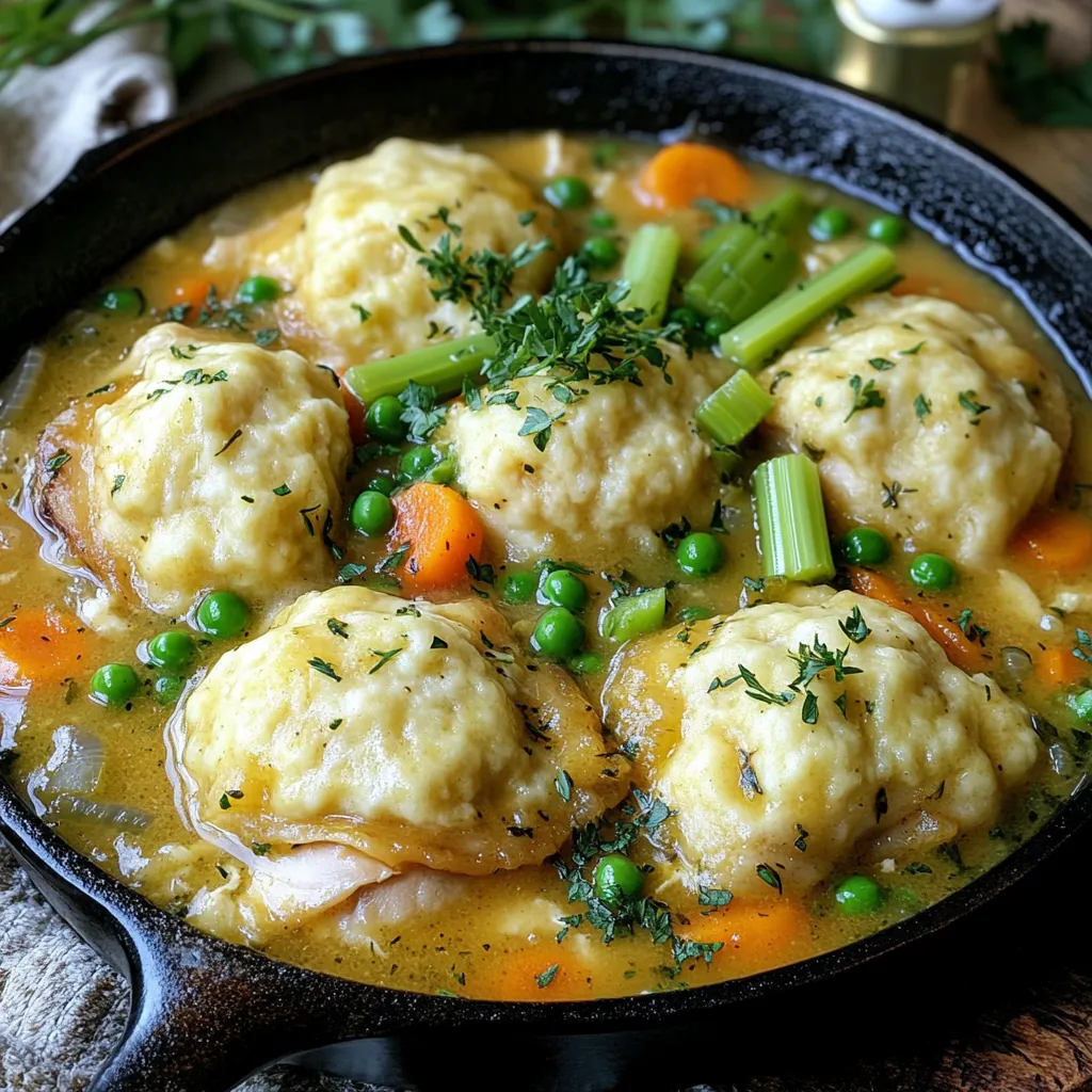 - 1 lb chicken thighs, boneless and skinless - 1 tablespoon olive oil - 1 medium onion, diced - 2 carrots, diced - 2 celery stalks, diced - 3 cloves garlic, minced - 4 cups chicken broth - 1 teaspoon dried thyme - 1 teaspoon paprika - Salt and pepper to taste - 1 cup frozen peas For this dish, I love using chicken thighs. They stay tender and juicy. The olive oil helps brown the chicken, adding flavor. Diced onion, carrots, and celery create a sweet base. Garlic adds a nice kick, while chicken broth keeps it moist. Thyme and paprika give depth, and a pinch of salt and pepper balances it all. A cup of frozen peas at the end adds color and sweetness. - 2 cups all-purpose flour - 1 tablespoon baking powder - 1/2 teaspoon salt - 3/4 cup milk - 1/4 cup butter, melted For the dumplings, I use all-purpose flour to get that nice texture. Baking powder makes them fluffy. A bit of salt adds flavor. Mixing in milk and melted butter creates a rich dough. You can add herbs or spices if you like. They can really amp up the taste of your dumplings. - Heat 1 tablespoon of olive oil in your cast-iron skillet over medium heat. - Add 1 pound of diced chicken thighs. Season with salt and pepper. - Cook the chicken for about 5-7 minutes. Brown it well on all sides. - Remove the chicken and set it aside. This step adds great flavor. - In the same skillet, add 1 medium diced onion, 2 diced carrots, and 2 diced celery stalks. - Sauté for 5-6 minutes until the veggies are soft. - Add 3 cloves of minced garlic next. Cook for one more minute. This keeps the garlic from burning. - Pour in 4 cups of chicken broth. Stir in the cooked chicken. - Add 1 teaspoon of dried thyme, 1 teaspoon of paprika, and 1 cup of frozen peas. - Bring this mixture to a gentle simmer. A proper simmer helps blend the flavors well. - In a mixing bowl, combine 2 cups of all-purpose flour, 1 tablespoon of baking powder, and 1/2 teaspoon of salt. - Stir in 3/4 cup of milk and 1/4 cup of melted butter. Mix until just combined. - Be careful not to overmix the batter. Overmixing can make the dumplings tough. - Drop spoonfuls of the dumpling batter into the simmering chicken mixture. - Cover the skillet with a lid. Cook for 12-15 minutes. - Check if the dumplings puff up and are no longer doughy. This means they are ready. Using fresh herbs makes a big difference in flavor. I love adding chopped parsley or thyme right before serving. Fresh herbs brighten the dish and add a nice touch. If you want more depth, try adding a dash of lemon juice or zest. It will lift all the flavors while adding a hint of freshness. For seasoning adjustments, taste as you go. If the dish seems flat, add more salt or pepper. You can also boost flavors with a pinch of paprika or garlic powder. These small changes can elevate your chicken and dumplings. Using a cast-iron skillet is key for this recipe. Preheat your skillet with olive oil until it shimmers. This helps brown the chicken evenly. Make sure to avoid overcrowding the pan. Cook in batches if needed. This prevents steaming and ensures a nice sear. To avoid sticking, don’t rush the browning. Let the chicken sit without moving it too soon. Once it releases easily, it’s ready to flip. After cooking, don’t forget to scrape the bottom. This gets all those tasty bits into your sauce. Serving straight from the skillet makes it feel rustic and inviting. It’s a great way to share a meal with family or friends. Use a large spoon to serve generous portions right from the pan. For garnishing, sprinkle fresh parsley on top. This adds a pop of color and freshness. You can also add a few whole thyme sprigs for a nice touch. Enjoy this cozy dish straight from your skillet! {{image_2}} You can easily switch up the main ingredients in this recipe. If you want to use chicken breasts instead of thighs, that works well. Turkey is another great alternative. For veggies, consider using bell peppers or green beans. They add nice color and crunch. As for spices, try rosemary or oregano to change the flavor profile. To lower calories, you can use skinless chicken or reduce the butter in the dumplings. For a cholesterol-friendly twist, swap in low-fat milk. If you need gluten-free dumplings, use a gluten-free flour blend. This keeps the meal light but still tasty. You can make this dish unique by adding local flavors. For example, toss in some jalapeños for spice or use coconut milk for a tropical vibe. You can also explore different dumpling styles. Try making them with cornmeal for a Southern touch or using potato for a heartier bite. Each variation brings its own charm to the dish. To keep your chicken and dumplings fresh, follow these tips: - Cool Down: Let the dish cool to room temperature before storing. - Use Airtight Containers: Store leftovers in airtight containers. This keeps moisture in and avoids freezer burn. - Timeframe: Consume within 3 to 4 days for best taste. Reheating properly helps maintain the dish's flavor and texture. Here’s how: - Stovetop Method: Heat on low. Stir gently and add a splash of broth or water. This keeps the dumplings fluffy. - Microwave Method: Cover with a damp paper towel. Heat in short bursts, stirring in between to ensure even warmth. If you want to save some for later, freezing is a great option. Here’s how: - Freezing: Store in freezer-safe containers. Leave some space for expansion. - Thawing: Move to the fridge overnight before reheating. - Reheating Frozen: Warm in a pot on low heat. Add a bit of broth to keep dumplings moist. You can use chicken breasts or turkey. Both options work well in this dish. Chicken breasts will be leaner, while turkey can add a nice flavor. Ensure you adjust cooking times as needed. Yes, you can make simple dumplings from scratch. Mix flour, baking powder, and salt in a bowl. Then, add milk and melted butter. Stir until just combined. Avoid overmixing to keep them light. Check for doneness by looking for a puffed-up shape. The dumplings should feel firm and not doughy inside. You can also insert a toothpick; it should come out clean. You can prep parts ahead of time. Cook the chicken and veggies, then store them in the fridge. Make the dumpling batter fresh to keep them fluffy. Reheat and cook when ready to serve. Using a cast-iron skillet is not required, but it has benefits. It heats evenly and retains heat well. This helps cook the chicken and dumplings evenly. Plus, it gives a nice rustic look when serving. This blog post covers how to make delicious chicken and dumplings. We started with the main ingredients, then moved onto step-by-step instructions for preparing everything. You learned tips for enhancing flavors and cooking techniques. Variations allow you to customize the dish to fit your needs. We also discussed storing and reheating leftovers. By following these easy steps, you can create a warm, satisfying meal. Enjoy crafting your own version of this comfort food classic!