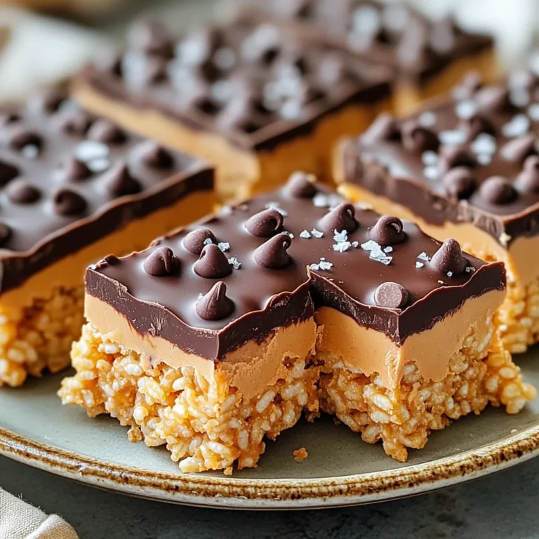 To make Peanut Butter Chocolate Rice Krispie Bars, gather these ingredients: - 2 cups Rice Krispies - 1 cup creamy peanut butter - 1 cup powdered sugar - 1 teaspoon vanilla extract - 1 cup milk chocolate chips - ½ cup mini chocolate chips (for topping) - A pinch of sea salt You can swap some ingredients if needed. Use crunchy peanut butter for added texture. You may also try almond butter for a different flavor. If you need a lower-sugar option, you can replace powdered sugar with a sugar substitute like erythritol. For a dairy-free version, pick dark chocolate chips. When measuring, use dry measuring cups for the Rice Krispies and powdered sugar. For peanut butter, a liquid measuring cup works well. To get peanut butter out easily, lightly coat the cup with oil first. This makes it simpler to pour. For chocolate chips, you can use a kitchen scale for accuracy. One cup of chips weighs around 6 ounces. Gather your ingredients first. You need Rice Krispies, peanut butter, powdered sugar, vanilla, and chocolate chips. A pinch of sea salt is nice for contrast. Get an 8x8 inch baking dish and some parchment paper. This helps with easy removal later. In a large bowl, mix the creamy peanut butter and powdered sugar. Stir until it is smooth. Next, add the vanilla extract. Then, gently fold in the Rice Krispies. Make sure the cereal gets covered well. This gives each bite a rich peanut butter flavor. Once mixed, press the mixture into the lined baking dish. Use a spatula to spread it evenly. Grab a microwave-safe bowl. Add the milk chocolate chips. Heat in the microwave for 30 seconds. Take it out and stir. Repeat until the chocolate is smooth. Once melted, pour the chocolate over the Rice Krispies layer. Spread it evenly to cover every corner. For extra fun, sprinkle mini chocolate chips on top. Add a pinch of sea salt for a tasty finish. After that, place the dish in the fridge for at least 30 minutes. This helps the bars set up nicely. To get the best texture, use creamy peanut butter. It mixes well and coats the Rice Krispies. If you prefer a crunchier bite, add some chopped nuts or even crispy rice cereal. Remember, you want a mix that holds together yet is not too hard. After you press the mixture into your dish, chill it for at least 30 minutes. This helps the bars set properly. If you want firmer bars, leave them in the fridge longer. Also, using parchment paper makes it easy to lift the bars out later. When serving, cut the bars into neat squares. Place them on a pretty plate. You can drizzle extra melted chocolate on top for a nice touch. A sprinkle of sea salt adds a great flavor contrast, too. Enjoy them as a sweet snack or dessert after dinner! {{image_2}} You can make these bars healthier while keeping them tasty. Swap out the creamy peanut butter for natural peanut butter. This lets you cut sugar without losing flavor. Use honey or maple syrup instead of powdered sugar for sweetness. You can also add in some ground flaxseed or chia seeds. This adds fiber and nutrients without changing the taste much. If you want more taste, try adding extras. Mix in a pinch of cinnamon for warmth. You can also add a splash of almond extract for a nutty twist. If you love coconut, stir in some shredded coconut flakes. For a fun crunch, add chopped nuts like almonds or walnuts. These mix-ins can take your bars to a whole new level. You can easily adjust these bars for different diets. For a vegan version, use dairy-free chocolate chips and maple syrup. If you need them gluten-free, just make sure your Rice Krispies are gluten-free. You can also try using sunflower seed butter for a nut-free option. These swaps keep the bars delicious for everyone. To keep your Peanut Butter Chocolate Rice Krispie Bars fresh, store them in an airtight container. This helps prevent them from drying out. You can stack the bars with parchment paper between layers. This way, they won’t stick together. Place the container in a cool, dry place away from sunlight. If you live in a warm area, consider putting them in the fridge. These bars freeze well for longer storage. Cut them into squares and wrap each piece in plastic wrap. Then, place the wrapped bars in a freezer-safe bag or container. Make sure to remove as much air as possible. They can stay fresh in the freezer for up to three months. When you want to enjoy them, just take out the desired amount and let them thaw at room temperature. When stored properly, Peanut Butter Chocolate Rice Krispie Bars last about one week at room temperature. In the fridge, they can last up to two weeks. Freezing extends their life to about three months. Keep an eye on them for any signs of spoilage like strange smells or changes in texture. This way, you always enjoy them at their best! These bars need at least 30 minutes in the fridge to set. This gives the chocolate a chance to harden and the bars a chance to firm up. If you want a firmer texture, you can leave them in longer. Yes, you can use white chocolate if you like. Just melt it the same way as the milk chocolate. White chocolate adds a sweet and creamy flavor, which pairs well with peanut butter. Yes, these bars can be gluten-free. Just make sure to use gluten-free Rice Krispies. Most brands now offer a gluten-free option, so check the label before buying. Absolutely! You can add chopped nuts or seeds for extra crunch. Almonds or sunflower seeds work well. Mix them in with the Rice Krispies for a tasty twist. Use a sharp knife to cut the bars. It helps to warm the knife slightly under hot water first. This makes cutting easier and keeps the bars looking neat. You can make them vegan by using dairy-free chocolate and a plant-based peanut butter. Make sure your chocolate chips are dairy-free to keep the bars vegan-friendly. Store any leftover bars in an airtight container. They can sit at room temperature for a few days. For longer storage, keep them in the fridge. If you need a substitute, try almond butter or sunflower seed butter. These options offer a similar texture and flavor, making them great alternatives. Yes, you can mix in some protein powder. Add a scoop to the peanut butter mixture to boost the protein content. This is great for a post-workout snack! This blog post covered key ingredients, preparation steps, and helpful tips for your recipe. I shared how to measure, mix, and melt chocolate, ensuring tasty results. You learned about substitutions for different diets and how to store your bars well. With these steps, you can create the perfect treat. Don’t hesitate to experiment with flavors and textures. Happy cooking!