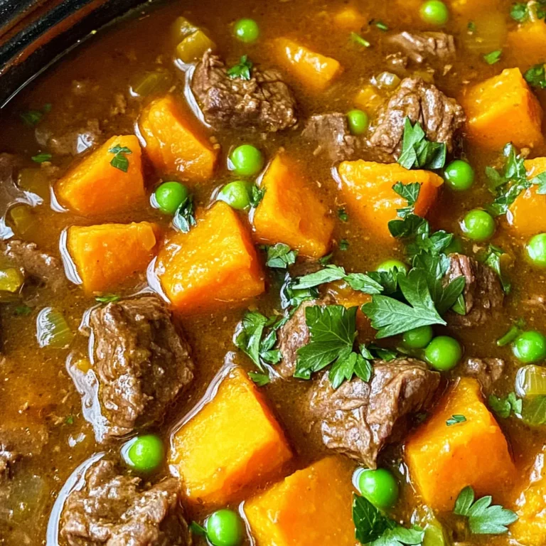 - Beef and Vegetable Components - 1.5 lbs beef chuck, cut into 1-inch cubes - 2 medium sweet potatoes, peeled and diced - 2 carrots, sliced - 1 onion, chopped - 3 cloves garlic, minced - 1 cup peas (frozen or fresh) - Seasonings and Broth - 4 cups beef broth (low sodium) - 1 tablespoon tomato paste - 1 teaspoon dried thyme - 1 teaspoon smoked paprika - 1/2 teaspoon ground cumin - Salt and pepper to taste - 2 tablespoons olive oil - Optional Garnishes - Fresh parsley, for garnish Gather these ingredients to make a hearty stew. The beef chuck gives a rich flavor. Sweet potatoes add sweetness and creaminess. Carrots and peas bring color and nutrition. The seasonings are key to a tasty dish. Thyme and smoked paprika add depth. The broth keeps everything moist. Olive oil helps to brown the beef. Don't skip the fresh parsley! It brightens the dish and adds a fresh touch. Have fun with these ingredients. Enjoy the cooking journey! To start, heat 2 tablespoons of olive oil in a skillet over medium-high heat. Once hot, add 1.5 pounds of beef chuck cut into 1-inch cubes. Season the beef with salt and pepper. Sear the beef on all sides until it is browned, which takes about 5 minutes. This step adds a deep flavor to the stew. After browning, transfer the beef to the slow cooker. In the same skillet, add 1 chopped onion, 3 cloves of minced garlic, and 2 sliced carrots. Sauté these for about 2 to 3 minutes. Cook until the onions turn soft and translucent. This step enhances the sweetness of the onions. Once done, add the mixture to the slow cooker with the beef. Next, take 2 medium sweet potatoes, peel them, and dice them into small pieces. Layer the diced sweet potatoes on top of the beef and vegetables in the slow cooker. This helps the flavors meld together as they cook. Now, in a separate bowl, mix 4 cups of low-sodium beef broth, 1 tablespoon of tomato paste, 1 teaspoon dried thyme, 1 teaspoon smoked paprika, and 1/2 teaspoon ground cumin. Stir well to combine. Pour this broth mixture over the ingredients in the slow cooker. Cover it and set the cooker to low for 8 hours or high for 4 hours. The beef and sweet potatoes should be tender when done. About 30 minutes before serving, stir in 1 cup of peas, whether frozen or fresh. This adds a pop of color and sweetness. Taste the stew and adjust the seasoning with salt and pepper as needed. When ready, ladle the stew into bowls and garnish with fresh parsley for a nice touch. Enjoy your hearty meal! To make your stew taste great, start with good beef. I use beef chuck; it gets tender as it cooks. Sear the beef in olive oil to lock in the juices. Season it well with salt and pepper. This step helps build a rich flavor base. When you add the veggies, use onions and garlic. They add depth and aroma. Don't forget the spices! Dried thyme and smoked paprika bring warmth. Ground cumin adds a nice earthy touch. Mix all the flavors well before cooking. If you want a thicker stew, there are easy ways to do it. You can mash some sweet potatoes right in the pot. This adds body and creaminess. Another trick is to mix a bit of cornstarch with water. Stir it into the stew about 30 minutes before it’s done. Let it cook a little longer to thicken. If you like a chunky texture, just let it simmer uncovered for a while. This lets some liquid evaporate and makes the stew heartier. Slow cooking is all about patience. Cook on low for 8 hours for the best results. If you're short on time, you can set it to high for 4 hours. Make sure to keep the lid on while cooking. This helps retain heat and moisture. You can also add frozen peas late in the cooking. They brighten the dish and add color. Always taste and adjust seasoning before serving. A little extra salt or pepper can make a big difference. {{image_2}} You can swap out beef chuck for other meats. Try chicken thighs or turkey. Both work well. If you want a vegetarian stew, use mushrooms or lentils instead of beef. For sweet potatoes, you can use regular potatoes or butternut squash. They add a nice flavor too. If you don’t have a slow cooker, you can make this stew on the stove. Just bring everything to a boil in a pot. Then, reduce the heat and let it simmer. It should cook for about 1.5 to 2 hours. You can also use an Instant Pot for a quicker method. Cook on high pressure for about 35 minutes. In the fall, add some diced apples for a sweet twist. In winter, consider adding kale or spinach for extra greens. Fresh herbs like rosemary or thyme can enhance the flavor in spring. In summer, toss in zucchini or corn for a fresh taste. Each season brings its own fun flavors! After cooking, let the stew cool down. You can store it in an airtight container. Always refrigerate within two hours. The stew stays fresh for about 3 to 4 days. When ready to eat, check for any signs of spoilage. If it looks or smells off, throw it away. To freeze the stew, use a freezer-safe container. Leave some space at the top for expansion. The stew can last up to 3 months in the freezer. When you're ready to eat, thaw it in the fridge overnight. You can also use the microwave for quick thawing. When reheating, do it slowly for the best flavor. You can use the stove, microwave, or slow cooker. If using the stove, heat over medium-low until warm. Stir often to avoid burning. If you want it hot quickly, the microwave works too. Make sure to stir every minute for even heating. Yes, you can make this stew without beef. Use mushrooms, lentils, or chickpeas instead. These options provide a great texture and flavor. You can also add more vegetables, like zucchini or bell peppers, to fill it out. To adjust the cooking time for a larger batch, increase the cooking time by one hour for every additional pound of beef. If you double the recipe, cook on low for about 9 hours instead of 8. Always check if the beef is tender before serving. The best sides for beef stew are crusty bread, mashed potatoes, or a fresh garden salad. Bread helps soak up the stew. Mashed potatoes add creaminess. A salad adds a crisp, fresh taste to balance the meal. Yes, you can use other types of potatoes. Regular potatoes, like Yukon Gold or Russet, work well. They will provide a different flavor but still add a nice texture. Just remember to cut them into similar-sized pieces for even cooking. The best type of beef for stewing is beef chuck. It is tender and flavorful when cooked slowly. You can also use brisket or round. These cuts become very soft and juicy, making the stew rich and satisfying. This blog post covers all you need for a tasty beef stew. We explored key ingredients like meat and vegetables, plus seasonings. The step-by-step guide made cooking simple, ensuring great flavor. You learned tips to thicken your stew and ideal storage methods. In conclusion, you can make this dish your own with easy swaps and variations. Enjoy experimenting with methods and flavors. Happy cooking!