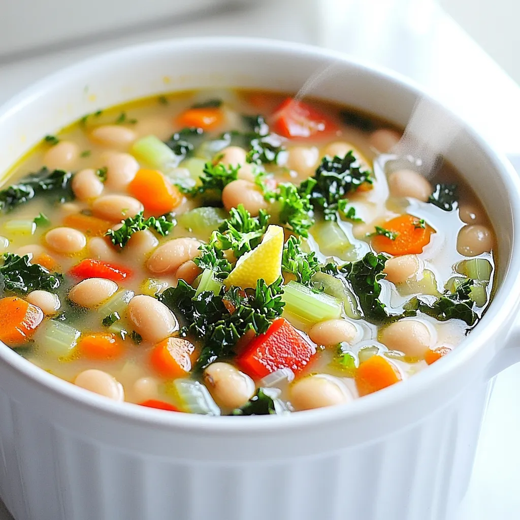To make Cozy One-Pot Tuscan White Bean Soup, you need these items: - 2 tablespoons olive oil - 1 onion, finely chopped - 3 cloves garlic, minced - 2 carrots, diced - 2 celery stalks, diced - 1 red bell pepper, diced - 1 teaspoon dried oregano - 1 teaspoon dried thyme - 1 can (15 oz) cannellini beans, drained and rinsed - 4 cups vegetable broth - 1 can (14.5 oz) diced tomatoes, with juices - 2 cups fresh kale, chopped - Salt and pepper to taste - Juice of 1 lemon - Fresh parsley, for garnish You can swap some ingredients for your taste. Try these options: - Use avocado oil instead of olive oil. - If you lack fresh onion, use onion powder (1 teaspoon). - Replace cannellini beans with navy or great northern beans. - Any greens work if fresh kale is not available. Try spinach or Swiss chard. - Use fresh herbs like basil or parsley in place of dried herbs. Fresh ingredients shine in this soup, giving it a bright taste. However, canned items offer convenience. Here’s how to use both: - Fresh garlic and onion add a strong flavor, while canned garlic is milder. - Canned tomatoes save time but fresh tomatoes can make the soup sweeter. - Canned beans are quick and easy. Just rinse them well. - Fresh kale adds texture, but pre-cut, bagged kale works too. Using fresh or canned depends on your time and what you have. Both ways will lead to a tasty soup. Enjoy what you make! 1. Gather your ingredients. You need olive oil, onion, garlic, carrots, celery, and red bell pepper. 2. Chop the onion finely. Mince the garlic and dice the carrots, celery, and red bell pepper. 3. Rinse the cannellini beans in cold water and drain them well. 4. Chop the kale into bite-sized pieces. 1. In a large pot, heat the olive oil over medium heat. 2. Add the chopped onion. Sauté for about 5 minutes. The onion should turn translucent. 3. Stir in the minced garlic, diced carrots, celery, and red bell pepper. Cook for 5-7 minutes. 4. Add the dried oregano and thyme. Stir for 1 minute to release their flavors. 5. Incorporate the rinsed cannellini beans, vegetable broth, and diced tomatoes with their juices. 6. Bring the mixture to a gentle boil over high heat. 7. Reduce the heat and let it simmer for 15-20 minutes. This step helps the flavors blend. 8. Add the chopped kale. Cook for another 5 minutes until it wilts and softens. 9. Season with salt and pepper to taste. Squeeze fresh lemon juice over the soup to add brightness. 10. Serve warm, garnished with freshly chopped parsley for a nice touch. - Use fresh herbs instead of dried for a stronger taste. - Add a pinch of red pepper flakes for some heat. - Stir in a splash of balsamic vinegar for a deeper flavor. - Serve with crusty bread to soak up the delicious soup. - Try adding a dollop of pesto for extra richness. When making this soup, avoid rushing the cooking process. Each step builds flavor. Don't skip the sautéing of the onion and garlic; this step adds depth. Also, keep an eye on salt. Add it gradually, tasting as you go. Too much salt can ruin the soup. Lastly, ensure you rinse the beans well. This step removes excess sodium and improves taste. To make your soup creamy, blend part of it. After cooking, take a cup of soup and blend it smooth. Then, stir it back into the pot. You can also add a splash of cream or milk for richness. Another option is to mash some beans against the pot. This method thickens the soup without losing texture. This soup pairs well with crusty bread. A slice of sourdough is perfect for dipping. You can also serve it with a fresh salad. A simple green salad with lemon vinaigrette complements the soup’s flavors. For a cozy meal, consider a grilled cheese sandwich. The warm, gooey cheese enhances the soup experience. {{image_2}} You can easily add protein to your Tuscan white bean soup. For a hearty touch, include diced chicken or turkey. Cook the meat in the pot until golden before adding veggies. If you want a vegetarian option, try adding cooked lentils or quinoa. These options work well with the flavors in the soup. For a vegan choice, consider adding tempeh or tofu. Just make sure to season them well for the best taste. This soup is already vegetarian, but you can make it vegan. The only change needed is to ensure your vegetable broth is free from animal products. For extra richness, use a splash of coconut milk or a dollop of cashew cream. Both add creaminess without dairy. You can also skip the lemon juice if you prefer a milder flavor, while still keeping the soup vibrant. Feel free to swap ingredients based on the season. In winter, add root vegetables like parsnips or potatoes for warmth. In spring, fresh peas or asparagus can brighten the dish. Summer brings fresh tomatoes and zucchini, which can be wonderful additions. In fall, try adding butternut squash for sweetness. These swaps help keep the soup fresh and exciting all year round. You can store leftover cozy one-pot Tuscan white bean soup in the fridge. Use an airtight container. The soup stays fresh for up to 4 days. Make sure to let it cool first. This keeps it safe and tasty. When ready to eat, just scoop out what you need. If you want to keep the soup longer, freezing is a great option. Use freezer-safe containers or bags. Leave some space at the top for expansion. The soup can last up to 3 months in the freezer. When you are ready to enjoy it, thaw in the fridge overnight before reheating. Reheat the soup on the stove for the best flavor. Pour it into a pot and warm over medium heat. Stir often to avoid sticking. You can also use a microwave. Place it in a microwave-safe bowl and cover it. Heat in short bursts, stirring in between. Always check the temperature to ensure it is hot throughout. Yes, you can use other beans in this soup. Great options include navy beans or great northern beans. They will give you a similar texture and taste. Just remember to drain and rinse them first. This keeps the soup clean and fresh. This soup stays good in the fridge for about five days. Make sure to store it in an airtight container. If you want to keep it longer, freeze it. It can last for three months in the freezer. Yes, you can make this soup in a slow cooker! Start by sautéing the onion and garlic in a pan. Then, add all the other ingredients to the slow cooker. Cook on low for six to eight hours. This method lets the flavors blend nicely. You learned about the key ingredients and steps for making a great soup. We explored swaps for freshness, preparation tips, and ways to enhance flavors. You also discovered important storage tips and common mistakes to avoid. Remember, the right ingredients and techniques make all the difference. Don't be afraid to experiment! Enjoy your cooking journey and make this dish your own.