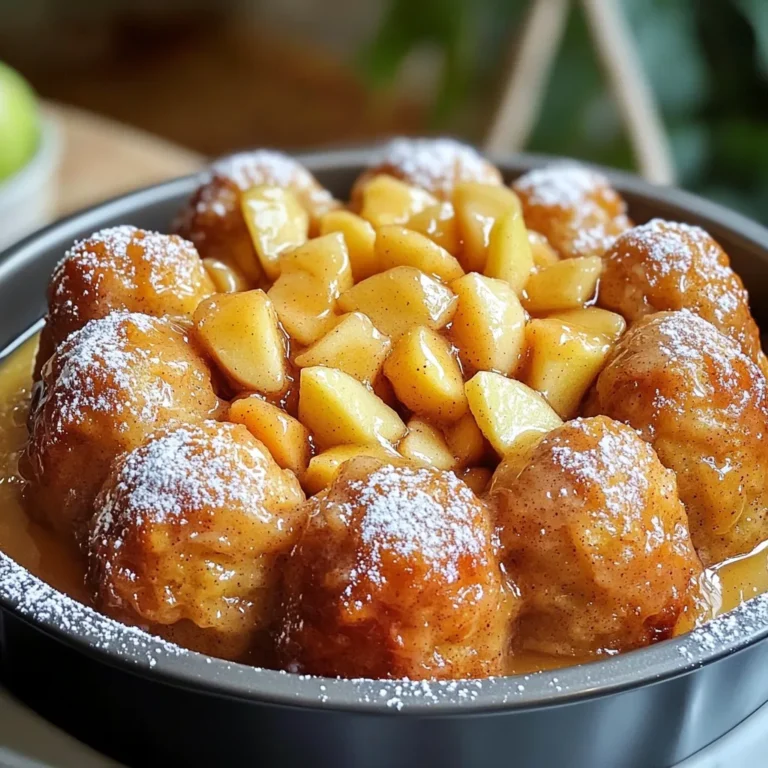 - 3 cans of refrigerated biscuit dough - 2 medium apples, peeled and diced (preferably Granny Smith or Honeycrisp) - 1 cup granulated sugar - 2 teaspoons ground cinnamon - ½ cup unsalted butter, melted - ½ cup brown sugar, packed - 1 teaspoon vanilla extract - ½ cup chopped pecans or walnuts (optional) - 1 tablespoon powdered sugar (for dusting) To make the best Apple Cinnamon Monkey Bread, you need these key ingredients. First, grab three cans of refrigerated biscuit dough. This dough is soft and easy to work with. It creates a fluffy texture in the bread. Next, choose two medium apples. Granny Smith or Honeycrisp apples work great. They add a nice tartness and crunch. You will also need sugar. Use one cup of granulated sugar and half a cup of brown sugar. The brown sugar adds a deep flavor. Don’t forget the spices! Two teaspoons of ground cinnamon and one teaspoon of vanilla extract will make your bread smell amazing. For a rich flavor, you will melt half a cup of unsalted butter. You can also add half a cup of chopped pecans or walnuts if you like nuts. Lastly, have some powdered sugar on hand for dusting. This makes the finished dish look pretty and sweet. With these ingredients, you're ready to create a delicious treat! 1. Preheat your oven to 350°F (175°C). Grease your Bundt pan with cooking spray or butter. This step helps the monkey bread come out easily after baking. 2. In a medium bowl, combine 1 cup of granulated sugar and 2 teaspoons of ground cinnamon. Mix them well until the color is uniform. This mixture will add sweetness and spice. 3. Open the cans of refrigerated biscuit dough. Cut each biscuit into quarters. You want to make them small enough to roll easily. 4. Roll each quarter into a ball. Then, coat the balls in the cinnamon-sugar mixture until they are well covered. This coating is what makes the doughy bites sweet and flavorful. 1. Start by layering half of the coated dough balls into the bottom of the greased Bundt pan. Make sure they fit snugly but leave some space for rising. 2. Next, add half of the diced apples on top of the dough balls. Granny Smith or Honeycrisp apples work best. Their tartness balances the sweetness. 3. If you like nuts, sprinkle half of the chopped pecans or walnuts over the apples. They add a nice crunch. 4. Now, drizzle half of the melted butter over this first layer. The butter will soak into the dough, adding richness. 5. Repeat this process. Add the remaining dough balls, apples, and nuts. Finish off with another drizzle of melted butter over the top. This ensures every bite is tasty. 1. Bake the monkey bread in the preheated oven for 30-35 minutes. You want the top to be golden brown. Check with a toothpick; it should come out clean. 2. Once baked, let the monkey bread cool for about 10 minutes. This cooling helps it firm up. 3. To serve, invert the Bundt pan onto a serving plate. The monkey bread should slide out easily. 4. Before serving, lightly dust the top with powdered sugar. This adds a lovely touch and makes it look great on your table. Serve warm for the best experience! Enjoy the gooey, sweet bites of apple cinnamon goodness. To ensure even baking, spread the dough balls evenly in the Bundt pan. This way, every piece bakes nicely. If you notice some areas are more crowded, they may not cook as well. You can use alternatives for biscuit dough. Try using frozen dough rolls or even homemade dough if you want a special touch. Each option brings a unique flavor to your monkey bread. I love serving this monkey bread warm. It tastes great with caramel sauce or cream cheese icing on the side. These toppings add extra sweetness and richness. To store leftovers, wrap the cooled monkey bread tightly in plastic wrap. You can also keep it in an airtight container. This helps keep it fresh for up to three days on your counter. If you want to save it longer, freeze it in slices for easy treats later. {{image_2}} You can switch up the flavors in your apple cinnamon monkey bread. Instead of apples, try using pears. They add a sweet and juicy twist. If you want something different, blueberries work well too. Their burst of flavor pairs nicely with the cinnamon. For a healthier option, consider using whole grain dough. This change adds fiber and nutrients while keeping the taste great. It can make your monkey bread a bit more wholesome without losing its fun. Seasonal ingredients can give your monkey bread a new life. In the fall, try adding pumpkin spice to the dough. This mix of flavors will remind you of cozy autumn days. It adds warmth and makes your kitchen smell amazing. During the holidays, spices like nutmeg and cloves can bring cheer. Just a pinch can transform your monkey bread into a festive treat. These spices add depth and warmth, perfect for holiday gatherings. To keep your apple cinnamon monkey bread fresh, start by letting it cool completely. Once cool, wrap it tightly in plastic wrap or place it in an airtight container. This helps maintain moisture and flavor. Store it in the fridge for up to three days. If you want to keep it longer, freezing is a great option. Cut the monkey bread into slices. Wrap each slice in plastic wrap, then place them in a freezer-safe bag. This helps prevent freezer burn. You can freeze it for up to three months. When you are ready to enjoy it again, remove a slice from the freezer. Let it thaw in the fridge overnight or at room temperature for a few hours. Reheat it in the oven at 350°F (175°C) for about 10 minutes, or until warm. You can also use the microwave, heating it for about 30 seconds to a minute. When stored in the fridge, apple cinnamon monkey bread lasts about three days. In the freezer, it can stay good for up to three months. Watch for signs of spoilage. If you see mold or an off smell, it’s best to toss it. Also, if the texture seems dry or hard, it may not taste great. Enjoy your monkey bread while it’s fresh for the best flavor and texture. How can I make monkey bread without nuts? You can easily skip the nuts in this recipe. Just follow the steps without adding pecans or walnuts. The bread will still taste great with the apples and cinnamon sugar! Can I use homemade dough instead of canned? Yes, you can use homemade dough. Just make sure it is soft and easy to work with. Roll it into small balls like the biscuit dough. This will give a nice, fresh taste. What are the best apples for this recipe? I recommend using Granny Smith or Honeycrisp apples. They add a nice tartness that pairs well with the sweet dough. Other apples like Fuji or Gala can work too, but they are sweeter. How do I reheat leftover monkey bread? To reheat, place the monkey bread in a warm oven at 350°F (175°C) for about 10 minutes. This will help it stay soft and tasty. You can also use the microwave for 20-30 seconds if you're in a hurry. You learned how to make tasty apple cinnamon monkey bread with simple steps. We covered key ingredients, including canned dough and Granny Smith apples. I shared tips for layering and baking to create a perfect dish. You can also explore variations and storage tips to enjoy this treat longer. Remember, this monkey bread is versatile; feel free to try new flavors. With these skills, you can impress your friends and family with your baking! Enjoy your delicious creation and make it your own.