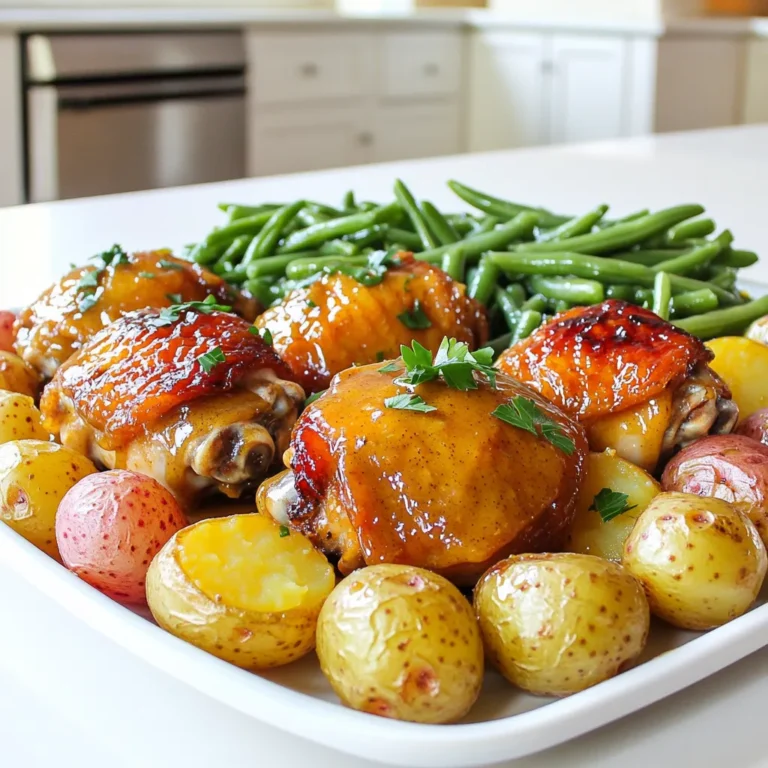 You will need four boneless, skinless chicken thighs. These thighs stay juicy and tender. They soak up the flavor well. If you prefer chicken breasts, you can use those too. The marinade gives our chicken that tasty zing. For this, gather: - 1/4 cup Dijon mustard - 1/4 cup pure maple syrup - 2 tablespoons olive oil - 2 cloves garlic, minced - 1 teaspoon salt - 1/2 teaspoon black pepper - 1 teaspoon dried thyme Whisk these ingredients together in a bowl. This mix combines sweet and tangy flavors. The garlic adds a nice kick too. We need vegetables for color and crunch. Grab: - 1 pound baby potatoes, halved - 1 pound green beans, trimmed The potatoes roast well and become soft inside. The green beans stay bright and crisp. You can also toss in other veggies if you like. Carrots or bell peppers work great! To start, gather your ingredients for the marinade. You need Dijon mustard, pure maple syrup, olive oil, minced garlic, salt, black pepper, and dried thyme. In a medium bowl, whisk them together. This mix gives the chicken a sweet and tangy taste. It’s simple yet full of flavor. Next, take the chicken thighs and place them in a large resealable plastic bag or a shallow dish. Pour the marinade over the chicken. Make sure all pieces are coated well. Seal the bag or cover the dish, then let it sit for at least 30 minutes. If you have time, marinate for up to 2 hours in the fridge. This step helps the chicken soak up all the tasty flavors. While the chicken marinates, prepare the vegetables. Take baby potatoes and cut them in half. In a large bowl, drizzle them with olive oil, adding a pinch of salt and pepper. Toss them around to coat. Spread the potatoes on a large sheet pan in a single layer. Roast them in a preheated oven at 425°F (220°C) for 15 minutes. After 15 minutes, take the pan out and add the marinated chicken thighs. Arrange the chicken among the potatoes. Roast for another 10 minutes. Now, it’s time to add the green beans. Toss them in with the chicken and potatoes. Roast everything for an additional 15-20 minutes. Check that the chicken reaches an internal temperature of 165°F (75°C). The veggies should be tender and slightly crispy. Once done, take the sheet pan out of the oven. Let it rest for a few minutes. If you like, garnish with fresh parsley before serving. Enjoy this easy, flavorful meal straight from the pan! To get the best flavor, always marinate the chicken. Use the Dijon mustard and maple syrup for a sweet and tangy taste. Let the chicken soak for at least 30 minutes, or up to 2 hours for deeper flavor. The longer it sits, the better it gets. You can also add herbs for extra zest. Fresh thyme works great, but dried thyme is fine too. To ensure your chicken cooks well, check the temperature. Cook until it reaches 165°F (75°C). Use a meat thermometer for accuracy. If you don’t have one, cut into the thickest part. The juice should run clear, not pink. Keep an eye on the cooking time. Chicken thighs are forgiving but not overcooked. For serving, keep it easy. I love serving this dish straight from the pan. It looks rustic and inviting. Garnish with fresh parsley for a pop of color. Pair it with a simple salad or crusty bread. This meal is complete, but feel free to add your favorite sides. Enjoy! {{image_2}} You can swap chicken for other proteins. Try using boneless turkey thighs or chicken breasts. Both cook well and soak up the flavor. For a plant-based option, use firm tofu. Just press it to remove extra water. Cut it into cubes before marinating. You can also use pork tenderloin. It pairs nicely with the mustard and maple. Mix up your veggies for a fresh twist. Try carrots or bell peppers for color. Zucchini and asparagus also add great taste. You can use broccoli or Brussels sprouts for a hearty option. Just remember to cut them into similar sizes for even cooking. The goal is to create a vibrant mix that enhances your meal. The sauce is key to this dish. You can change the flavors by adding spices. Try a bit of smoked paprika for a smoky kick. Want some heat? Add red pepper flakes or cayenne pepper. For a tangy twist, mix in a splash of apple cider vinegar. You can also replace half of the mustard with honey for a sweeter touch. These adjustments keep the dish exciting every time you make it. To store your leftovers, let the dish cool first. Place the chicken and veggies in an airtight container. Make sure to seal it well. You can keep it in the fridge for up to three days. If you want to keep it longer, freezing is the best option. When you're ready to eat the leftovers, you can reheat them. The best way is to use an oven. Preheat your oven to 350°F (175°C). Place the chicken and veggies on a baking sheet. Heat for about 15-20 minutes. This keeps them nice and juicy. You can also use a microwave. Heat in short bursts, stirring in between, until hot. To freeze the dish, wrap the chicken and veggies tightly. Use plastic wrap or aluminum foil. Then, place them in a freezer-safe bag. Label the bag with the date. You can freeze it for up to three months. When you're ready to eat, thaw it in the fridge overnight. Then, reheat as mentioned above. Enjoy your meal any day! Yes, you can use chicken breasts. Chicken breasts cook faster than thighs. They will be tasty, but may be drier. Thighs have more fat and stay juicy. If using breasts, check them early to avoid overcooking. You can marinate the chicken for at least 30 minutes. For more flavor, try marinating it for up to 2 hours. If you have more time, you can even marinate overnight. Just keep it in the fridge. This helps the flavors soak in well. This dish goes well with many sides. Here are a few ideas: - Steamed broccoli - Roasted carrots - Quinoa or rice - A fresh green salad These sides add color and flavor to your meal. Choose what you like best! This blog post laid out a simple process for making a great dish. We covered choosing chicken thighs, making the right marinade, and roasting veggies. I shared tips for rich flavor and perfect cooking. Plus, I detailed how to store leftovers and answered common questions. Remember, cooking is fun! Use these steps to create a meal your family will love. Don't be afraid to try new veggies or proteins. Enjoy your cooking journey!