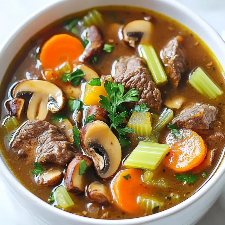 - 1.5 lbs beef chuck, cut into 1-inch cubes - 8 oz cremini mushrooms, sliced - 1 medium onion, diced - 3 cloves garlic, minced - 2 cups carrots, sliced - 2 cups celery, diced The main ingredients for this soup give it a rich taste and hearty feel. The beef chuck adds depth. It becomes tender and flavorful when cooked slowly. The cremini mushrooms bring in earthy notes. They pair well with beef. The onion and garlic make the base aromatic. Carrots and celery add sweetness and crunch. - 4 cups beef broth - 2 tablespoons Worcestershire sauce - 1 teaspoon dried thyme - 1 teaspoon dried rosemary - Salt and pepper to taste The seasonings and broth turn simple ingredients into a feast. Beef broth is the heart of this dish. It gives a warm and savory base. Worcestershire sauce enhances the umami flavor. Thyme and rosemary bring herbal notes. Salt and pepper help balance all the tastes. - 2 tablespoons cornstarch for thickening - ¼ cup fresh parsley, chopped (for garnish) If you want a thicker soup, use cornstarch. Mix it with water and add it in the last half hour. Fresh parsley adds color and freshness. It makes the soup more appealing. Try these optional ingredients for a fun twist! Browning the Beef Cubes First, heat 2 tablespoons of olive oil in a large skillet over medium-high heat. Add 1.5 lbs of beef chuck, cut into 1-inch cubes. Season the beef with salt and pepper. Brown the beef on all sides for about 5 to 7 minutes. This step adds great flavor! Transferring to the Slow Cooker Once browned, transfer the beef into your slow cooker. Make sure to scrape any bits from the skillet into the cooker. Those bits add even more taste. Cooking Onion and Garlic In the same skillet, add 1 medium diced onion and 3 cloves of minced garlic. Sauté them for about 3 minutes, until they are soft and fragrant. This brings out their sweetness. Adding to Slow Cooker After cooking, add the onion and garlic to the slow cooker with the beef. This mix will create a rich base for your soup. Mixing in the Other Vegetables Next, add 8 oz of sliced cremini mushrooms, 2 cups of sliced carrots, and 2 cups of diced celery to the slow cooker. These veggies add texture and flavor. Adding Broth and Seasonings Pour in 4 cups of beef broth. Then, add 2 tablespoons of Worcestershire sauce, 1 teaspoon of dried thyme, and 1 teaspoon of dried rosemary. Stir everything together well. Low and High Cooking Settings Cover the slow cooker and set it to cook. You can choose low for 6 to 8 hours or high for 3 to 4 hours. Both methods work well! Checking for Tenderness After the cooking time, check if the beef is tender. It should be easy to pull apart with a fork. If not, let it cook a bit longer. Incorporating Cornstarch Mixture If you want a thicker soup, mix 2 tablespoons of cornstarch with 2 tablespoons of cold water in a small bowl. Stir this mixture into the soup during the last 30 minutes of cooking. Adjusting Seasoning to Taste Before serving, taste the soup. Adjust the seasoning with more salt and pepper if needed. This step makes sure it’s just right. Ladling into Bowls When ready to serve, ladle the soup into bowls. It looks great and smells amazing! Garnishing with Parsley Finish by garnishing with ¼ cup of fresh chopped parsley. This adds a pop of color and freshness to your hearty soup. Enjoy! Choosing Quality Ingredients For great soup, start with good beef. I use 1.5 lbs of beef chuck. It has nice fat, which adds rich flavor. Next, select fresh cremini mushrooms. Their earthy taste makes the soup shine. Don't skip fresh vegetables. Use a medium onion, carrots, and celery. They add sweetness and depth. Proper Seasoning Techniques Season your beef well with salt and pepper before browning. This step locks in flavor. Use Worcestershire sauce and dried herbs, like thyme and rosemary. These ingredients bring warmth and aroma. Always taste your soup before serving. Adjust the salt and pepper if needed. Thickening Methods For a thicker soup, consider using cornstarch. Mix 2 tablespoons of cornstarch with cold water. Stir it in the soup during the last 30 minutes of cooking. This step adds a nice, hearty texture without making it too heavy. Adjusting Cooking Time Cooking time affects the soup's texture. For tender beef, cook on low for 6-8 hours. If short on time, high for 3-4 hours works too. Check for tenderness before serving. It should be fork-tender for the best bite. Slow Cooker Best Practices Always brown your beef first. This step adds flavor and color. Layer ingredients in the slow cooker. Start with beef, then add vegetables, and finish with broth. Don't lift the lid too often. This lets heat escape and can extend cooking time. Troubleshooting Common Issues If your soup is too salty, add more vegetables and broth. You can also add a bit of sugar to balance flavors. If it's too thin, stir in the cornstarch mixture. For a fresh finish, garnish with parsley just before serving. {{image_2}} You can switch up the protein in this soup. Try using chicken or pork for a lighter dish. Chicken breast works well, but be careful not to overcook it. For pork, use a shoulder cut for tenderness. If you want a vegetarian option, use hearty mushrooms and beans. Portobello mushrooms can mimic meat's texture. Add lentils or chickpeas for protein and fiber. These swaps give you a great taste without meat. You can play with spices to change the soup's flavor. Try adding paprika or cumin for warmth. A dash of cayenne can add heat if you like spice. Feel free to add different vegetables. Peas, bell peppers, or green beans can add color and taste. Just remember to chop them small so they cook evenly. This way, you can create a unique soup every time. For a creamy version, add dairy products like heavy cream. Stir it in during the last 30 minutes of cooking. This gives the soup a rich, smooth finish. If you want a non-dairy option, use coconut milk or cashew cream. These add creaminess without dairy. Just choose one that fits your diet. You'll enjoy a delicious soup, no matter your choice. To keep your soup fresh, use airtight containers. Glass containers work great. They are easy to clean and safe for the microwave. Plastic containers are also fine if they are BPA-free. Store your soup in the fridge for up to three days. You can reheat the soup in two ways. The microwave is quick and easy. Use a microwave-safe bowl and cover it slightly. Heat in short bursts and stir in between. The stovetop is another option. Pour the soup into a pot and heat over medium heat. Stir often to keep it from sticking. To maintain flavor, add a splash of broth or water. This helps if the soup thickened in storage. Taste and adjust seasoning again, if needed. To freeze the soup, let it cool first. Pour it into freezer-safe bags or containers. Leave some space at the top for expansion. Label the bags with the date. You can freeze the soup for up to three months. When you’re ready to eat, thaw it in the fridge overnight. You can also use the microwave for quick thawing. Heat it gently on the stove after thawing. Stir well and check the flavor before serving. You can keep this soup in the fridge for about three to four days. Make sure to store it in a sealed container. This helps keep it fresh and tasty. After that, the flavors might fade. Always check for any off smells before eating. Yes, you can make this soup ahead of time. It actually tastes better after a day in the fridge. The flavors mix and deepen. Just let it cool before you store it. When ready to eat, reheat it gently on the stove or in the microwave. This soup pairs well with crusty bread or a light salad. You can also serve it over rice or noodles. These sides help soak up the rich broth. Add a sprinkle of fresh herbs for extra flavor. Using frozen beef is possible, but it needs extra time. Make sure to thaw it first for even cooking. If you cook it from frozen, add an extra hour to the cooking time. Always check that the beef is tender before serving. In this post, I shared how to make delicious Slow Cooker Beef Mushroom Soup. We discussed key ingredients like beef chuck, cremini mushrooms, and vegetables. You learned step-by-step instructions for preparing the beef, sautéing veggies, and combining everything. I also offered ways to enhance flavor and texture. Overall, this soup is easy and full of taste. Try it with different proteins or spices for fun twists. With simple tips, you can store leftovers and enjoy them later. I hope you create a great meal that warms your heart. Happy cooking!