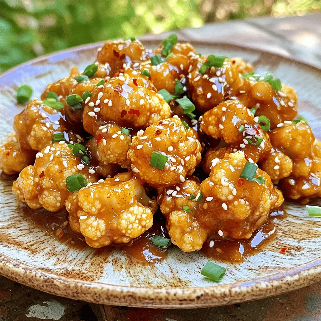 - Cauliflower florets - Cornstarch - Vegetable oil - Soy sauce - Rice vinegar - Sugar (brown or white) - Sesame oil - Minced garlic - Grated ginger - Red pepper flakes - Scallions and sesame seeds The main ingredients for this dish start with cauliflower florets. I love using a medium head of cauliflower, cut into bite-sized pieces. This makes the dish easy to eat and helps it cook evenly. Next, we need cornstarch. It gives the cauliflower that nice crispy coating. The cornstarch helps to create a crunchy outside while keeping the inside tender. For frying, vegetable oil works best. It has a high smoke point, making it perfect for frying. You will need about half a cup to get that cauliflower golden and crispy. Now, let’s talk about the sauce. Soy sauce adds depth and umami flavor. I use three tablespoons, but you can adjust this to your taste. Rice vinegar gives a tangy kick. Two tablespoons provide a nice balance to the dish. Sugar, either brown or white, adds sweetness. I prefer brown sugar for its rich flavor. Just two tablespoons will do the trick. Lastly, sesame oil adds a nutty aroma. One tablespoon enhances the overall taste. Aromatics are essential. Minced garlic and grated ginger bring warmth and richness. I use two cloves of garlic and one tablespoon of ginger. For some heat, I add red pepper flakes. Start with half a teaspoon and adjust to your liking. Finally, garnishes like chopped scallions and sesame seeds make your dish pop. They add color and freshness. Just a tablespoon of scallions and a sprinkle of sesame seeds will elevate your General Tso’s Cauliflower. This combination of ingredients makes a delightful and flavorful dish that is easy to prepare and sure to impress. First, rinse the cauliflower under cold water. This helps remove dirt. Next, cut the cauliflower into small florets. Aim for bite-sized pieces. After cutting, pat the florets dry with a paper towel. This step is key to getting them crispy later. In a large bowl, pour in the cornstarch. Toss the dry florets in the cornstarch until each piece is coated. Shake off any extra cornstarch. To fry, heat the vegetable oil in a deep pan over medium-high heat. Wait until it is shimmering, about 350°F (175°C). Now, carefully add the coated florets in small batches. Fry them for about 5-6 minutes. Look for a golden brown color. Use a slotted spoon to take them out and drain on paper towels. In another pan, add a small splash of oil and heat it over medium heat. Add the minced garlic, grated ginger, and red pepper flakes. Sauté these for about 30 seconds until you smell the aroma. Next, mix in the soy sauce, rice vinegar, sugar, and sesame oil. Stir this for 1-2 minutes until the sauce thickens a bit. Finally, add the crispy cauliflower to the sauce. Toss gently to coat each floret well. Let them cook together for one more minute to soak up all the flavors. To get your cauliflower crispy, follow these steps: - Frying Technique: Heat your oil to about 350°F (175°C). This helps create a crunchy texture. - Drying Florets: Pat your cauliflower florets dry with a paper towel. Removing moisture is key to crispiness. Wet florets won’t fry well. You can easily change the taste of your dish: - Modifying Spice Levels: Add more red pepper flakes if you like heat. Start with half a teaspoon and adjust as needed. - Sweetness Adjustments: Use brown sugar for a deeper flavor. White sugar works too, but brown adds richness. Make your dish look as good as it tastes: - Garnishing Ideas: Top your cauliflower with chopped scallions and sesame seeds. This adds color and crunch. - Serving Suggestions: Serve it on a beautiful platter. This makes it more appealing and fun to eat. {{image_2}} You can easily make General Tso’s cauliflower vegan. Simply swap the soy sauce for a gluten-free version if needed. Use agave syrup instead of sugar for a plant-based sweetener. This keeps the dish tasty without any animal products. You can cook this dish in several ways. If you want a lighter option, try air frying the cauliflower. It cuts the oil but still gives you a nice crunch. Baking is also a great method. Just toss the florets with oil and cornstarch, then bake them at 400°F until golden. Feel free to mix in more veggies. Broccoli or bell peppers add color and crunch. You can also try adding a splash of sriracha for extra heat. If you want a twist on the sauce, add some orange juice for a citrus kick. These little changes can make the dish unique each time. To keep your General Tso’s cauliflower fresh, store it in the fridge. Use an airtight container. Make sure it cools to room temperature before sealing. This helps keep it crisp. Enjoy your leftovers within three days for the best taste. To reheat and keep the cauliflower crispy, use an oven. Preheat it to 350°F (175°C). Spread the cauliflower on a baking sheet. Bake for about 10 minutes until hot. You can also use an air fryer. Set it to 350°F (175°C) and cook for 5-7 minutes. If you want to freeze General Tso’s cauliflower, first let it cool. Then, place it in a freezer-safe bag. Remove as much air as possible. It can last up to three months in the freezer. To reheat, thaw in the fridge overnight. Then, follow the reheating tips above for the best results. Yes, you can use frozen cauliflower. Just thaw it first and pat it dry. This helps get rid of extra water. Then, coat it with cornstarch as you would with fresh cauliflower. Keep in mind that frozen cauliflower may not get as crispy as fresh. You know the cauliflower is cooked when it turns golden brown. It should feel crispy on the outside and tender inside. Fry it for about 5-6 minutes. You can check by tasting a piece to see if it's soft and flavorful. General Tso’s cauliflower pairs well with several side dishes. Here are some tasty options: - Steamed rice or fried rice - Stir-fried vegetables - Asian slaw - Noodles like lo mein or rice noodles These dishes balance the flavors and add more texture to your meal. Yes, General Tso’s cauliflower can be gluten-free. Use gluten-free soy sauce instead of regular soy sauce. All other ingredients in the recipe are naturally gluten-free. Always check labels to ensure they meet your dietary needs. In this article, I shared how to make General Tso’s Cauliflower, from ingredients to cooking. You learned about key ingredients like cauliflower, soy sauce, and rice vinegar. I also covered tips for crispy texture and various preparation methods. Remember, cooking can be fun and creative! Feel free to mix flavors or try different vegetables. Enjoy your journey with this tasty dish, and share your results with others. Happy cooking!