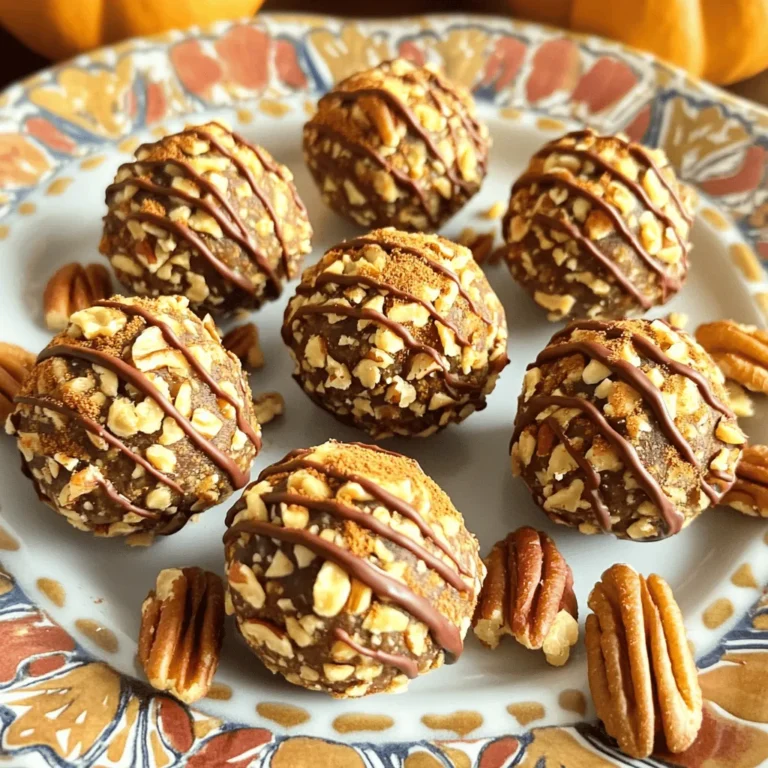 - 1 cup pumpkin puree - 1 cup almond flour - 1/2 cup powdered sugar - 2 teaspoons pumpkin pie spice - 1 teaspoon vanilla extract - 1/4 cup chopped pecans or walnuts - 1/4 cup dark chocolate chips (optional) To make these truffles, you need simple ingredients. Pumpkin puree gives them a rich flavor. Almond flour adds a nice texture. Powdered sugar sweetens the truffles perfectly. Pumpkin pie spice brings warmth and comfort. Vanilla extract enhances the taste. Chopped nuts add a crunchy coat. You can add dark chocolate for extra decadence. - For gluten-free options, use coconut or oat flour. - If you need nut-free, try sunflower seed flour. - For sugar substitutes, consider using stevia or erythritol. You can easily change ingredients to fit your needs. Gluten-free eaters can swap flour types without losing flavor. Nut allergies? Use safe seed flour instead. Want to cut sugar? Go for a healthier sweetener. These swaps keep the truffles tasty and enjoyable for everyone. First, grab a large mixing bowl. Add 1 cup of pumpkin puree. Then, mix in 1 cup of almond flour. Next, pour in 1/2 cup of powdered sugar and 2 teaspoons of pumpkin pie spice. Lastly, add 1 teaspoon of vanilla extract. Stir everything well. You want a dough-like consistency that holds together. If your mixture feels too sticky, sprinkle in a bit more almond flour. Mix it again until it is manageable. This step ensures your truffles will roll nicely. Now, it’s time to shape the truffles. Scoop about a tablespoon of the mixture with your hands. Roll it into a smooth ball. Make sure to keep your hands clean. Repeat this until you use all the mixture. You should have about 12 truffles when you finish. If the mixture sticks to your hands, don’t worry! Just dust your hands with a little almond flour. This will make rolling easier and less messy. Next, let’s coat the truffles. Take your chopped pecans or walnuts and place them in a shallow bowl. Roll each truffle in the nuts, covering them well. This adds a nice crunch and flavor. If you want to add a chocolate drizzle, melt 1/4 cup of dark chocolate chips. Use a microwave-safe bowl. Heat the chocolate in 30-second bursts, stirring in between. Once smooth, drizzle the chocolate over your truffles or dip just the tops. Finally, place the truffles on a parchment-lined plate. Refrigerate them for at least 30 minutes to set. Enjoy these delightful treats! Refrigerate the truffles for at least 30 minutes before serving. This helps them firm up nicely. For a fun presentation, use a decorative plate. You can sprinkle some pumpkin spice or cocoa powder on top. Arrange whole pecans or walnuts around the truffles for a rustic touch. They look great at fall gatherings or as a sweet treat any time. Want to add more flavor? Try including a pinch of cinnamon or nutmeg. You can also use almond or maple extract for a twist. If you prefer sweeter truffles, add more powdered sugar to the mix. Just taste as you go to find what you like best. To get the right texture, your mixture should be dough-like but not too sticky. If it feels too sticky, add more almond flour a little at a time. This helps you roll the truffles easily. When working with sticky mixtures, wet your hands slightly. This will help prevent the mixture from sticking to your fingers. {{image_2}} You can spice up these truffles in fun ways. Try different spice blends to give unique flavors. For a twist, use cinnamon or nutmeg. You can also add extracts like almond or maple to boost the taste. Each change can create a new treat. Want to add more texture? Include dried fruits like cranberries or apricots. They add sweetness and chewiness. You can also use different nuts or seeds. Try almonds, cashews, or sunflower seeds for a crunchy surprise. These mix-ins make your truffles even more special. When it comes to chocolate, you have choices. Use white chocolate for a sweet contrast. Dark chocolate adds a rich, bold flavor. You can even flavor the chocolate drizzle with spices for added fun. Each option gives a new look and taste to your truffles. You can store your No Bake Pumpkin Spice Truffles in the fridge for about one week. Just keep them in an airtight container. If you want to keep them longer, you can freeze them. They last for up to three months in the freezer. To freeze, place the truffles in a single layer on a tray. Once frozen, transfer them to a freezer-safe bag or container. Using airtight containers is key. They help keep moisture out and maintain flavor. When you store your truffles, make sure to label them. Write the date you made them. This way, you’ll know when they were made and can enjoy them at their best. No Bake Pumpkin Spice Truffles last about one week in the fridge. Store them in an airtight container. If you freeze them, they can last up to three months. Just remember to let them thaw in the fridge before eating. Yes, you can make these truffles vegan. Use maple syrup instead of powdered sugar. Replace dark chocolate chips with dairy-free chocolate. Ensure your almond flour is also vegan-friendly. Serve these truffles chilled on a decorative plate. You can sprinkle some pumpkin spice or cocoa powder on top for flair. For a fun touch, place whole pecans or walnuts around them. They look lovely at fall gatherings or any dessert table. Yes, you can use fresh pumpkin. Just make sure to cook it and puree it well. Drain any excess water to avoid a runny mixture. Canned pumpkin is often more convenient, but fresh gives a great taste, too. Absolutely! These truffles are gluten-free. They use almond flour, which is safe for those with gluten issues. Always check the labels of your ingredients to be sure they meet your dietary needs. In this blog post, we covered how to make delicious No Bake Pumpkin Spice Truffles. We explored the key ingredients, helpful tips, and easy variations to enhance your truffles. Remember, you can customize flavors and tweak the recipe to fit your needs. These treats are great for gatherings or just a tasty snack. Enjoy experimenting in the kitchen and sharing your creations. No matter how you make them, these truffles are bound to impress!