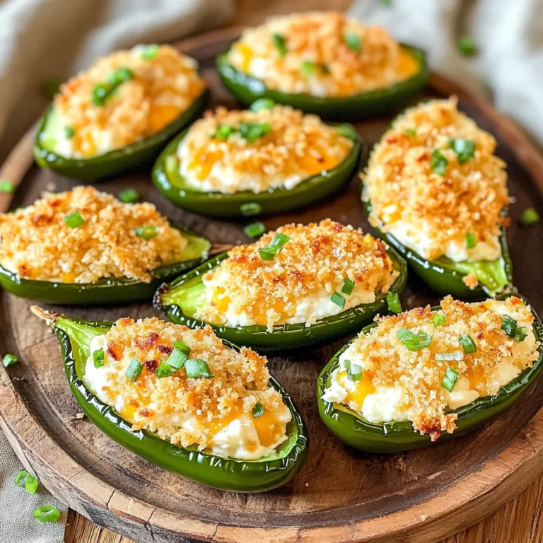- 10 fresh jalapeños, halved and seeded - 1 cup cream cheese, softened - 1/2 cup shredded cheddar cheese - 1/4 cup shredded mozzarella cheese - 2 tablespoons green onion, finely chopped - 1/2 cup breadcrumbs (optional, for topping) You need fresh jalapeños for the best flavor. Halving and seeding them makes them less spicy. I like to mix cream cheese, cheddar, and mozzarella for a rich taste. The green onion adds a nice crunch and fresh flavor. If you want a crispy texture, breadcrumbs on top work great. - 1 teaspoon garlic powder - 1/2 teaspoon smoked paprika - Salt and pepper to taste Garlic powder gives a strong flavor. Smoked paprika adds a hint of smokiness. Don't forget salt and pepper to taste. These spices make each bite burst with flavor. - Air fryer - Mixing bowl - Spoon for filling You need an air fryer to cook these poppers quickly and evenly. A mixing bowl helps you combine the cheese mix easily. A spoon is perfect for filling each jalapeño half. Keep these tools handy for a smooth cooking process. Preheat your air fryer to 375°F (190°C). This should take about 5 minutes. Preheating helps to cook the jalapeños evenly and gives them a nice crunch. Next, take 10 fresh jalapeños. Cut each one in half lengthwise. Use a spoon to scoop out the seeds and membranes. This step reduces the heat, making them milder and easier to eat. In a mixing bowl, combine the following ingredients: - 1 cup cream cheese, softened - 1/2 cup shredded cheddar cheese - 1/4 cup shredded mozzarella cheese - 2 tablespoons green onion, finely chopped - 1 teaspoon garlic powder - 1/2 teaspoon smoked paprika - Salt and pepper to taste Mix everything until it is smooth and well-blended. You want a creamy filling that will stick well to the jalapeños. Now it's time to fill the jalapeños. Take a spoon and pack the cheese mixture into each half. Make sure to fill them generously. You want each bite to be loaded with cheesy goodness. Place the stuffed jalapeños in the air fryer basket. Keep them in a single layer so they cook evenly. Cook for about 10-12 minutes. The cheese should be bubbly, and the jalapeños should feel tender. Check them a bit early to avoid overcooking. Enjoy the crispy, flavorful treat that is sure to impress! To get that crunchy texture, use breadcrumbs. They add a nice bite. You can mix them with a bit of olive oil spray. This helps them brown perfectly in the air fryer. Lightly spray the poppers before cooking. This small step makes a big difference in crispiness. Garnish your jalapeño poppers with chopped green onions. They add color and flavor. A drizzle of sour cream also works well. It gives a creamy touch. You can serve them with salsa or guacamole for extra fun. These dips enhance the overall taste and make for a great party snack. One big mistake is overcrowding the air fryer. Keep the jalapeños in a single layer. This allows hot air to circulate. When they are too close, they won’t cook evenly. If you have many poppers, fry them in batches. This way, each popper gets the crispy texture you want. {{image_2}} You can mix up the cheeses in your jalapeño poppers. While cream cheese and cheddar are classic choices, try different kinds. Here are some ideas: - Goat cheese: It adds a tangy flavor. - Pepper jack: This brings a spicy kick. - Feta cheese: It gives a nice crumbly texture. Feel free to blend these cheeses with mozzarella for a creamy filling. You can experiment until you find your perfect match. Want your poppers milder? Simply remove all the seeds and membranes. This cuts down on the heat. You can also: - Add more cream cheese to balance the spice. - Use sweet peppers instead of jalapeños. If you like it hot, keep the seeds in. Try adding diced jalapeños or hot sauce to the cheese mix. Adjust the spice to make it just right for you. You can easily make jalapeño poppers for different diets. For a vegetarian option, just skip the meat and stick to the cheese mix. If you want a vegan version, try these swaps: - Use vegan cream cheese instead of regular cream cheese. - Replace dairy cheese with nut-based cheese or vegan cheese shreds. - Use flax eggs or silken tofu to help bind the filling. These swaps let everyone enjoy a tasty popper! To keep your leftover jalapeño poppers fresh, place them in an airtight container. Make sure they cool down first. Store the container in the fridge. They will stay fresh for up to three days. You can also wrap them tightly in plastic wrap or foil. This extra layer helps keep them from drying out. To reheat your jalapeño poppers, use the air fryer for best results. Preheat the air fryer to 350°F (175°C). Place the poppers in the basket without overcrowding. Heat for about 5 to 7 minutes. This keeps them crispy and warm. You can also use an oven. Set it to 350°F (175°C) and bake for 10 to 15 minutes. If you want to freeze jalapeño poppers, follow these steps: 1. Let the poppers cool completely. 2. Place them on a baking sheet in a single layer. 3. Freeze them for about 1 to 2 hours until solid. 4. Once frozen, transfer them to a freezer-safe bag. 5. Label the bag with the date and contents. They will last for about three months in the freezer. When you want to eat them, cook straight from frozen. Just add a few extra minutes to the cooking time in the air fryer. Yes, you can prepare your jalapeño poppers ahead of time. You can stuff the jalapeños and keep them in the fridge for up to 24 hours. This makes meal prep easy and quick. Just remember to spray them with olive oil before air frying. This way, they will turn out crispy and delicious. Your jalapeño poppers are done when the cheese is bubbly and the jalapeños are tender. The air fryer should cook them for about 10-12 minutes at 375°F. Keep an eye on them, as all air fryers can cook a bit differently. If you see golden-brown tops, they are likely ready. Yes, you can use frozen jalapeños. However, thaw them first and pat them dry. This helps remove excess moisture. This way, your poppers will stay crispy. Frozen jalapeños may also be a bit softer, so adjust your cooking time if needed. Many sauces pair well with jalapeño poppers. Some great options include: - Sour cream - Ranch dressing - Guacamole - Salsa - BBQ sauce Feel free to experiment and find your favorite dipping sauce! To make delicious jalapeño poppers, you need fresh jalapeños, a creamy cheese mix, and spices. We covered step-by-step instructions for preparing, filling, and air frying them. Remember to avoid overcrowding the air fryer for the best crispiness. Don’t forget the fun variations and tips to store any leftovers. With these simple ideas, you can impress anyone with tasty poppers. Enjoy experimenting with flavors and serving them at your next gathering! Your new recipe is sure to be a hit.