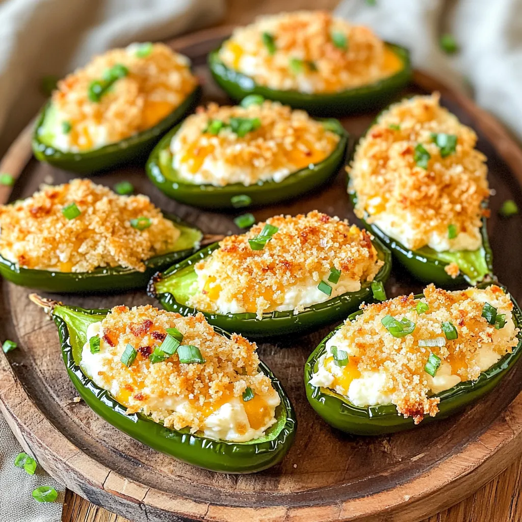 - 10 fresh jalapeños, halved and seeded - 1 cup cream cheese, softened - 1/2 cup shredded cheddar cheese - 1/4 cup shredded mozzarella cheese - 2 tablespoons green onion, finely chopped - 1/2 cup breadcrumbs (optional, for topping) You need fresh jalapeños for the best flavor. Halving and seeding them makes them less spicy. I like to mix cream cheese, cheddar, and mozzarella for a rich taste. The green onion adds a nice crunch and fresh flavor. If you want a crispy texture, breadcrumbs on top work great. - 1 teaspoon garlic powder - 1/2 teaspoon smoked paprika - Salt and pepper to taste Garlic powder gives a strong flavor. Smoked paprika adds a hint of smokiness. Don't forget salt and pepper to taste. These spices make each bite burst with flavor. - Air fryer - Mixing bowl - Spoon for filling You need an air fryer to cook these poppers quickly and evenly. A mixing bowl helps you combine the cheese mix easily. A spoon is perfect for filling each jalapeño half. Keep these tools handy for a smooth cooking process. Preheat your air fryer to 375°F (190°C). This should take about 5 minutes. Preheating helps to cook the jalapeños evenly and gives them a nice crunch. Next, take 10 fresh jalapeños. Cut each one in half lengthwise. Use a spoon to scoop out the seeds and membranes. This step reduces the heat, making them milder and easier to eat. In a mixing bowl, combine the following ingredients: - 1 cup cream cheese, softened - 1/2 cup shredded cheddar cheese - 1/4 cup shredded mozzarella cheese - 2 tablespoons green onion, finely chopped - 1 teaspoon garlic powder - 1/2 teaspoon smoked paprika - Salt and pepper to taste Mix everything until it is smooth and well-blended. You want a creamy filling that will stick well to the jalapeños. Now it's time to fill the jalapeños. Take a spoon and pack the cheese mixture into each half. Make sure to fill them generously. You want each bite to be loaded with cheesy goodness. Place the stuffed jalapeños in the air fryer basket. Keep them in a single layer so they cook evenly. Cook for about 10-12 minutes. The cheese should be bubbly, and the jalapeños should feel tender. Check them a bit early to avoid overcooking. Enjoy the crispy, flavorful treat that is sure to impress! To get that crunchy texture, use breadcrumbs. They add a nice bite. You can mix them with a bit of olive oil spray. This helps them brown perfectly in the air fryer. Lightly spray the poppers before cooking. This small step makes a big difference in crispiness. Garnish your jalapeño poppers with chopped green onions. They add color and flavor. A drizzle of sour cream also works well. It gives a creamy touch. You can serve them with salsa or guacamole for extra fun. These dips enhance the overall taste and make for a great party snack. One big mistake is overcrowding the air fryer. Keep the jalapeños in a single layer. This allows hot air to circulate. When they are too close, they won’t cook evenly. If you have many poppers, fry them in batches. This way, each popper gets the crispy texture you want. {{image_2}} You can mix up the cheeses in your jalapeño poppers. While cream cheese and cheddar are classic choices, try different kinds. Here are some ideas: - Goat cheese: It adds a tangy flavor. - Pepper jack: This brings a spicy kick. - Feta cheese: It gives a nice crumbly texture. Feel free to blend these cheeses with mozzarella for a creamy filling. You can experiment until you find your perfect match. Want your poppers milder? Simply remove all the seeds and membranes. This cuts down on the heat. You can also: - Add more cream cheese to balance the spice. - Use sweet peppers instead of jalapeños. If you like it hot, keep the seeds in. Try adding diced jalapeños or hot sauce to the cheese mix. Adjust the spice to make it just right for you. You can easily make jalapeño poppers for different diets. For a vegetarian option, just skip the meat and stick to the cheese mix. If you want a vegan version, try these swaps: - Use vegan cream cheese instead of regular cream cheese. - Replace dairy cheese with nut-based cheese or vegan cheese shreds. - Use flax eggs or silken tofu to help bind the filling. These swaps let everyone enjoy a tasty popper! To keep your leftover jalapeño poppers fresh, place them in an airtight container. Make sure they cool down first. Store the container in the fridge. They will stay fresh for up to three days. You can also wrap them tightly in plastic wrap or foil. This extra layer helps keep them from drying out. To reheat your jalapeño poppers, use the air fryer for best results. Preheat the air fryer to 350°F (175°C). Place the poppers in the basket without overcrowding. Heat for about 5 to 7 minutes. This keeps them crispy and warm. You can also use an oven. Set it to 350°F (175°C) and bake for 10 to 15 minutes. If you want to freeze jalapeño poppers, follow these steps: 1. Let the poppers cool completely. 2. Place them on a baking sheet in a single layer. 3. Freeze them for about 1 to 2 hours until solid. 4. Once frozen, transfer them to a freezer-safe bag. 5. Label the bag with the date and contents. They will last for about three months in the freezer. When you want to eat them, cook straight from frozen. Just add a few extra minutes to the cooking time in the air fryer. Yes, you can prepare your jalapeño poppers ahead of time. You can stuff the jalapeños and keep them in the fridge for up to 24 hours. This makes meal prep easy and quick. Just remember to spray them with olive oil before air frying. This way, they will turn out crispy and delicious. Your jalapeño poppers are done when the cheese is bubbly and the jalapeños are tender. The air fryer should cook them for about 10-12 minutes at 375°F. Keep an eye on them, as all air fryers can cook a bit differently. If you see golden-brown tops, they are likely ready. Yes, you can use frozen jalapeños. However, thaw them first and pat them dry. This helps remove excess moisture. This way, your poppers will stay crispy. Frozen jalapeños may also be a bit softer, so adjust your cooking time if needed. Many sauces pair well with jalapeño poppers. Some great options include: - Sour cream - Ranch dressing - Guacamole - Salsa - BBQ sauce Feel free to experiment and find your favorite dipping sauce! To make delicious jalapeño poppers, you need fresh jalapeños, a creamy cheese mix, and spices. We covered step-by-step instructions for preparing, filling, and air frying them. Remember to avoid overcrowding the air fryer for the best crispiness. Don’t forget the fun variations and tips to store any leftovers. With these simple ideas, you can impress anyone with tasty poppers. Enjoy experimenting with flavors and serving them at your next gathering! Your new recipe is sure to be a hit.