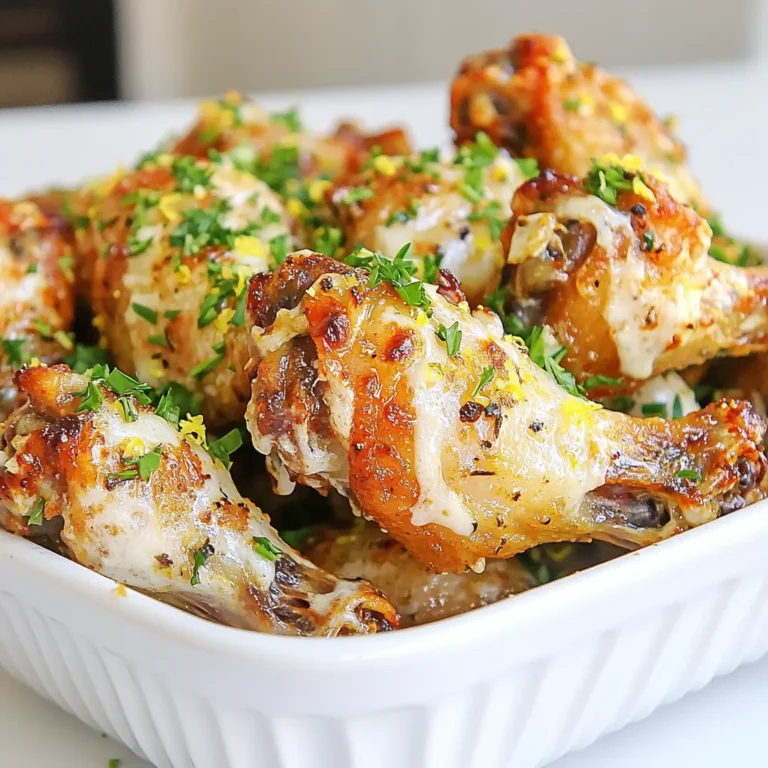 - 2 lbs chicken wings - 1 tablespoon olive oil - 1 teaspoon garlic powder - 1 teaspoon onion powder - 1/2 teaspoon smoked paprika - Salt and black pepper to taste - 1/2 cup grated Parmesan cheese - 2 tablespoons fresh parsley, chopped - Zest of 1 lemon For these garlic Parmesan wings, start with fresh chicken wings. I love using 2 pounds, but you can adjust based on how many you feed. Next, grab some olive oil. Just one tablespoon helps the seasonings stick and gives a nice crisp. Now, let’s add flavor. You’ll need garlic powder and onion powder. One teaspoon of each brings warmth. Smoked paprika adds a nice depth with just half a teaspoon. Don’t forget salt and black pepper to taste! For the tasty finish, we’ll use half a cup of grated Parmesan cheese. This cheese melts beautifully and makes the wings even more delicious. Add in two tablespoons of fresh parsley, chopped, for a pop of color and fresh taste. Finally, the zest of one lemon brightens the whole dish. These ingredients come together for wings you will love. They are perfect for game day or any casual gathering. First, I start by coating the wings. In a large bowl, add the chicken wings. Pour in one tablespoon of olive oil. Then, sprinkle one teaspoon of garlic powder, one teaspoon of onion powder, and half a teaspoon of smoked paprika. Add salt and black pepper to taste. Toss the wings well. You want every wing to be covered in the seasonings. Next, it's time to prepare the air fryer. Preheat it to 400°F (200°C). This step usually takes about five minutes. A hot air fryer helps the wings cook evenly and get that nice crispy texture. Now, let’s cook the wings. Place them in the air fryer basket. Make sure they are in a single layer. This spacing helps them cook properly. If your air fryer is small, you might need to cook in batches. Cook the wings for 25 to 30 minutes. At the halfway mark, flip them over. This flip allows both sides to get crispy and golden brown. Keep an eye on them towards the end to ensure they do not burn. Once the wings are done, transfer them to a large mixing bowl. Immediately sprinkle half a cup of grated Parmesan cheese on top. Then add two tablespoons of chopped parsley and the zest of one lemon. Toss the wings gently to coat them with the toppings. For serving, I suggest hot wings with some tasty dipping sauces. Ranch or blue cheese work great. Enjoy your crispy garlic parmesan wings! To get crispy wings, never overcrowd the air fryer. If you pile them in, they steam instead of crisp. Cook in batches if your air fryer is small. Set your air fryer to 400°F (200°C) for best results. Cook the wings for 25 to 30 minutes. Flip them halfway through for even cooking and browning. Want to add some heat? Mix in cayenne pepper or your favorite hot sauce. This gives the wings a nice kick. You can also try fresh herbs or different spices. Rosemary or thyme can add a new twist to the flavor. Garlic Parmesan wings pair well with many sides. Think crispy fries or fresh veggies. For dipping sauces, ranch and blue cheese work great. You can also try a spicy mayo for extra zing. Serve everything together to impress your guests! {{image_2}} You can change how you cook garlic parmesan wings. One option is oven-baking. For this, preheat your oven to 425°F. Spread the coated wings on a baking sheet. Bake for 30-35 minutes, flipping halfway. This method gives you crispy wings without an air fryer. Another fun way is grilling. Grilling adds a smoky flavor. Heat your grill to medium-high. Place the wings on the grill and cook for 20-25 minutes. Flip them often for even cooking. You’ll get delicious wings with a nice char. You can switch up the cheese in this recipe. Try using asiago or pecorino. Each cheese adds a unique taste. This way, you can test new flavors. If you want a healthier option, swap chicken wings for cauliflower wings. Cut cauliflower into bite-sized pieces. Coat them with your seasonings just like the chicken. Air fry them for 15-20 minutes. You still get a tasty dish with fewer calories. For a sweet and spicy kick, add honey and cayenne pepper to the mix. Toss the wings in honey before cooking. After frying, sprinkle cayenne on top. You’ll enjoy a fun flavor balance. You can also add citrus zest for a fresh twist. Mix lemon or orange zest into the Parmesan. This gives your wings a bright and zesty flavor. It’s perfect for summer gatherings or outdoor parties. To keep your garlic parmesan wings fresh, store them in an airtight container. Place a layer of paper towels at the bottom to absorb moisture. This keeps the wings crispy. Refrigerate them within two hours of cooking. They will stay good for up to three days. To reheat wings, use the air fryer for the best results. Set it to 350°F (175°C) and cook for 5-10 minutes. This restores the crispiness. You can also use an oven. Preheat to 350°F and bake for 10-15 minutes. Check on them to avoid drying out. If you want to save wings for later, freezing is a great option. First, let them cool completely. Then, wrap each wing in plastic wrap. Place wrapped wings in a freezer bag. Remove as much air as possible. This prevents freezer burn. Cooked wings can last up to three months in the freezer. When you’re ready to eat them, thaw wings in the fridge overnight. For faster thawing, you can use cold water. Seal the wings in a bag, then submerge it in cold water for about an hour. After thawing, reheat in the air fryer at 350°F for 10-15 minutes. In the fridge, your wings will stay fresh for about three days. In the freezer, they last up to three months. Always check for signs of spoilage. If wings smell off or look discolored, it's best to toss them. Keeping track of storage duration helps you enjoy them at their best. To make garlic parmesan wings, start by mixing 2 lbs of chicken wings with 1 tablespoon of olive oil, 1 teaspoon of garlic powder, 1 teaspoon of onion powder, and 1/2 teaspoon of smoked paprika. Add salt and black pepper to taste. Preheat your air fryer to 400°F (200°C) for about 5 minutes. Place the wings in the air fryer basket in a single layer. Cook the wings for 25-30 minutes, flipping them halfway through. Once done, toss the wings with 1/2 cup of grated Parmesan cheese, 2 tablespoons of chopped parsley, and the zest of 1 lemon. Serve them hot. Yes, you can use frozen wings. However, you should adjust the cooking time. Cook them for about 30-35 minutes at 400°F (200°C). Make sure to check if they are cooked through. If you can, season them before cooking. It helps the flavors stick better. For best results, let frozen wings sit for 10 minutes after cooking for crispiness. If you need a substitute for Parmesan cheese, try using Pecorino Romano. It has a similar taste but is saltier. For a vegan option, use nutritional yeast. It gives a cheesy flavor without dairy. You can also try using shredded mozzarella for a milder taste. In this post, we explored how to make delicious garlic parmesan wings. We looked at key ingredients, cooking steps, and tips for crispy results. I shared ways to tweak flavors and suggested sides and sauces. You now know how to store and reheat leftovers, plus answers to common questions. Enjoy making these wings with your own twists. Cooking can be fun and rewarding, so let your creativity shine!