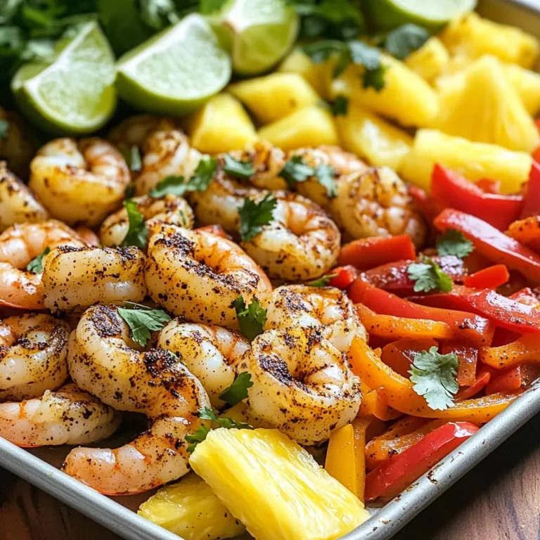 - 1 lb large shrimp, deveined and peeled - 1 ripe pineapple, peeled, cored, and cut into 1-inch chunks - 1 red bell pepper, sliced - 1 yellow bell pepper, sliced - 1 red onion, sliced - 2 tablespoons olive oil - 2 teaspoons paprika - 1 teaspoon garlic powder - 1 teaspoon onion powder - 1 teaspoon cayenne pepper (adjust for heat) - 1 teaspoon dried oregano - Salt and pepper to taste - Fresh cilantro, chopped (for garnish) - Lime wedges (for serving) Gather these ingredients and get ready to create a dish that bursts with flavor. Large shrimp serve as the main star of this dish. They soak up the bold spices well, giving you a tasty bite. The ripe pineapple adds a sweet contrast that balances the heat from the blackening seasoning. Bell peppers and red onion bring color and crunch. Their taste pairs beautifully with the shrimp and pineapple. The seasoning blend adds depth. Paprika, garlic powder, onion powder, cayenne pepper, and oregano work together to create a warm, spicy kick. Olive oil helps everything cook evenly while adding richness to the dish. Fresh cilantro and lime wedges are perfect for garnishing. They add a fresh touch that brightens every bite. This mix of ingredients guarantees a flavorful meal that is both exciting and satisfying. 1. Preheating the oven: Start by preheating your oven to 425°F (220°C). This step is key for cooking the shrimp and veggies evenly. While the oven heats, line a large sheet pan with parchment paper. This makes cleaning much easier. 2. Preparing the blackening seasoning: In a small bowl, mix together the paprika, garlic powder, onion powder, cayenne pepper, dried oregano, salt, and pepper. This blend gives the shrimp that bold, blackened flavor we love. Set this aside, as you will use it soon. 1. Coating the shrimp: In a large bowl, add the shrimp. Drizzle in 1 tablespoon of olive oil and half of your blackening seasoning. Toss the shrimp well. You want each piece to be nicely coated in that spicy mix. 2. Preparing the vegetable and pineapple mixture: In another bowl, combine the pineapple chunks, sliced red and yellow bell peppers, and red onion. Pour in the remaining tablespoon of olive oil and the rest of the blackening seasoning. Toss everything until the veggies and pineapple are fully coated. 1. Arranging on the sheet pan: Spread the vegetable and pineapple mixture in an even layer on the prepared sheet pan. Nestle the seasoned shrimp on top of the veggies. This way, the shrimp will soak up all those amazing flavors. 2. Baking time and checking doneness: Place the sheet pan in the oven. Bake for 15-20 minutes. Keep an eye on it. The shrimp should turn pink and be cooked through, while the veggies should be tender. After baking, let it cool for a few minutes before serving. To get the best blackened flavor, start with a mix of spices. Use paprika, garlic powder, onion powder, cayenne pepper, and oregano. This blend adds depth to the shrimp. Coat the shrimp well with the seasoning. The more coverage, the better the flavor! For even cooking, keep an eye on your oven temperature. Preheat to 425°F (220°C) and use parchment paper. This helps the shrimp and veggies cook evenly. Spread them out on the pan, leaving space between each piece. This allows hot air to circulate and cook everything just right. For a beautiful presentation, serve in bowl-shaped plates. Layer the shrimp on top of the pineapple and veggies. This makes for a colorful dish. Add chopped cilantro for a fresh touch. Lime wedges on the side give a zesty kick that brightens the flavors. Pair these bowls with a refreshing side. Consider a simple green salad or rice. For a sauce, try a creamy avocado dip or tangy salsa. These options complement the bold flavors and add variety to your meal. Enjoy your delicious creation! {{image_2}} You can easily swap some ingredients in this dish. If you don’t have shrimp, you can use chicken or firm tofu. Both options work great with the blackening spice. For veggies, try zucchini, asparagus, or broccoli. These choices add crunch and color. You can also use corn for a sweet touch. Feel free to mix and match based on what you like. Adjust the spice levels to fit your taste. If you like it mild, cut back on the cayenne pepper. You can leave it out or just use a pinch. For heat lovers, add more cayenne or even some jalapeños. Explore different herbs for extra flavor. Fresh thyme or basil can give a nice twist. You might also try a marinade. Soy sauce or teriyaki adds a fun Asian flair. Just coat the shrimp before cooking for tasty results. To keep your blackened shrimp pineapple sheet pan bowls fresh, store them in an airtight container. Make sure to let them cool first. This helps prevent moisture build-up. Refrigerate the leftovers within two hours of cooking. They will stay good for up to three days. If you want to save them longer, freeze the shrimp and veggies in a freezer-safe bag. They can last up to three months in the freezer. To reheat your dish, use the oven for the best texture. Preheat your oven to 350°F (175°C). Place the shrimp and veggies on a baking sheet. Heat for about 10-15 minutes or until warmed through. This helps keep the shrimp from getting tough. To avoid overcooking, check the shrimp often while reheating. If you see they are turning pink and firm, they are done. Enjoy your meal again! Can I use frozen shrimp? Yes, you can use frozen shrimp. Just thaw them first. Place them in cold water for a quick thaw. Once thawed, pat them dry with a paper towel. This helps the seasoning stick better. What can I substitute for pineapple? If you need a substitute for pineapple, try mango or peach. Both fruits add a nice sweetness. You can also use zucchini or sweet potato for a savory touch. How do I know when shrimp are fully cooked? Shrimp turn pink and opaque when cooked. They curl into a C shape. If they stay straight, they may be overcooked. Check them at the 15-minute mark to avoid this. Can I make this recipe in advance? Yes, you can prep parts of this dish ahead. Season the shrimp and chop the veggies a day before. Store them in the fridge. Just bake them when you are ready to eat. This saves time and makes meal prep easy. This blog offered a simple recipe for blackened shrimp with pineapple and veggies. I shared key ingredients, step-by-step instructions, and helpful tips for great results. Variations allow you to customize the recipe to fit your taste. Remember to store leftovers properly and reheat them carefully to keep them tasty. Enjoy experimenting with this dish and impressing your family or friends with these flavors. Blackening shrimp is fun and rewarding, so dive right in!