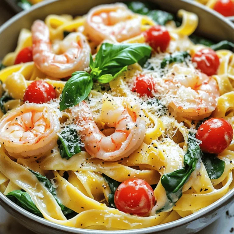 To make this dish, you need fresh and flavorful items. Here is what you'll need: - 12 oz fettuccine or spaghetti - 1 lb large shrimp, peeled and deveined - 2 tablespoons olive oil - 3 cloves garlic, minced - 1 cup cherry tomatoes, halved - 3 cups fresh spinach - 1 cup heavy cream - 1 cup grated Parmesan cheese - 1 teaspoon Italian seasoning - Salt and pepper to taste - Fresh basil, for garnish These ingredients bring together a rich and creamy sauce that coats the pasta and shrimp. You can boost the taste with these fun add-ons: - Red pepper flakes for heat - Lemon zest for a fresh kick - Sun-dried tomatoes for extra depth - Capers for a briny touch Each of these options adds a unique twist to your dish. If you have specific dietary needs, here are some swaps: - Use zucchini noodles instead of pasta for a low-carb option. - Replace heavy cream with coconut milk for a dairy-free version. - Try nutritional yeast instead of Parmesan for a vegan alternative. These substitutions help you enjoy this dish while meeting your dietary goals. To start, bring a large pot of salted water to a boil. This is key for great pasta. Add 12 oz of fettuccine or spaghetti. Cook it according to the package instructions. Aim for al dente, which means firm but not hard. This usually takes about 8 to 10 minutes. Once done, drain the pasta. Save about 1 cup of the pasta water. This water helps later with the sauce. Next, grab a large skillet and heat 2 tablespoons of olive oil over medium heat. Once hot, add 1 lb of large shrimp, which should be peeled and deveined. Cook the shrimp for about 2 to 3 minutes on each side. They should turn pink and opaque. Season with salt and pepper to taste. After cooking, remove the shrimp from the skillet and set them aside. This step adds great flavor to your meal. Now, it’s time to make the sauce. In the same skillet, add 3 cloves of minced garlic. Sauté for about 30 seconds until fragrant. Then, add 1 cup of halved cherry tomatoes. Cook them for about 2 minutes, just until they soften. Next, stir in 3 cups of fresh spinach. Cook until it wilts, which should take about 1 to 2 minutes. Pour in 1 cup of heavy cream next. Stir in 1 cup of grated Parmesan cheese until it melts into a creamy sauce. Add 1 teaspoon of Italian seasoning. Adjust salt and pepper as needed. If the sauce seems too thick, add reserved pasta water a little at a time until you reach your desired texture. Finally, return the cooked shrimp to the skillet and add the pasta. Toss everything together until well mixed and heated through. Enjoy your meal! To get that perfect creamy texture, use heavy cream. It adds richness. Stir the cream slowly into the pan. This helps it blend well with the other ingredients. If the sauce is too thick, add reserved pasta water slowly. This will help thin it out without losing creaminess. Herbs and spices make your dish shine. Italian seasoning is a great base. But don’t stop there! Try adding fresh basil or oregano for more flavor. A pinch of red pepper flakes can add a nice kick. Taste as you go to find your perfect balance. Avoid overcooking the shrimp. It should be tender and pink, not rubbery. Don’t skip the pasta water; it helps the sauce stick. Also, watch the heat when adding cream. If it's too hot, the cream can separate. Lastly, remember to taste and adjust seasoning before serving! {{image_2}} You can swap pasta types to change the texture of your dish. Fettuccine gives a nice, flat surface that holds sauce well. Spaghetti works too, but you can try penne or rigatoni for a fun twist. These shapes catch sauce in their nooks and crannies. You might even enjoy using whole wheat or gluten-free pasta for a healthier choice. If you want a vegetarian version, skip the shrimp. Use mushrooms or zucchini instead. They add richness and a nice bite. You can sauté them just like the shrimp. For protein, try adding chickpeas or white beans. They blend well with the creamy sauce and make the dish filling. Don't forget to keep the garlic and spinach for flavor! You can add any veggies you love to this pasta. Bell peppers, broccoli, or asparagus bring great color and taste. Just sauté them with the garlic before adding the cream. You can also toss in some artichoke hearts or sun-dried tomatoes for a burst of flavor. This allows you to make this dish your own while keeping it delicious. To keep your leftover creamy Tuscan shrimp pasta fresh, place it in an airtight container. Make sure the pasta cools down first. This step helps prevent excess steam and moisture. You can store it in the fridge for up to three days. If you want to keep it longer, consider freezing it. Use a freezer-safe container, and it can last for up to three months. When it’s time to reheat, I suggest using the stovetop for the best results. Place your pasta in a skillet over low heat. Add a splash of water or a bit of cream to help revive the creamy sauce. Stir gently until warmed through. You can also use the microwave. Just cover the bowl with a damp paper towel to keep it moist. Heat in short bursts, stirring in between. If stored properly in the fridge, creamy Tuscan shrimp pasta lasts for three days. In the freezer, it can last for up to three months. However, I recommend eating it sooner than that for the best taste. The shrimp may not hold up as well after freezing. Always check for any off smells or changes in texture before eating leftovers. Yes, you can use frozen shrimp. Just make sure to thaw them first. Place the shrimp in a bowl of cold water for about 15-20 minutes. Once thawed, peel and devein them if needed. This will help them cook evenly and taste fresh. If you want a lighter option, use whole milk mixed with a bit of flour. For dairy-free choices, try coconut milk or cashew cream. Both will add creaminess to the sauce while changing the flavor slightly. Each option will keep your dish rich and delicious. To make this pasta gluten-free, swap regular pasta for gluten-free pasta. Many brands offer gluten-free options. Look for fettuccine or spaghetti made from rice, corn, or lentils. This way, you can enjoy the same creamy taste without gluten. In this post, we covered how to make creamy Tuscan shrimp pasta. We discussed the key ingredients, optional add-ons, and useful substitutions. I shared step-by-step instructions for cooking pasta, sautéing shrimp, and preparing the sauce. Don’t forget the tips to enhance texture and flavor. I also included ways to store leftovers and answered common questions. Now, you can enjoy a tasty meal that fits your needs and preferences. Happy cooking!
