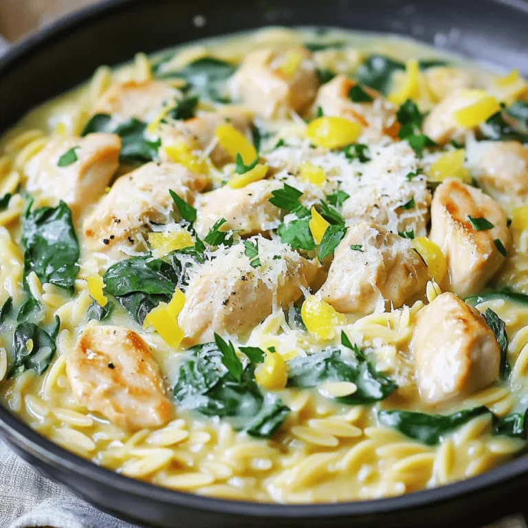 - 1 pound boneless, skinless chicken breasts, diced - 1 tablespoon olive oil - 1 cup orzo pasta - 4 cups chicken broth - 1 cup heavy cream - Juice and zest of 2 lemons - 2 cloves garlic, minced - 1 cup baby spinach - 1/2 cup grated Parmesan cheese - Salt and black pepper to taste - Fresh parsley, chopped (for garnish) I love this creamy lemon chicken orzo recipe. It is both simple and full of flavor. Each ingredient plays a part in making the dish shine. First, we have chicken breasts. They add protein and richness. I prefer boneless and skinless for ease. Dicing them makes them cook faster. Next, olive oil is essential for sautéing. It adds a nice, light flavor. The orzo pasta gives a unique texture. It cooks well and absorbs flavors. Chicken broth is a must. It keeps the orzo moist and tasty. Heavy cream brings the dish together. It makes everything creamy and dreamy. Lemons add brightness. The juice and zest balance the rich cream. Garlic gives a lovely aroma and a hint of spice. Baby spinach is not just for color. It adds nutrients and freshness. Parmesan cheese ties everything together. It adds a savory kick. Finally, we season with salt and pepper. They enhance all the flavors. Fresh parsley on top makes the dish pop. It looks great and tastes fresh. These ingredients create a delightful meal that is easy to prepare. You can enjoy it any day of the week! - Heat 1 tablespoon of olive oil in a large skillet over medium heat. - Season 1 pound of diced chicken breasts with salt and black pepper. - Add the chicken to the skillet and sauté until browned. This takes about 6-8 minutes. - Make sure the chicken is no longer pink in the center. - Remove the chicken from the skillet and set it aside. - In the same skillet, add 2 cloves of minced garlic. - Sauté the garlic for 1 minute or until it smells good. - Pour in 4 cups of chicken broth and bring it to a simmer. - Add 1 cup of orzo pasta to the broth. - Cook the orzo according to package instructions. This usually takes about 8-10 minutes. - Stir occasionally to prevent sticking until the orzo is tender. - Reduce the heat to low once the orzo is cooked. - Stir in 1 cup of heavy cream, juice and zest of 2 lemons. - Mix well to combine all the flavors. - Add the cooked chicken back to the skillet. - Toss in 1 cup of baby spinach and 1/2 cup of grated Parmesan cheese. - Stir gently until the spinach wilts and everything is creamy. - Taste and add more salt and pepper if needed. Now you're ready to serve your creamy lemon chicken orzo warm! Choosing the right chicken is key. I prefer using boneless, skinless chicken breasts. They cook evenly and stay juicy. Make sure to dice the chicken into small, even pieces. This helps it cook faster and more evenly. Cooking orzo perfectly takes a bit of care. First, bring your chicken broth to a simmer. Stir in the orzo and watch it closely. Cook it for about 8-10 minutes. Stir often to keep it from sticking. When it's tender, it’s ready to mix. You can add more lemon or garlic for a zesty kick. If you love lemon, squeeze in some extra juice. The zest adds a bright flavor too. For garlic lovers, use three cloves instead of two. This will give your dish a bold taste. Substituting ingredients can change the meal. Spinach is great, but try kale or arugula too. They add different tastes and nutrients. You can also mix in some sun-dried tomatoes for extra color and flavor. {{image_2}} You can change the proteins in this dish easily. Try shrimp for a seafood twist. If you want a plant-based option, use tofu instead of chicken. Both options add unique flavors. You can also add vegetables to boost nutrients and color. Peas are a great choice for sweetness. Bell peppers can add crunch and a pop of color. Just toss them in when you add the orzo. To make this dish gluten-free, swap orzo for gluten-free pasta. Many brands offer rice or quinoa pasta that works well in this recipe. If you want a vegan version, use plant-based cream and skip the chicken. You can add extra veggies like mushrooms for protein. This way, you keep the creaminess and flavor without animal products. To keep your creamy lemon chicken orzo fresh, store it in an airtight container. Make sure it cools down to room temperature before sealing it. Refrigerate the leftovers within two hours of cooking. This dish stays good for 3-4 days in the fridge. When you reheat, do it slowly on the stove or in the microwave. If you use the microwave, stir it every minute to heat evenly. Add a splash of chicken broth or cream if it looks dry. This helps keep it creamy and tasty. You can freeze creamy lemon chicken orzo for later meals. First, let it cool completely. Then, scoop it into freezer-safe bags or containers. Leave some space for it to expand. Label the bags with the date. It can stay in the freezer for up to 3 months. When you are ready to eat, move it to the fridge to thaw overnight. For reheating, warm it on the stove over low heat. Stir often and add a bit of broth or cream to revive the creaminess. Enjoy your meal whenever you like! Creamy lemon chicken orzo can last in the fridge for about three to four days. Be sure to store it in an airtight container. This keeps the dish fresh and safe to eat. If you notice any odd smells or changes in color, it’s best to toss it out. Yes, you can use other types of pasta. Small shapes like ditalini or acini di pepe work well. Just keep an eye on the cooking time. Different pasta may need more or less time to cook. Check the package instructions to ensure it turns out tender. You can serve creamy lemon chicken orzo with a side salad or steamed veggies. A simple green salad adds freshness and crunch. Roasted broccoli or asparagus also pairs nicely. For a light touch, a slice of crusty bread is perfect for soaking up the creamy sauce. This blog post guides you through making creamy lemon chicken orzo. You learned about essential ingredients, step-by-step cooking, and smart tips. I shared ways to customize the dish and store leftovers effectively. Experimenting with flavors and different proteins can make this recipe your own. Each step leads to a tasty meal that warms your heart. Enjoy every bite and share it with those you love!