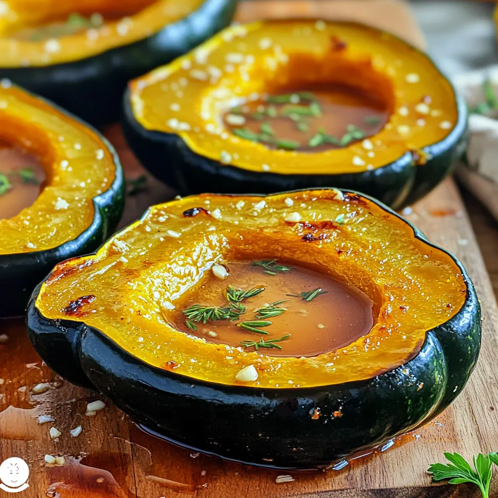 - 2 medium acorn squashes, halved and seeds removed - 4 tablespoons unsalted butter, melted - 4 cloves garlic, minced - 2 tablespoons maple syrup The main ingredients for garlic butter roasted acorn squash are simple. Acorn squash has a unique shape and sweetness. The unsalted butter gives a rich flavor while the garlic adds depth. Maple syrup brings a nice sweetness, balancing the savory notes. - 1 teaspoon fresh thyme leaves (or ½ teaspoon dried thyme) - Salt and pepper to taste - A pinch of cayenne pepper (optional, for heat) Seasonings enhance the flavor of the squash. Fresh thyme adds a bright taste that pairs well with butter and garlic. Salt and pepper bring out the natural sweetness of the squash. If you like spice, add a pinch of cayenne for warmth. - Fresh parsley Fresh parsley serves as a bright garnish. It adds color and a fresh taste. Sprinkle it on top before serving to make the dish pop. This little detail makes a big difference in how it looks and tastes. First, preheat your oven to 400°F (200°C). This step is key for even cooking. Next, take your two medium acorn squashes. Cut each squash in half with a sharp knife. Be careful! Scoop out the seeds using a spoon. Place the halved squashes cut-side up on a baking sheet lined with parchment paper. This makes for easy cleanup later. Now, let's make the garlic butter. In a mixing bowl, combine 4 tablespoons of melted unsalted butter with 4 minced garlic cloves. Add 2 tablespoons of maple syrup for sweetness. Toss in 1 teaspoon of fresh thyme leaves, or half that if using dried thyme. Season with salt and pepper to taste. If you like some heat, add a pinch of cayenne pepper. Mix all these ingredients well until they are nicely combined. Start roasting by turning the squashes cut-side down on the baking sheet. Roast them in the preheated oven for 30 to 35 minutes. They should become tender and easy to pierce with a fork. After that, flip the squashes so the cut sides are facing up. This helps to caramelize the tops. Roast for an additional 10 minutes. This gives a nice, golden finish. When done, remove them from the oven and let them cool for a few minutes. Garnish with fresh parsley for a pop of color before serving. When picking acorn squash, look for squash that feels heavy for its size. A medium squash is perfect for roasting. Check the skin; it should be firm and free of cuts or soft spots. This shows ripeness and good quality. For a twist on the flavor, try using ghee or olive oil instead of butter. Both bring a nice taste to the dish. When roasting garlic, finely mince it and mix with the butter. Roasting brings out sweet notes, making it a great match for squash. To serve, place the roasted acorn squash on a rustic wooden board. Drizzle any leftover garlic butter over the tops for a glossy finish. This dish pairs well with quinoa or a simple green salad. They balance the rich flavors and add freshness to your meal. {{image_2}} You can change the taste of your acorn squash easily. Adding herbs or spices can make it special. - Herbs and spices: Try rosemary, sage, or even chili powder. Each herb adds its unique twist. - Nut toppings: Chopped walnuts or pecans can give a nice crunch. Sprinkle them on top for extra flavor. Sweetness can change the dish’s vibe. You have options for sweeteners. - Honey vs. maple syrup: Honey brings a floral taste. Maple syrup is rich and warm. Both work well with acorn squash. - Brown sugar option: If you want more caramel notes, use brown sugar. It adds a deep sweetness that pairs nicely. You can still enjoy this dish if you prefer plant-based options. Vegan adaptations are easy to make. - Plant-based butter: Use vegan butter instead of regular butter. It gives the same creamy texture without dairy. - Garlic seasoning options: Look for garlic powder or garlic-infused oil. These will add that great garlic flavor without animal products. Feel free to experiment with these variations! Store leftover acorn squash in an airtight container. This keeps it fresh. Use glass or plastic containers. The squash lasts up to three days in the fridge. If you want to keep it longer, consider freezing it. For reheating, the oven works best. Preheat it to 350°F (175°C). Place the squash on a baking sheet. Heat for about 10-15 minutes until warm. The microwave is faster but may change the texture. If you use a microwave, heat in short bursts. Check often to avoid sogginess. To freeze, slice the roasted squash into pieces. Place them in a single layer on a baking sheet. Freeze until solid, then transfer to a freezer bag. Be sure to remove all air. You can freeze it for up to three months. For thawing, place it in the fridge overnight. You can also heat it straight from the freezer. Just add a few extra minutes to the reheating time. Roasting acorn squash takes about 40 to 45 minutes. Here’s the breakdown: - Prep time: 10 minutes for cutting and seeding. - First roast: 30 to 35 minutes cut-side down. - Final roast: 10 minutes cut-side up for caramelization. This brings the total time to around 50 minutes. Yes, you can prepare the acorn squash ahead of time. Here are some options: - Prepped squash: Cut and seeded squashes can stay in the fridge for a day. - Garlic butter mix: You can make this mix a day prior. Store it in the fridge. - Complete dish: Roast the squash and reheat it later. It will still taste great! This dish pairs well with many foods. Here are some great options: - Grains: Serve it with quinoa or rice for a filling meal. - Proteins: Grilled chicken, turkey, or tofu match nicely. - Salads: A fresh green salad adds a crunchy contrast. These pairings complete your meal and enhance flavors! In this guide, we explored acorn squash, from prepping to roasting. We discussed key ingredients like garlic and maple syrup, and added tips for flavor and presentation. Variations and storage options rounded out our journey. Overall, roasting acorn squash can be simple and tasty. With the right ingredients, you can impress anyone at your table. Enjoy trying new flavors and ways to serve this delicious dish!