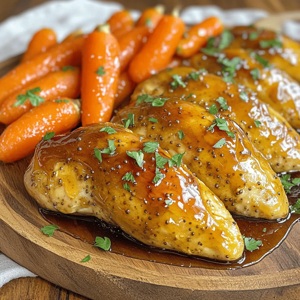 - 4 boneless, skinless chicken breasts - 1/4 cup pure maple syrup - 2 tablespoons Dijon mustard - 2 tablespoons olive oil - 3 cloves garlic, minced - 1 pound baby carrots (or sliced regular carrots) - 1 teaspoon fresh thyme leaves (or 1/2 teaspoon dried thyme) - Salt and pepper to taste - Fresh parsley for garnish (optional) For a delicious Maple Dijon Chicken with Carrots, you need simple ingredients. The chicken breasts serve as the main star. They soak up the sweet and tangy flavor from the maple syrup and Dijon mustard. The maple syrup adds a rich sweetness. It works perfectly with the sharpness of Dijon mustard. Olive oil keeps the chicken moist and helps the flavors blend. Don't forget the garlic. It adds depth to the dish. The carrots bring color and sweetness. You can use baby carrots for ease, or slice regular carrots if you prefer. Fresh thyme adds an herby note. Salt and pepper enhance all the flavors. Fresh parsley gives a bright touch as a garnish. Gather these ingredients, and you will have a great meal ready to impress! 1. Preheating the oven: First, turn your oven to 400°F (200°C). This helps cook the chicken and carrots evenly. 2. Preparing the marinade: In a mixing bowl, whisk together 1/4 cup of pure maple syrup, 2 tablespoons of Dijon mustard, 2 tablespoons of olive oil, 3 minced garlic cloves, 1 teaspoon of fresh thyme leaves, and a pinch of salt and pepper. Mix until it looks smooth and creamy. 1. Marinating the chicken: Place 4 boneless, skinless chicken breasts in a shallow dish or zip-top bag. Pour the marinade over the chicken, making sure each piece is coated well. Let it marinate for at least 30 minutes. For better taste, marinate for up to 2 hours in the fridge. 2. Preparing the carrots: Take 1 pound of baby carrots and put them in a bowl. Drizzle with honey, add a pinch of salt, and a little olive oil. Toss until the carrots are evenly coated. This will give them a sweet glaze while cooking. 1. Arranging on a baking sheet: Line a baking sheet with parchment paper. Place the marinated chicken breasts on it. Arrange the honey-glazed carrots around the chicken. Drizzle any leftover marinade over both the chicken and carrots for extra flavor. 2. Cooking time and temperature: Bake everything in the preheated oven for 25-30 minutes. The chicken should reach an internal temperature of 165°F, and the carrots should be tender. This step ensures a perfect blend of flavors and textures. - For the best flavor, marinate the chicken for at least 30 minutes. - If you have time, let it sit for up to 2 hours in the fridge. - The maple syrup and Dijon mustard create a sweet and tangy taste. - Add minced garlic and thyme to boost the flavor even more. - Bake the chicken at 400°F for 25-30 minutes for juicy results. - Use a meat thermometer to check that the chicken reaches 165°F. - Letting the chicken rest for 5 minutes after cooking keeps it moist. - Arrange the chicken and carrots on a large platter for a nice look. - Drizzle leftover juices from the baking sheet over the top for shine. - Sprinkle fresh parsley on top for a pop of color. - Serve with a side of crusty bread to soak up the delicious sauce. {{image_2}} Alternative proteins You can swap chicken for turkey or pork. These meats work well with the maple and Dijon flavors. If you like seafood, try salmon. It will soak up the sweet and tangy marinade nicely. Different vegetables Baby carrots shine in this dish, but feel free to use other veggies. Sweet potatoes add a nice twist with their natural sweetness. Broccoli or green beans also work well. Just adjust cooking times based on the vegetable choice. Adjusting sweetness levels If you want less sweetness, reduce the maple syrup. You can also balance it with a splash of vinegar. This will add a nice tartness that pairs well with the Dijon. Adding spices and herbs Add spices to change the flavor profile. Try paprika for smokiness or cumin for warmth. Fresh herbs like rosemary or basil can also bring a new taste to the dish. Gluten-free options This recipe is naturally gluten-free. Just check your Dijon mustard to ensure it has no gluten-containing ingredients. Low-sugar alternatives For a low-sugar option, use a sugar substitute in place of maple syrup. You can also skip the honey on the carrots. Instead, use a little olive oil and fresh lemon juice for flavor. To keep your Maple Dijon Chicken with Carrots fresh, store it properly. Refrigerate any leftovers within two hours of cooking. Use an airtight container to seal in moisture and flavor. This helps prevent drying out. Your meal will stay fresh for up to three days in the fridge. If you want to save it for longer, freezing is a great option. Place the chicken and carrots in a freezer-safe container. Make sure to label it with the date. Frozen leftovers can last for up to three months. For best results, consume them within one month. When it's time to enjoy leftovers, reheating is key. The best method is to use the oven. Preheat your oven to 350°F (175°C). Place the chicken and carrots in a baking dish. Cover it with foil to keep moisture in. Bake for about 20 minutes or until heated through. If you're short on time, the microwave works too. Use a microwave-safe plate and cover it loosely with a paper towel. Heat in 30-second intervals until warm. This method may not keep the texture as nice as the oven, but it’s quick. Leftovers from this dish last about three days in the refrigerator. Make sure to check for signs of spoilage. If you see any mold or an off smell, it's best to toss it. When frozen, you can enjoy the leftovers for about three months. However, for the best taste, eat them within one month. Always trust your senses; if something seems off, don't eat it! How do I know when the chicken is fully cooked? To check if the chicken is done, use a meat thermometer. The internal temperature should reach 165°F. If you don’t have a thermometer, cut into the thickest part of the chicken. The meat should be white, not pink. Can I use other sweeteners instead of maple syrup? Yes, you can use honey or agave syrup as alternatives. Keep in mind that these options may change the flavor slightly. Adjust the amount to match your taste preference. Can this recipe be made in a slow cooker? Absolutely! Simply place the marinated chicken and carrots in the slow cooker. Cook on low for 4-6 hours or high for 2-3 hours. Add the honey towards the end for extra sweetness. How to modify for smaller servings? To adjust for fewer servings, halve the ingredients. You can still use the same cooking time. Just ensure the chicken pieces are similar in size for even cooking. Caloric content of the dish This dish has about 350 calories per serving. This estimate includes chicken and carrots cooked with the marinade. Macronutrient breakdown Each serving contains approximately: - Protein: 30g - Carbohydrates: 35g - Fat: 12g This balance makes for a delicious and nutritious meal that fits well into many diets. This blog post covers a delicious chicken dish using simple ingredients, like maple syrup and Dijon mustard. You learned how to prepare, cook, and dress this meal for great taste. Remember the tips for marinating and checking doneness to ensure perfect results. With options for swaps and dietary needs, you can customize the dish to fit your taste. Store leftovers properly to enjoy later. Try it out and impress your family or friends! Enjoy cooking this tasty meal that’s easy and satisfying.