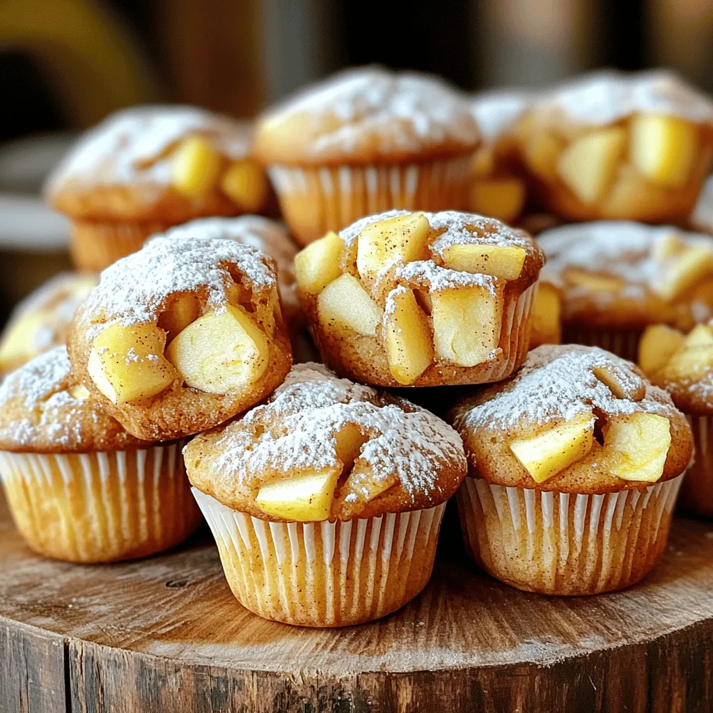 To make these delightful muffins, gather these key ingredients: - 2 cups all-purpose flour - 1 cup granulated sugar - 1 tablespoon baking powder - 1 teaspoon baking soda - 1 teaspoon ground cinnamon (plus more for topping) - ½ teaspoon salt - 1 large egg - 1 cup whole milk - ½ cup unsalted butter, melted - 1 teaspoon vanilla extract - 2 medium apples, peeled, cored, and diced (about 2 cups) - ½ cup brown sugar (for topping) These ingredients work together to create a sweet and fluffy muffin. The apples add moisture and flavor, while the cinnamon gives a warm spice. You can add a few extra ingredients to personalize your muffins: - Chopped walnuts or pecans for crunch - Raisins or dried cranberries for extra sweetness - A handful of chocolate chips for a treat These add-ins make the muffins even more fun and tasty. Feel free to mix and match based on what you have at home. Sometimes you may not have all ingredients on hand. Here are some easy swaps: - Use whole wheat flour instead of all-purpose flour for more fiber. - Replace granulated sugar with brown sugar for a deeper flavor. - Substitute almond milk or oat milk for whole milk, if needed. - Use coconut oil instead of butter for a dairy-free option. These substitutes work well and can change the taste just a bit. Don’t be afraid to experiment! To start, gather your ingredients. You need: - 2 cups all-purpose flour - 1 cup granulated sugar - 1 tablespoon baking powder - 1 teaspoon baking soda - 1 teaspoon ground cinnamon - ½ teaspoon salt - 1 large egg - 1 cup whole milk - ½ cup unsalted butter, melted - 1 teaspoon vanilla extract - 2 medium apples, peeled, cored, and diced - ½ cup brown sugar First, preheat your oven to 350°F (175°C). Line a muffin tin with paper liners or grease it well. In a large bowl, whisk together the flour, sugar, baking powder, baking soda, cinnamon, and salt. This mix gives your muffins a great base. Next, in another bowl, beat the egg. Add the milk, melted butter, and vanilla extract. Mix until it's smooth. Pour this wet mix into the dry ingredients. Fold gently until just combined. Be careful! Overmixing makes muffins tough. Now, add in the diced apples. Fold them into the batter. This adds a sweet, juicy bite to each muffin. Scoop the muffin batter into the prepared muffin tin. Fill each cup about ¾ full. This gives them room to rise. In a small bowl, mix the brown sugar with a pinch of cinnamon. Sprinkle this mixture on top of each muffin. This will create a delicious crust. Bake your muffins for 18-22 minutes. Check them with a toothpick. If it comes out clean, they are done! After baking, let the muffins cool in the tin for about 5 minutes. Then, transfer them to a wire rack to cool completely. Serve the muffins warm on a rustic platter. Dust them lightly with powdered sugar. A sprinkle of fresh cinnamon adds a lovely aroma. Enjoy them as a sweet breakfast treat or a delightful snack! To keep your muffins light, mix gently. When you blend the wet and dry ingredients, stop as soon as no flour shows. Overmixing can make your muffins dense. It’s okay if you see a few lumps. They will bake out. For the best topping, mix brown sugar and a pinch of cinnamon. Use about half a cup of brown sugar for the right flavor. Sprinkle it on top of each muffin before baking. This creates a sweet crust that contrasts with the soft muffin. You can add different flavors to your muffins. Try mixing in chopped nuts, like walnuts or pecans, for crunch. You could also add a splash of maple syrup for extra sweetness. For a fun twist, mix in some raisins or dried cranberries too. These small changes can make your muffins unique and fun! {{image_2}} You can easily make these muffins gluten-free. Use a gluten-free flour blend instead of all-purpose flour. Look for blends that replace wheat flour one-to-one. This way, you still get a great rise and texture. Check that your baking powder is gluten-free as well. I often use a brand that guarantees no gluten. For a vegan version, swap the egg for a flax egg. Mix one tablespoon of ground flaxseed with three tablespoons of water. Let it sit for five minutes until it thickens. Use almond milk or oat milk in place of whole milk. Replace the melted butter with coconut oil or a plant-based butter. These swaps keep the muffins moist and yummy. Get creative with your muffins by adding other fruits and nuts. Chopped walnuts or pecans add a nice crunch. You can also mix in berries like blueberries or raspberries for a fun twist. Try using chopped peaches or pears for a different flavor profile. Just remember to keep the total fruit volume around two cups. This ensures your muffins stay fluffy and rise well. To keep your muffins fresh, store them in an airtight container. You can place them at room temperature for up to three days. If it's hot or humid, put them in the fridge. Just make sure to wrap them well so they do not dry out. You can freeze these muffins for up to three months. Let the muffins cool completely first. Wrap each one in plastic wrap, then place them in a freezer bag. This keeps them safe from freezer burn. When you're ready to eat, simply remove the wrap before reheating. To reheat, use your oven or microwave. For the oven, preheat it to 350°F (175°C). Heat the muffins for about 10 minutes. This helps restore their soft texture. If using the microwave, warm them for about 15-20 seconds. This makes them warm and fluffy. Enjoy your muffins just like they were fresh out of the oven! You can tell your muffins are done when they are golden brown. Insert a toothpick in the center. If it comes out clean, they are ready. The edges may pull away slightly from the pan. This shows they are cooked through. Yes, you can use many kinds of apples in this recipe. Crisp apples like Granny Smith or Honeycrisp work great. Sweet apples like Fuji can add a nice flavor too. Just make sure to peel and dice them well. You can prepare the batter ahead of time, but it is best to bake it right away. If you store it, the batter may lose its fluffiness. If you must, keep it in the fridge for a few hours. Stir it gently before baking to mix it up again. In this blog post, I covered key ingredients for making cinnamon sugar apple muffins. I shared essential steps, tips to avoid mistakes, and ideas for fun variations. You can store muffins easily and enjoy them later. Remember, using different apples can change the flavor. With practice, you'll bake perfect muffins every time. Trust your skills and enjoy the process. Happy baking!
