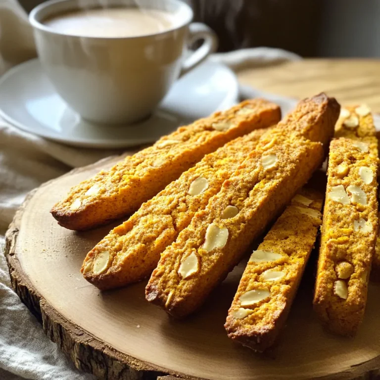 To make pumpkin spice biscotti, gather these simple items: - 2 cups all-purpose flour - 1 cup granulated sugar - 1/2 cup canned pumpkin puree - 1/2 cup chopped almonds - 2 large eggs - 1/4 cup vegetable oil - 1 teaspoon baking powder - 1 teaspoon baking soda - 1 tablespoon pumpkin pie spice - 1/2 teaspoon salt These ingredients blend together to create a warm, spiced treat. The pumpkin puree gives the biscotti a rich flavor and a lovely color. Chopped almonds add a nice crunch, making each bite enjoyable. Pumpkin pie spice brings the classic fall flavor, combining cinnamon, nutmeg, and ginger. Using fresh ingredients ensures the best taste. I recommend checking your pantry before you start. If you need tips on substitutions or variations, don’t hesitate to explore more recipes. Enjoy the process of making these delicious biscotti! 1. Preheat your oven to 350°F (175°C). Line a baking sheet with parchment paper. 2. In a large bowl, mix 2 cups of flour, 1 teaspoon of baking powder, 1 teaspoon of baking soda, 1 tablespoon of pumpkin pie spice, and 1/2 teaspoon of salt. Set this aside. 3. In another bowl, beat together 1 cup of sugar, 1/2 cup of canned pumpkin puree, 2 large eggs, and 1/4 cup of vegetable oil until well mixed. 1. Gradually add the dry mix to the wet mix. Stir until just blended. 2. Fold in 1/2 cup of chopped almonds. Make sure they are evenly mixed in. 3. Divide the dough in half. Shape each half into logs about 12 inches long and 2 inches wide on your baking sheet. 4. Bake the logs for 25 minutes until they turn lightly golden. After baking, let them cool for 10 minutes. 5. Carefully slice each log diagonally into 1/2-inch thick pieces. Lay them cut side down on the baking sheet. 1. Return the slices to the oven. Bake for another 15-20 minutes, flipping halfway through, until they are crisp and golden. 2. Once done, remove them from the oven. Let the biscotti cool completely on a wire rack before serving. To avoid dry biscotti, focus on your mixing. Do not overmix the dough. Mix just until the wet and dry ingredients come together. The dough should be moist. For even baking, shape the logs evenly. Aim for about 12 inches long and 2 inches wide. This shape helps them bake evenly. Rotate the baking sheet halfway through. This ensures all sides brown nicely. Adjusting spice levels is easy. If you like more warmth, add extra pumpkin pie spice. Start with a small amount, then taste. You can always add more, but you can't take it out. Incorporating chocolate can add richness. Try adding chocolate chips or chunks to the dough. Mix them in with the almonds for a tasty twist. You can also use dried fruits for a sweet touch. Serve pumpkin spice biscotti in a fun way. Use a decorative jar or a fancy platter. This makes them look special. You can sprinkle extra pumpkin pie spice on top for flair. For beverages, pair them with coffee or tea. Hot chocolate also works well. Biscotti are perfect for dipping, so choose drinks that complement their flavor. {{image_2}} You can easily make this biscotti gluten-free. Use gluten-free flour blends instead of all-purpose flour. Look for a blend that includes xanthan gum for better texture. You can also use almond flour or oat flour. These options give great flavor and texture. To make a vegan version, replace the eggs with flax eggs. Mix 1 tablespoon of ground flaxseed with 2.5 tablespoons of water. Let it sit for five minutes until it thickens. For the oil, use coconut oil or any plant-based oil, like avocado oil. Both will add moisture and flavor. Want to jazz up your biscotti? Try adding chocolate chips or dried fruits. Dried cranberries or apricots pair well with pumpkin spice. You can also adjust the spice level. Add more pumpkin pie spice for a stronger flavor or reduce it for a milder taste. To keep your pumpkin spice biscotti fresh, use an airtight container. Glass jars work great. You can also use a plastic container with a tight seal. Store the biscotti in a cool, dry place. Avoid direct sunlight to keep them crispy. If you want to save some for later, freezing is a smart choice. First, wrap each biscotti in plastic wrap. Then, place them in a freezer bag. This prevents freezer burn. When you want to enjoy them, take out the desired amount. To thaw, leave them out at room temperature for about an hour. You can also warm them in the oven for a few minutes. Homemade biscotti lasts about two weeks when stored properly. If you freeze them, they can last for up to three months. Check for signs of spoilage. If they smell off or feel soft, it’s best to throw them away. Keeping an eye on freshness ensures every bite is delicious. Yes, you can use fresh pumpkin. First, cook and puree it. Make sure to drain excess water. Canned pumpkin has a thick texture, which helps the biscotti hold together. Your fresh pumpkin should be similar in consistency. To dip biscotti, hold it by the end. Gently dip one side into melted chocolate or coffee. You can also dip them in milk or your favorite drink. Let the excess drip off before setting them down. To make biscotti less crunchy, bake them for a shorter time. After slicing, you can also reduce the second baking time. Remove them from the oven when they are lightly golden, but still soft. Let them cool to firm up. Absolutely! Feel free to swap almonds for pecans or walnuts. You can also try different spices, like cinnamon or nutmeg. This adds variety and new flavors to your biscotti. Experiment and find your favorite mix! We explored the ingredients and steps to make delicious pumpkin spice biscotti. You learned tips for flavor adjustments, storage, and fun variations. Remember, biscotti is best enjoyed with coffee or tea. Try experimenting to make it your own. With these easy steps, you'll impress your friends and family. Enjoy baking and savoring this tasty treat!