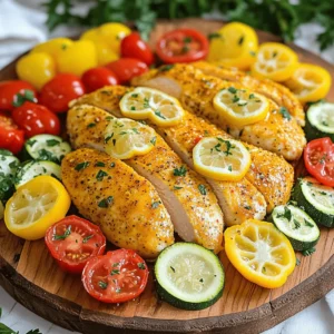 - 4 boneless, skinless chicken breasts - 2 tablespoons olive oil - 2 teaspoons lemon pepper seasoning - 1 teaspoon garlic powder - 1 teaspoon paprika - Salt and pepper to taste - 1 cup cherry tomatoes, halved - 1 red bell pepper, sliced - 1 yellow bell pepper, sliced - 1 zucchini, sliced - 1 red onion, sliced - 1 lemon, thinly sliced (for garnish) - Fresh parsley, chopped (for garnish) For four servings, use the listed amounts. Adjust as needed for more or fewer people. If you have allergies, here are some substitutes: - Use chicken thighs instead of breasts for more flavor. - Swap olive oil with avocado oil if you prefer. - Substitute lemon pepper seasoning with a mix of lemon zest and black pepper for a fresh taste. - For a vegetarian option, replace chicken with firm tofu. - Preheat your oven to 425°F (220°C). Line a baking sheet with parchment paper. - In a large bowl, mix olive oil, lemon pepper seasoning, garlic powder, paprika, salt, and pepper. - Add the chicken breasts to the bowl. Make sure they are fully coated with the seasoning mix. - Spread the seasoned chicken on one half of the baking sheet. - On the other half, arrange the cherry tomatoes, red bell pepper, yellow bell pepper, zucchini, and red onion. Make sure the veggies are in a single layer. - Place lemon slices over the chicken. Scatter some around the veggies for extra flavor. - Bake in the preheated oven for 20-25 minutes. The chicken is done when it reaches 165°F (75°C). The veggies should be tender and slightly caramelized. - After baking, take the sheet from the oven. Let it rest for a few minutes before serving. To keep your chicken juicy, you need to coat it well. Use enough olive oil and seasoning. This helps lock in moisture. Bake the chicken at a high temperature for a short time. This method gives you tender chicken every time. When roasting vegetables, cut them into even sizes. This ensures they cook at the same rate. Toss them with olive oil and seasonings before baking. Spread them out on the pan. Do not crowd the veggies; they need space to get crispy. For a beautiful dish, serve on a large platter. Arrange the chicken in the center. Surround it with colorful veggies. Drizzle with olive oil and fresh lemon juice for shine. Garnish with parsley for a pop of color. Pair your meal with a side of rice or quinoa. These grains soak up the flavors well. A simple green salad also complements the dish nicely. Want extra flavor? Try adding fresh herbs like thyme or rosemary. They pair well with lemon pepper chicken. You can also sprinkle a bit of crushed red pepper for heat. For sauces, consider a light garlic aioli or a tangy yogurt sauce. These add a fresh twist. A squeeze of lemon juice just before serving brightens all the flavors. {{image_2}} You can swap chicken for other proteins. Turkey works well; it cooks similarly. Tofu is a great option for vegans. Just press it to remove excess moisture. Cut it into cubes and coat it with the same seasoning blend. Fish, like salmon, could also be tasty. Adjust cooking time for thinner proteins to avoid overcooking. Feel free to get creative with your veggies! Seasonal choices add fresh flavor. Try broccoli, carrots, or cauliflower in winter. In summer, use asparagus or eggplant. You can also add grains for extra texture. Quinoa or farro pairs nicely with the chicken. You might even toss in some chickpeas for added protein. Changing the seasonings can give a new twist. For a spicy kick, add cayenne pepper or chili powder. To make it more Mediterranean, use oregano and lemon zest. You can also try a teriyaki glaze for an Asian twist. Lemon pepper chicken is versatile and can fit many cuisines. Mixing in different herbs creates a unique taste. To store leftovers from your sheet pan lemon pepper chicken and veggies, let them cool first. Place the chicken and veggies in an airtight container. I recommend using glass containers for best results. They keep the food fresh and are easy to clean. Store them in your fridge for up to four days. To reheat your chicken and veggies, the best method is the oven. Preheat it to 350°F (175°C). Place the food on a baking sheet and cover it with foil. This helps keep the moisture in. Heat for about 15 minutes or until warmed through. You can also use a microwave, but it may make the veggies soggy. If you do use the microwave, heat in short bursts. Check often to avoid overcooking. If you want to freeze your dish, start by letting it cool completely. Then, place it in a freezer-safe container. Make sure to leave some space for the food to expand. You can freeze it for up to three months. To thaw, move it to the fridge overnight. Reheat it in the oven or on the stove for the best texture. Avoid refreezing once it’s thawed to maintain quality. Can I use frozen chicken or vegetables? Yes, you can use frozen chicken or vegetables. However, frozen chicken may need more cooking time. To ensure it's safe, check the internal temperature. It should reach 165°F (75°C). For veggies, they may release extra water. This can make the dish a bit soggy. If you use frozen veggies, bake them for a shorter time. What if I don’t have lemon pepper seasoning? If you don’t have lemon pepper seasoning, you can make your own. Mix equal parts of black pepper and lemon zest. Add a pinch of salt and garlic powder for extra flavor. You can also try other seasonings like Italian herbs or paprika. Caloric content and macronutrient breakdown One serving of this dish has about 350 calories. It includes roughly 30 grams of protein, 15 grams of fat, and 30 grams of carbs. This dish is balanced and filling. Health benefits of the ingredients used This recipe uses lean chicken, which is a great source of protein. The colorful veggies add vitamins and minerals. For example, bell peppers are high in vitamin C. Zucchini provides fiber, which helps digestion. Olive oil contains healthy fats, good for heart health. Can this recipe be made ahead of time? Yes, this recipe is great for meal prep. You can marinate the chicken and chop the veggies the night before. Store them in the fridge until you are ready to cook. Best practices for meal prepping sheet pan meals When meal prepping, use airtight containers. This will keep your food fresh. You can also divide the meal into portions. This makes it easy to grab and go during the week. If you want to reheat, do so at a low temperature to avoid drying out the chicken. This recipe is simple and delicious. You prepare boneless chicken and veggies, season them well, and bake. I shared tips for juicy chicken, changing flavors, and presenting a beautiful dish. Remember the storage and reheating tips for leftovers. You can also switch proteins and vegetables for variety. This meal fits into meal prep, making cooking easy. Enjoy creating your own tasty version!