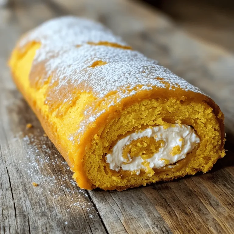 - 1 cup all-purpose flour - 3 large eggs - 1 cup granulated sugar - 1 teaspoon baking powder - 1 teaspoon ground cinnamon - 2/3 cup canned pumpkin puree - 8 oz cream cheese, softened - 1/4 cup unsalted butter, softened - 1 tablespoon milk The ingredients for the Pumpkin Spice Cream Cheese Roll Cake are simple but key to great flavor. The main ingredients include flour, eggs, and sugar, which form the cake base. The flour gives the cake structure. Eggs add richness and moisture. Sugar sweetens the cake, balancing the spices. Next, we have the spices and flavorings. Baking powder helps the cake rise. Cinnamon adds warmth and depth. Pumpkin puree brings both flavor and color. Together, they create that iconic fall taste. For the cream cheese filling, you need softened cream cheese and butter. These give the filling a rich, creamy texture. The milk helps achieve the right smoothness. When mixed with sugar, it becomes a sweet treat that pairs perfectly with the spiced cake. With these ingredients, you can create a delightful dessert that everyone will love. 1. Start by whisking together the dry ingredients in a bowl. Combine 1 cup of all-purpose flour, 1 teaspoon baking powder, 1 teaspoon baking soda, 1 teaspoon cinnamon, 1/2 teaspoon nutmeg, 1/2 teaspoon ginger, and 1/4 teaspoon salt. This blend gives your cake a warm spice flavor. 2. In another bowl, beat 3 large eggs with 1 cup of granulated sugar. Mix until the mixture is light and fluffy, which takes about 3 to 5 minutes. The air you whip in adds volume and lightness to your cake. 3. Once fluffy, mix in 2/3 cup canned pumpkin puree and 1 teaspoon vanilla extract. Stir these into the egg mixture until well combined. 4. Gradually fold in the dry ingredients. Be gentle here, as overmixing can make your cake tough. Stop mixing as soon as you see no dry flour. 1. Preheat your oven to 375°F (190°C). Line a 15x10 inch jelly roll pan with parchment paper. Lightly grease it to ensure easy removal. 2. Spread the batter evenly in the pan. 3. Bake for 15 to 20 minutes. Check to see if the cake springs back when touched. It should be lightly golden around the edges. 4. After baking, remove the cake from the oven. Quickly turn it out onto a clean kitchen towel dusted with powdered sugar. Peel away the parchment paper carefully. 5. Roll the cake up in the towel, starting from a short end. Let it cool completely in the towel. This step helps shape the cake and prevents cracking. 1. For the filling, beat 8 oz of softened cream cheese with 1/4 cup softened butter. Mix until smooth and creamy. 2. Gradually add 1 cup of powdered sugar and 1 teaspoon vanilla extract. Mix until combined. 3. Add 1 tablespoon of milk to reach your desired filling consistency. If you want it creamier, add a bit more milk. 4. Once the cake is cool, gently unroll it. Spread the cream cheese filling evenly over the surface. 5. Re-roll the cake, this time without the towel. Place it seam-side down on a serving platter. 6. Dust the top with powdered sugar before slicing. Enjoy this delightful treat! To roll the cake without cracking, you need to roll it while it is warm. After baking, turn it out onto a clean kitchen towel dusted with powdered sugar. Remove the parchment paper carefully. Start rolling from one short end. This way, the cake forms a nice spiral. Cooling the cake in the towel helps it hold its shape. Let it cool completely before unrolling. This step makes filling much easier. To boost flavor, try adding a pinch of allspice or cloves to the batter. These spices add warmth and depth. You can also mix in a bit of orange zest. It gives a fresh, zesty taste that pairs well with pumpkin. If you want to adjust sweetness in the cream cheese filling, reduce the powdered sugar slightly. You can add a touch of honey or maple syrup for a different sweet note. Just mix until you find the taste you love. Before serving, dust the top of the cake with powdered sugar. It looks great and adds sweetness. You can also drizzle some caramel sauce over the top. This adds a nice touch and makes it extra special. For garnishing, place a few cinnamon sticks or pecans around the cake. You can even use fresh fall leaves for a seasonal look. These small details make your cake stand out during gatherings. {{image_2}} To make this cake gluten-free, swap the all-purpose flour with a gluten-free blend. Look for a mix that includes xanthan gum. This helps keep the cake's structure. You can also use almond flour or coconut flour, but these may change the texture slightly. If using almond flour, add an extra egg to help bind. For coconut flour, reduce the amount, as it absorbs more liquid. If you need a dairy-free option, use vegan cream cheese instead of regular cream cheese. You can find many brands that taste great. For butter, try using coconut oil or a dairy-free butter substitute. To make the filling, blend the dairy-free cream cheese with the alternative butter. Add powdered sugar and a splash of almond milk for smoothness. This keeps the filling creamy and delicious without dairy. Want to change things up? You can swap pumpkin with apples or zucchini. For apples, use about 1 cup of finely grated apples. Adjust the spices by adding a bit more cinnamon and nutmeg. If using zucchini, make sure to squeeze out extra moisture. This helps keep the cake from getting soggy. Each swap gives a new twist while keeping the cake moist and tasty. To keep your pumpkin spice cream cheese roll cake fresh, wrap it well. Use plastic wrap or aluminum foil. This will help keep it moist. Store the wrapped cake in the fridge. It stays tasty for up to five days. You can also freeze the cake for later. First, let it cool completely. Wrap it tightly in plastic wrap. Then, place it in a freezer bag. This keeps out air and prevents freezer burn. You can freeze it for up to three months. When you are ready to enjoy it, move it to the fridge overnight. This helps it thaw slowly. If you want to enjoy a warm slice, here’s how. Preheat your oven to 350°F (175°C). Place the slice on a baking sheet. Cover it with foil to keep moisture in. Heat for about 10 minutes. This way, you avoid drying it out. Enjoy your tasty treat! To keep your cake from cracking, a few tips work well. First, use the right pan. A jelly roll pan is best. Make sure to grease the pan and line it with parchment paper. This helps the cake slide out easily. Next, don't overbake the cake. Check it at 15 minutes. The cake should spring back when touched. If it's too dry, it may crack. When you roll the cake, do it while it’s warm. This helps it keep its shape. Use a clean kitchen towel dusted with sugar. This prevents sticking and adds a sweet touch. Yes, you can! This cake stores well. You can bake it a day in advance. Let it cool completely, then wrap it in plastic wrap. Store it in the fridge. This keeps it fresh for about 2-3 days. If you want to make it even earlier, consider freezing it. Wrap it tightly in plastic, then in foil. It freezes well for up to a month. Just remember to let it thaw in the fridge overnight before serving. If you can't find pumpkin puree, don't worry! You can use other squashes instead. Butternut squash works well. Cook and blend it until smooth. You can also use sweet potato puree. It gives a nice flavor and texture. Try it if you want a twist on the classic recipe. This blog post shared a complete guide for making a pumpkin spice cream cheese roll cake. We covered the main ingredients, step-by-step instructions, and storage tips. You learned how to achieve that perfect cake roll and explored different flavor variations. Remember, practice will help you master this cake. Enjoy the process and have fun with your flavors. Happy baking!