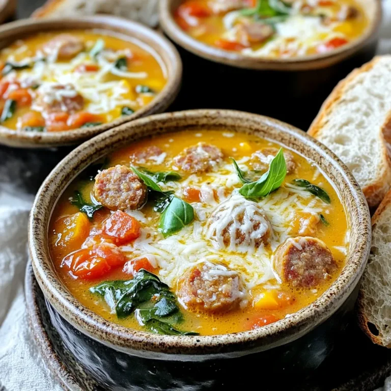To make this soup, you need some key ingredients. Here’s the list: - 1 pound Italian sausage (sweet or spicy, casings removed) - 1 medium onion, diced - 3 cloves garlic, minced - 4 cups chicken broth - 1 can (14.5 oz) diced tomatoes (with juices) - 1 cup baby spinach, roughly chopped - 1 cup heavy cream - 1 teaspoon dried oregano - 1 teaspoon dried basil - Salt and pepper to taste - 1 cup shredded Parmesan cheese - 2 carrots, sliced - 2 celery stalks, diced These items bring rich flavors and a creamy texture to the soup. You can add some optional ingredients for extra taste. Try these: - Red pepper flakes for heat - Fresh herbs like basil or parsley - A splash of white wine - Other vegetables, such as bell peppers or zucchini These can make the soup even more delicious and unique. When serving the soup, garnishes and pairings make it special. Consider these: - Extra Parmesan cheese on top - Fresh basil or parsley for color - Crusty bread or garlic bread as a side These simple additions enhance the look and taste, making your meal feel gourmet. Start by gathering your ingredients. You will need: - 1 pound Italian sausage (sweet or spicy, casings removed) - 1 medium onion, diced - 3 cloves garlic, minced - 4 cups chicken broth - 1 can (14.5 oz) diced tomatoes (with juices) - 1 cup baby spinach, roughly chopped - 1 cup heavy cream - 1 teaspoon dried oregano - 1 teaspoon dried basil - Salt and pepper to taste - 1 cup shredded Parmesan cheese - 2 carrots, sliced - 2 celery stalks, diced First, brown the Italian sausage in a skillet over medium heat. Use a spatula to break it apart. Cook until it’s no longer pink. Drain any excess fat and set the sausage aside. In your slow cooker, combine the cooked sausage, diced onion, minced garlic, sliced carrots, and diced celery. Pour in the chicken broth and add the can of diced tomatoes with their juices. Give it a good stir to mix everything well. Next, sprinkle in the dried oregano, dried basil, salt, and pepper. Stir again to ensure all ingredients are combined. Cover the slow cooker and set it to cook on low for 6-7 hours or on high for 3-4 hours. About 30 minutes before serving, add the chopped spinach and heavy cream to the slow cooker. Stir gently to mix everything. Cover it again and let it cook for the remaining time. Just before serving, stir in the shredded Parmesan cheese. This will make your soup creamy and rich. Taste it and adjust the seasoning with extra salt and pepper if needed. Serve the soup in bowls, garnished with more Parmesan cheese and fresh herbs like basil or parsley. Enjoy this comforting dish with some crusty bread for a complete meal! To make your soup shine, add fresh herbs. Toss in a few sprigs of thyme or rosemary right before serving. This adds a burst of flavor. You can also use a splash of white wine while cooking. It brings a nice tang that pairs well with sausage. Don’t forget to taste as you go. Adjust the salt and pepper to make the flavors pop. If you want a thicker soup, try adding more cream or a small amount of cornstarch. Mix a tablespoon of cornstarch with cold water first, then stir it in as the soup cooks. For a thinner soup, just add more chicken broth. You can adjust this based on your taste. Remember, the soup will thicken as it cools, so keep that in mind. Italian sausage is the star here. You can pick sweet or spicy based on your taste. If you want a twist, try using chicken sausage for a lighter option. For a richer flavor, go for pork sausage. Just make sure to remove the casings. This way, the sausage cooks evenly and blends well with the other ingredients. {{image_2}} To make this soup vegetarian, swap the sausage for plant-based sausage. Look for brands that mimic the flavor of Italian sausage. You can also use mushrooms for a hearty texture. For vegan options, replace heavy cream with coconut cream or cashew cream. This keeps the soup rich and creamy without dairy. To make this soup gluten-free, use gluten-free sausage. Check the labels to ensure no hidden gluten. The other ingredients in the recipe are naturally gluten-free, so you don’t need to change much. Always verify your broth and any canned goods for gluten-free labels. This soup is great for adding more veggies. You can toss in bell peppers, zucchini, or kale. These add flavor and nutrients. Just chop them up and add them to the slow cooker with the other ingredients. They will cook down and blend nicely into the soup. To store your creamy Tuscan sausage soup, let it cool first. Then, use an airtight container. This keeps the soup fresh. You can store it in the fridge for up to three days. If you want to enjoy it later, freezing is also a great option. When you’re ready to eat your leftovers, take the soup out of the fridge. Pour it into a pot over medium heat. Stir often until it warms up. If you find it too thick, add a splash of broth or water. This will help bring back the creamy texture. To freeze your soup, use a freezer-safe container. Leave some space at the top, as the soup will expand when it freezes. The soup can last for up to three months in the freezer. When you want to eat it, thaw it overnight in the fridge. Then, reheat it on the stove as mentioned earlier. Enjoy your delicious soup anytime! Yes, you can. If you prefer chicken sausage, it works well. You can also try turkey sausage for a lighter dish. Just make sure to choose a flavor you like. Each sausage will change the soup's taste a bit. Using spicy sausage adds a nice kick. Sweet sausage makes it milder and richer. Be creative with your choice! To spice it up, add red pepper flakes. Start with a little and taste it. You can always add more if you want more heat. Another option is to use spicy Italian sausage instead. Fresh jalapeños or hot sauce can also bring the heat. Experiment with spices to find your perfect level of spice. Yes, you can make this soup on the stovetop! Start by browning the sausage in a large pot. After that, add the onion, garlic, carrots, and celery. Sauté until soft, then add the broth and tomatoes. Bring it to a boil, reduce heat, and let it simmer. Stir in the spinach and cream before serving. It cooks faster, usually around 30-40 minutes. This blog post covered how to make a creamy Tuscan sausage soup in a slow cooker. We looked at main and optional ingredients, plus garnishes. I shared step-by-step cooking instructions and helpful tips to make it flavorful. You can adapt the recipe for vegetarian options and find storage tips for leftovers. Remember, this soup is all about flavor. Feel free to get creative and make it your own. Enjoy your cooking!