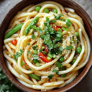 - 300g fresh udon noodles - 4 cloves garlic, minced - 2 tablespoons chili oil - 1 tablespoon sesame oil - 2 tablespoons soy sauce - 1 tablespoon rice vinegar - 1 tablespoon honey or maple syrup - 1 red bell pepper, sliced - 1 cup snap peas, trimmed - 3 green onions, sliced - Toasted sesame seeds for garnish - Fresh cilantro for garnish When you gather these ingredients, focus on freshness. Fresh udon noodles give a great texture. Use firm, bright red bell peppers and crisp snap peas for crunch. Minced garlic adds a strong flavor. The chili oil brings heat, while sesame oil adds a rich taste. Soy sauce and rice vinegar balance the dish with saltiness and a bit of tang. Honey or maple syrup sweetens it just right. Green onions, toasted sesame seeds, and fresh cilantro finish the meal beautifully. Each ingredient plays a major role in making this dish a delight. Start by boiling water in a pot. Add 300g of fresh udon noodles to the pot. Cook them for 2-3 minutes, following the package directions. Once done, drain the noodles. Rinse them under cold water to stop cooking. This keeps them firm and tasty. Set the noodles aside for later. Next, grab a large skillet or wok. Heat 2 tablespoons of chili oil over medium heat. When the oil is hot, add 4 cloves of minced garlic. Sauté the garlic for about 30 seconds. You want it fragrant but not burnt. Now, add 1 sliced red bell pepper and 1 cup of trimmed snap peas to the skillet. Stir-fry the veggies for 2-3 minutes. They should be tender but still crisp. In a small bowl, whisk together the sauce. Combine 2 tablespoons of soy sauce, 1 tablespoon of sesame oil, 1 tablespoon of rice vinegar, and 1 tablespoon of honey or maple syrup. This sauce adds a rich flavor to the dish. Make sure it is well-mixed. Now it’s time to bring it all together. Add the cooked udon noodles to the skillet with the veggies. Pour the spicy sauce over the noodles. Toss everything gently until the noodles and veggies are coated in sauce. Heat it all through for another 2-3 minutes. Finally, remove from heat. Sprinkle sliced green onions on top and toss gently again. Serve the spicy garlic udon noodles in bowls. Garnish with toasted sesame seeds and fresh cilantro. Enjoy your delicious meal! - Fresh is Best: Always use fresh udon noodles if you can. They taste better and cook faster. - Boil Water First: Make sure your water is boiling before adding the noodles. This keeps them from getting mushy. - Cold Rinse: After cooking, rinse the noodles under cold water. This stops the cooking and makes them firm. - Don't Overcook: Follow the package instructions closely. Fresh noodles usually need only 2-3 minutes to cook. - Add Protein: Chicken, shrimp, or tofu can make this dish heartier. Just cook them in the skillet before adding the vegetables. - Spice It Up: For more heat, add sliced fresh chili peppers or a sprinkle of red pepper flakes. - Vegetable Variety: Feel free to mix in other veggies like broccoli or carrots. They add color and nutrition. - Herb Boost: Fresh herbs like basil or mint can give a fresh twist to the dish. - Colorful Bowls: Serve the noodles in bright bowls. The colors of the veggies pop against the noodles. - Garnish Well: Don't skip the toasted sesame seeds and fresh cilantro. They add great flavor and looks. - Serve Hot: Serve immediately while the noodles are warm. This keeps the flavors fresh and vibrant. - Pair with Sides: Consider serving with a light salad or some spring rolls for a full meal experience. {{image_2}} You can add protein to your spicy garlic udon noodles for more flavor. Chicken, shrimp, or tofu work great. If you choose chicken, cut it into small pieces. Cook it in the skillet before adding garlic. For shrimp, add it after the garlic has sautéed. Cook until it turns pink. If you prefer tofu, use firm tofu. Cut it into cubes, fry until golden, then toss it in with your veggies. If you need a gluten-free option, udon noodles are not the best choice. Instead, try rice noodles or quinoa noodles. They both soak up the flavors well. Cook them according to the package instructions. The cooking times may vary, so keep an eye on them. This way, you still enjoy a tasty dish without gluten. To make this dish vegan, you can easily swap some ingredients. Use maple syrup instead of honey for sweetness. If you want a protein boost, add more tofu or even chickpeas. For the sauce, ensure your soy sauce is vegan. These changes keep the flavors rich while making the dish plant-based. You won't miss the animal products at all! To keep your spicy garlic udon noodles fresh, store them in an airtight container. Make sure they cool down before sealing. You can keep them in the fridge for up to three days. If you want to save them longer, freezing is a good option. When it's time to enjoy leftovers, use a microwave or a skillet. If using a microwave, heat in short bursts, stirring in between. For a skillet, add a splash of water or oil. This helps to rehydrate the noodles and keeps them from drying out. Heat until warm, about 2-3 minutes. To freeze your spicy garlic udon noodles, portion them into freezer-safe bags. Try to remove as much air as possible before sealing. They can last up to three months in the freezer. When you’re ready to eat, thaw in the fridge overnight before reheating. This helps maintain texture and flavor. You can use other noodles if you don't have udon. Try soba or rice noodles. Spaghetti also works in a pinch. Each option gives a different texture and taste. To change the spice level, add more or less chili oil. Use less for a milder dish. If you like heat, add fresh chili slices or red pepper flakes. Taste the sauce before mixing to ensure it fits your preference. Yes, you can make this dish ahead. Cook the noodles and stir-fry the veggies. Store them separately in the fridge. When ready to eat, reheat and mix the sauce. This keeps everything fresh and tasty. Pair udon noodles with simple sides. A light salad with sesame dressing works well. You can also serve steamed bok choy or edamame. These sides add balance and nutrition to your meal. In this article, we explored how to make a delicious udon noodle dish. We covered ingredients like fresh udon, garlic, and vibrant veggies. Then, we walked through each cooking step, from boiling the noodles to making the spicy sauce. I also shared tips for perfecting your dish and suggested fun variations. Remember, leftovers can be stored or frozen easily. Enjoy your cooking journey and don’t hesitate to customize the recipe to suit your taste. Happy cooking!