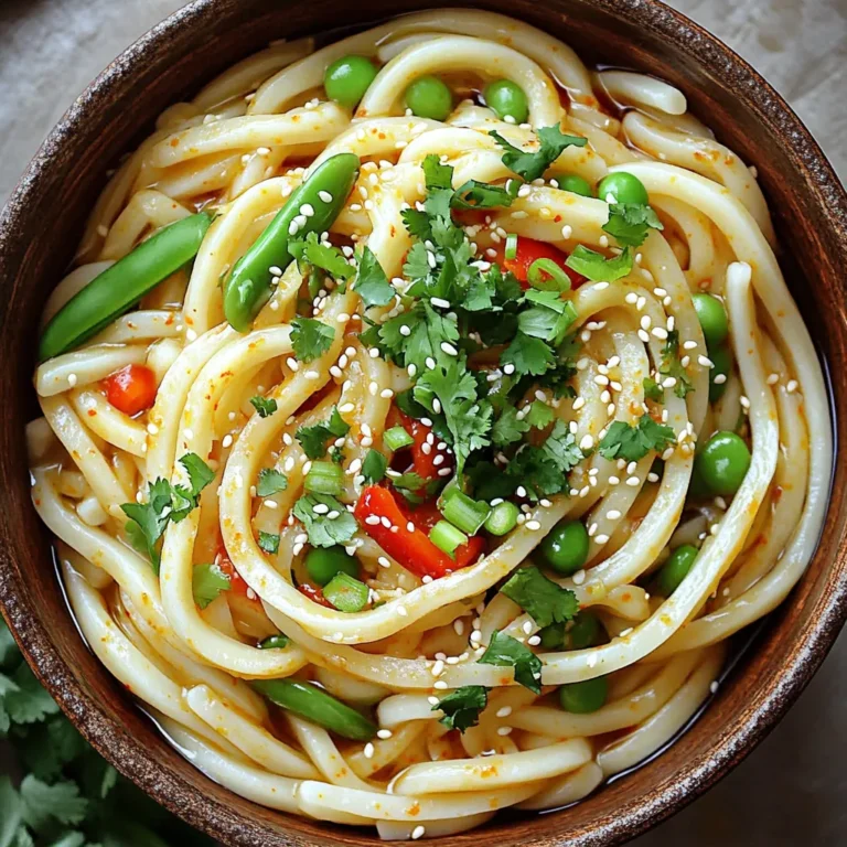 - 300g fresh udon noodles - 4 cloves garlic, minced - 2 tablespoons chili oil - 1 tablespoon sesame oil - 2 tablespoons soy sauce - 1 tablespoon rice vinegar - 1 tablespoon honey or maple syrup - 1 red bell pepper, sliced - 1 cup snap peas, trimmed - 3 green onions, sliced - Toasted sesame seeds for garnish - Fresh cilantro for garnish When you gather these ingredients, focus on freshness. Fresh udon noodles give a great texture. Use firm, bright red bell peppers and crisp snap peas for crunch. Minced garlic adds a strong flavor. The chili oil brings heat, while sesame oil adds a rich taste. Soy sauce and rice vinegar balance the dish with saltiness and a bit of tang. Honey or maple syrup sweetens it just right. Green onions, toasted sesame seeds, and fresh cilantro finish the meal beautifully. Each ingredient plays a major role in making this dish a delight. Start by boiling water in a pot. Add 300g of fresh udon noodles to the pot. Cook them for 2-3 minutes, following the package directions. Once done, drain the noodles. Rinse them under cold water to stop cooking. This keeps them firm and tasty. Set the noodles aside for later. Next, grab a large skillet or wok. Heat 2 tablespoons of chili oil over medium heat. When the oil is hot, add 4 cloves of minced garlic. Sauté the garlic for about 30 seconds. You want it fragrant but not burnt. Now, add 1 sliced red bell pepper and 1 cup of trimmed snap peas to the skillet. Stir-fry the veggies for 2-3 minutes. They should be tender but still crisp. In a small bowl, whisk together the sauce. Combine 2 tablespoons of soy sauce, 1 tablespoon of sesame oil, 1 tablespoon of rice vinegar, and 1 tablespoon of honey or maple syrup. This sauce adds a rich flavor to the dish. Make sure it is well-mixed. Now it’s time to bring it all together. Add the cooked udon noodles to the skillet with the veggies. Pour the spicy sauce over the noodles. Toss everything gently until the noodles and veggies are coated in sauce. Heat it all through for another 2-3 minutes. Finally, remove from heat. Sprinkle sliced green onions on top and toss gently again. Serve the spicy garlic udon noodles in bowls. Garnish with toasted sesame seeds and fresh cilantro. Enjoy your delicious meal! - Fresh is Best: Always use fresh udon noodles if you can. They taste better and cook faster. - Boil Water First: Make sure your water is boiling before adding the noodles. This keeps them from getting mushy. - Cold Rinse: After cooking, rinse the noodles under cold water. This stops the cooking and makes them firm. - Don't Overcook: Follow the package instructions closely. Fresh noodles usually need only 2-3 minutes to cook. - Add Protein: Chicken, shrimp, or tofu can make this dish heartier. Just cook them in the skillet before adding the vegetables. - Spice It Up: For more heat, add sliced fresh chili peppers or a sprinkle of red pepper flakes. - Vegetable Variety: Feel free to mix in other veggies like broccoli or carrots. They add color and nutrition. - Herb Boost: Fresh herbs like basil or mint can give a fresh twist to the dish. - Colorful Bowls: Serve the noodles in bright bowls. The colors of the veggies pop against the noodles. - Garnish Well: Don't skip the toasted sesame seeds and fresh cilantro. They add great flavor and looks. - Serve Hot: Serve immediately while the noodles are warm. This keeps the flavors fresh and vibrant. - Pair with Sides: Consider serving with a light salad or some spring rolls for a full meal experience. {{image_2}} You can add protein to your spicy garlic udon noodles for more flavor. Chicken, shrimp, or tofu work great. If you choose chicken, cut it into small pieces. Cook it in the skillet before adding garlic. For shrimp, add it after the garlic has sautéed. Cook until it turns pink. If you prefer tofu, use firm tofu. Cut it into cubes, fry until golden, then toss it in with your veggies. If you need a gluten-free option, udon noodles are not the best choice. Instead, try rice noodles or quinoa noodles. They both soak up the flavors well. Cook them according to the package instructions. The cooking times may vary, so keep an eye on them. This way, you still enjoy a tasty dish without gluten. To make this dish vegan, you can easily swap some ingredients. Use maple syrup instead of honey for sweetness. If you want a protein boost, add more tofu or even chickpeas. For the sauce, ensure your soy sauce is vegan. These changes keep the flavors rich while making the dish plant-based. You won't miss the animal products at all! To keep your spicy garlic udon noodles fresh, store them in an airtight container. Make sure they cool down before sealing. You can keep them in the fridge for up to three days. If you want to save them longer, freezing is a good option. When it's time to enjoy leftovers, use a microwave or a skillet. If using a microwave, heat in short bursts, stirring in between. For a skillet, add a splash of water or oil. This helps to rehydrate the noodles and keeps them from drying out. Heat until warm, about 2-3 minutes. To freeze your spicy garlic udon noodles, portion them into freezer-safe bags. Try to remove as much air as possible before sealing. They can last up to three months in the freezer. When you’re ready to eat, thaw in the fridge overnight before reheating. This helps maintain texture and flavor. You can use other noodles if you don't have udon. Try soba or rice noodles. Spaghetti also works in a pinch. Each option gives a different texture and taste. To change the spice level, add more or less chili oil. Use less for a milder dish. If you like heat, add fresh chili slices or red pepper flakes. Taste the sauce before mixing to ensure it fits your preference. Yes, you can make this dish ahead. Cook the noodles and stir-fry the veggies. Store them separately in the fridge. When ready to eat, reheat and mix the sauce. This keeps everything fresh and tasty. Pair udon noodles with simple sides. A light salad with sesame dressing works well. You can also serve steamed bok choy or edamame. These sides add balance and nutrition to your meal. In this article, we explored how to make a delicious udon noodle dish. We covered ingredients like fresh udon, garlic, and vibrant veggies. Then, we walked through each cooking step, from boiling the noodles to making the spicy sauce. I also shared tips for perfecting your dish and suggested fun variations. Remember, leftovers can be stored or frozen easily. Enjoy your cooking journey and don’t hesitate to customize the recipe to suit your taste. Happy cooking!