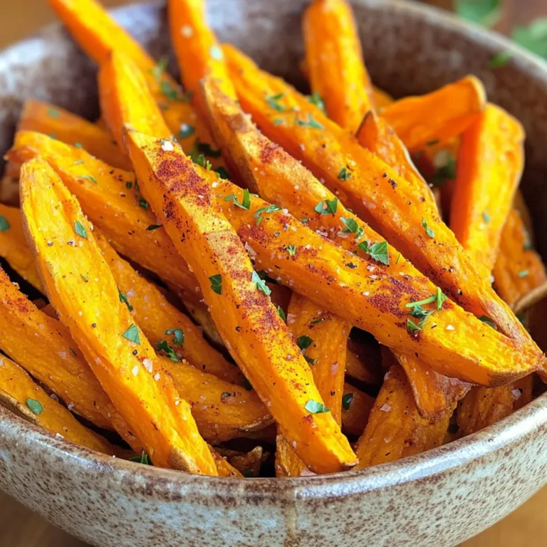- 2 large sweet potatoes - 2 tablespoons olive oil - 1 teaspoon paprika - 1 teaspoon garlic powder - ½ teaspoon salt - ½ teaspoon black pepper - ½ teaspoon cayenne pepper (optional for heat) - Fresh herbs (like parsley or cilantro) for garnish You can change the taste of your fries with some fun options. Try adding: - 1 teaspoon onion powder for a savory kick - 1 tablespoon grated Parmesan cheese for a cheesy flavor - A squeeze of lime juice for a zesty touch If you don’t have some ingredients, don’t worry! Here are some easy swaps: - Use avocado oil instead of olive oil for a different flavor. - Swap paprika with chili powder for a spicier taste. - Use regular potatoes if sweet potatoes are not available. Feel free to mix and match these ingredients to find your perfect fry! First, you need two large sweet potatoes. Wash them well under cold water. This removes any dirt. Next, peel the sweet potatoes with a vegetable peeler. After that, cut them into thin fries. Aim for about 1/4 inch thick. Thinner fries cook better and get crispier. Now, take a large mixing bowl. Add the cut fries to the bowl. Pour in 2 tablespoons of olive oil. Toss the fries gently to coat them. This step is key for crispiness. Next, sprinkle in 1 teaspoon of paprika, 1 teaspoon of garlic powder, ½ teaspoon of salt, ½ teaspoon of black pepper, and ½ teaspoon of cayenne pepper if you want heat. Toss again to ensure the spices stick well. Preheat your air fryer to 400°F (200°C). Once hot, place the seasoned fries in the air fryer basket. Make sure to arrange them in a single layer. Avoid overcrowding to achieve that perfect crisp. You might need to cook in batches. Air fry the fries for 15-18 minutes. Remember to shake the basket halfway through. This helps them cook evenly. When golden brown and crispy, remove them from the air fryer. Let them cool slightly. Garnish with fresh herbs like parsley or cilantro for extra flavor. To get the crispiest sweet potato fries, cut them evenly. Aim for about 1/4 inch thick. Thinner fries will crisp up better. After cutting, soak the fries in water for 30 minutes. This removes extra starch and helps them crisp. Pat them dry with a towel before cooking. This step is key! While the basic seasoning is great, you can try other flavors. For a cheesy taste, add some grated Parmesan. If you like spicy, increase the cayenne pepper. Try using Italian herbs like oregano or thyme for a fresh twist. You can even sprinkle some smoked paprika for added depth. Cooking the fries in a single layer is important. It allows for better air flow and even cooking. If you overcrowd the basket, they will steam instead of crisp. If you have a lot of fries, cook them in batches. This may take a little longer, but the crispiness is worth it! {{image_2}} To make spicy sweet potato fries, add more heat! Use more cayenne pepper. Start with 1 teaspoon instead of ½ teaspoon. This will give you a nice kick. You can also add chili powder or hot sauce for extra spice. Toss the fries with your spices before cooking. This adds flavor that packs a punch. If you want to make loaded sweet potato fries, think toppings! After cooking, add cheese, jalapeños, and sour cream. You can also use guacamole or black beans. Layer these on top of the crispy fries. This turns a simple side into a tasty meal. It’s perfect for game day or a fun snack. For herb-infused sweet potato fries, use fresh herbs. After frying, sprinkle the fries with chopped parsley or cilantro. You can even mix in dried herbs like rosemary or thyme before cooking. These add a fresh, bright flavor. This variation is great for summer meals and barbecues. It makes the fries stand out on the plate. To store leftover fries, let them cool first. Place them in an airtight container. Keep the container in the fridge. They stay fresh for about three days. Avoid stacking them too high. This helps keep them from getting soggy. For the best texture, reheat in the air fryer. Preheat it to 350°F (175°C). Spread the fries in a single layer. Heat for about 5-7 minutes. Check them often to avoid burning. This method keeps them crispy and delicious. You can freeze sweet potato fries for later. First, cook them until they are just tender. Let them cool completely. Spread them on a baking sheet in a single layer. Freeze for about an hour. Then, transfer them to a freezer bag. They can last for up to three months in the freezer. When ready, cook straight from frozen. Adjust the time to ensure they cook through and get crispy. Yes, you can use regular potatoes. Russet potatoes work well too. They will have a different taste but still be delicious. Just remember to adjust the cooking time as needed. Thin cuts help them cook faster and get crispy. Fries may not be crispy for several reasons. Overcrowding the air fryer is a common cause. Make sure to arrange fries in a single layer. Another reason could be excess moisture on the sweet potatoes. Pat them dry with a towel after washing. Lastly, not enough oil can lead to soggy fries. Ensure you coat them lightly in oil for the best texture. You can make fries without oil, but they may not be as crispy. Oil helps create that golden, crunchy texture. If you want to skip oil, try using an oil spray to give a light coat. You can also bake them in the oven, but air frying yields a better crisp. We explored how to make delicious sweet potato fries, from choosing the right ingredients to perfecting the cooking process. You learned tips to achieve maximum crispiness and tasty flavor variations. Remember, cooking is fun! Experiment with your fries to find what you love best. Don’t forget to store and reheat them properly to enjoy later. Now, you have all the tools you need to make tasty sweet potato fries that everyone will love! Enjoy your cooking adventure!
