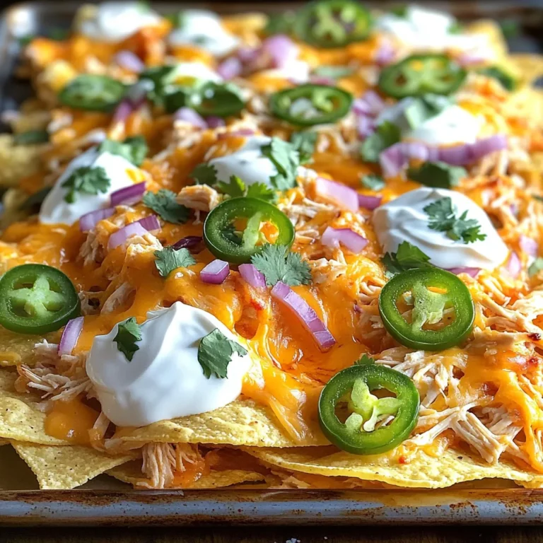- 2 cups cooked chicken, shredded - ½ cup buffalo sauce - 1 bag tortilla chips (around 10 oz) - 1 cup shredded sharp cheddar cheese - 1 cup shredded mozzarella cheese - ½ cup blue cheese crumbles These ingredients are key for tasty buffalo chicken nachos. The shredded chicken brings protein. The buffalo sauce adds heat and flavor. Tortilla chips provide a crunchy base. Cheddar and mozzarella cheeses melt well for a gooey topping. Blue cheese crumbles give a tangy kick. - 1 jalapeño, sliced - ½ red onion, finely chopped - ¼ cup green onions, chopped - ½ cup sour cream (for drizzling) - Fresh cilantro, for garnish Adding these toppings makes the nachos special. Jalapeños add spice. Red onion gives crunch and flavor. Green onions offer a fresh taste. Sour cream cools the heat from the buffalo sauce. Fresh cilantro adds color and flavor. - Salt and pepper, to taste Salt and pepper are simple but important. They help enhance all the flavors. Add them based on your taste. Adjusting these can make a big difference in your dish. - Preheat your oven to 400°F (200°C). - In a medium bowl, mix 2 cups of shredded chicken with ½ cup of buffalo sauce. Make sure the chicken is well coated in the sauce. This step gives your nachos that zesty kick. Set this mixture aside while you prepare the chips. - Grab a large baking sheet and spread out a bag of tortilla chips in an even layer. Make sure the chips cover the whole sheet. - Evenly distribute your buffalo chicken mixture on top of the tortilla chips. - Sprinkle 1 cup of shredded sharp cheddar cheese and 1 cup of shredded mozzarella cheese generously over the chicken. The more cheese, the better! - Add slices of jalapeños and chopped red onion for extra flavor. - Place your baking sheet in the preheated oven. Bake for about 10 to 12 minutes. Watch for the cheese to melt and get bubbly. - Once it’s ready, take it out of the oven. Now, sprinkle ½ cup of blue cheese crumbles and ¼ cup of chopped green onions on top. - Drizzle ½ cup of sour cream over everything. This adds a nice cool touch to balance the spice. - Finish with fresh cilantro for a pop of color and taste. Your nachos are now ready to serve! - Ensure chicken is evenly coated in buffalo sauce. This gives every bite a kick. Use your hands or a spoon to mix well. - Use a mix of cheeses for flavor. Sharp cheddar and mozzarella blend nicely. Blue cheese adds a rich taste, too. - Serve hot for the best taste. The cheese stays creamy and gooey. If you serve it cold, the chips lose their crunch. - For gatherings, present nachos on a big platter. Scatter jalapeños and cilantro around for color. It looks fun and inviting. - Avoid overloading with toppings. Too many toppings can make nachos soggy. Stick to a few key ingredients for the best balance. - Don’t forget to preheat the oven. Proper preheating makes sure the cheese melts evenly. It also helps the chips stay crispy. {{image_2}} You can easily switch up the protein in this dish. Try ground turkey or beef for a new flavor. Each option brings a unique taste while keeping the dish hearty. For cheese, you can use pepper jack or gouda instead of cheddar and mozzarella. This change adds a smoky or spicy twist to your nachos. If you love heat, add more sliced jalapeños on top. You can also mix in extra buffalo sauce for a kick. For those who want even more spice, try adding a few dashes of your favorite hot sauce. This will make each bite a fiery delight! You can make a tasty vegetarian version by swapping out chicken for roasted vegetables. Bell peppers, zucchini, or mushrooms all work great. Use vegan cheese instead of the regular cheeses to keep it plant-based. This way, everyone can enjoy a delicious plate of nachos! To keep your nachos fresh, store them in an airtight container. First, let them cool. Then, place them in the container. You can layer them with parchment paper to avoid sticking. Keep them in the fridge for up to three days. This helps maintain flavor and texture. To reheat your nachos, use the oven for the best results. Preheat your oven to 350°F (175°C). Spread the nachos on a baking sheet. Heat them for about 10 minutes until warm and crispy. You can also microwave them, but they might get soggy. If using a microwave, heat in short bursts. These nachos stay fresh for about three days in the fridge. After that, they may lose their taste and crunch. If you want to keep them longer, consider freezing them. However, freezing can change the texture, so it’s best to eat them fresh. Yes, you can prepare the chicken and toppings in advance. Cook the chicken and mix it with buffalo sauce. Store this mixture in the fridge. You can also chop the veggies and keep them ready. Just layer the nachos and bake them right before serving. This makes it easy for parties or game days. To spice up your nachos, add more jalapeños. You can also drizzle extra buffalo sauce on top. If you like it really hot, try using a hotter sauce. Another idea is to add diced fresh chili peppers. This will boost the heat and flavor in every bite. Buffalo chicken nachos pair well with many sides. You could serve celery and carrot sticks. They add a nice crunch and freshness. Another good option is a simple salad with ranch dressing. Chips and guacamole work great too. You can even serve extra buffalo sauce on the side for dipping. Absolutely! Using store-bought rotisserie chicken saves time. Just shred the chicken and mix it with buffalo sauce. This step keeps the dish simple and quick. It still tastes great and makes meal prep easy. You can enjoy these nachos without spending too much time in the kitchen. Buffalo chicken nachos combine fun flavors and easy steps. You learned the must-have ingredients, from shredded chicken to tasty cheeses. I shared tips for layering and baking so your nachos turn out great. Remember to avoid common mistakes like overloading them with toppings. You can vary the recipe with different proteins or veggies. Lastly, proper storage keeps leftovers fresh. Enjoy making these nachos for any gathering! They are sure to be a hit.