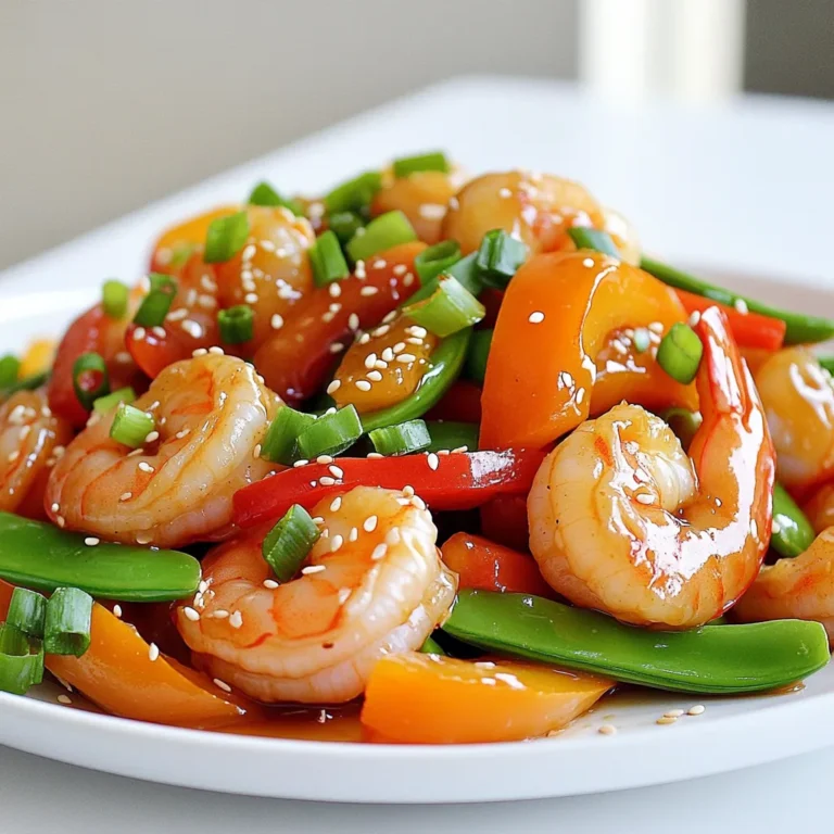 To make a tasty Honey Garlic Shrimp Stir-Fry, you need some key ingredients. Here’s what you will need: - 1 pound large shrimp, peeled and deveined - 3 tablespoons honey - 2 tablespoons soy sauce (or tamari for gluten-free) - 3 cloves garlic, minced - 1 tablespoon fresh ginger, minced - 1 cup bell peppers (mixed colors), sliced - 1 cup snap peas - 2 green onions, chopped - 2 tablespoons vegetable oil - Sesame seeds for garnish - Salt and pepper to taste These ingredients come together quickly for a fresh and flavorful dish. You can add extra flavors to your stir-fry. Consider these optional ingredients: - Red pepper flakes for heat - Fresh cilantro for a fresh taste - Sliced mushrooms for a savory touch - Baby corn for added crunch These additions can make your dish even more exciting. If you have dietary needs, here are some good swaps: - Use shrimp alternatives like chicken or tofu. - Replace soy sauce with coconut aminos for a soy-free option. - Choose low-sodium soy sauce to cut back on salt. - Use agave nectar instead of honey for a vegan option. These substitutions ensure everyone can enjoy this dish, no matter their diet. This dish takes just 15 minutes. First, you will make the sauce. Then, you will cook the shrimp. Finally, you will add the veggies and sauce. 1. Make the Sauce (2 minutes): In a small bowl, mix honey, soy sauce, minced garlic, and ginger. This will add great flavor to your dish. 2. Heat the Pan (1 minute): Heat vegetable oil in a large skillet or wok over medium-high heat. Make sure the oil is hot before adding shrimp. 3. Cook the Shrimp (3-4 minutes): Add 1 pound of shrimp to the pan. Season lightly with salt and pepper. Sauté for about 2-3 minutes. Cook until shrimp turn pink and opaque. 4. Add Vegetables (2-3 minutes): Add 1 cup of sliced bell peppers and 1 cup of snap peas. Stir constantly for 2-3 minutes. Cook until veggies are tender-crisp. 5. Combine Sauce with Shrimp and Veggies (2 minutes): Pour the honey garlic sauce over the mixture. Stir well to coat everything with sauce. Cook for another 1-2 minutes until sauce thickens slightly. 6. Finish with Green Onions (1 minute): Remove from heat. Stir in 2 chopped green onions. This adds a fresh crunch. Serve your honey garlic shrimp stir-fry right away. Garnish with sesame seeds for a nice touch. Enjoy this colorful dish packed with flavors! To cook shrimp just right, start with fresh, large shrimp. Look for shrimp that are firm and have a slight sheen. Peel and devein them before cooking. In the pan, do not overcrowd the shrimp. Give them space to cook evenly. Sauté them for 2-3 minutes until they turn pink. That means they’re ready. Overcooking makes shrimp tough, so keep a close eye. The key to flavor is the sauce. Mix honey, soy sauce, garlic, and ginger in a bowl. This sweet and savory blend works wonders. Adjust the honey or soy sauce to match your taste. Add a pinch of salt and pepper to enhance the dish. Fresh veggies like bell peppers and snap peas bring brightness and crunch. Stir them in at the right time for the best texture. Prep your ingredients before you start cooking. Chop the veggies and mix the sauce in advance. This way, you can cook quickly without rushing. Use a non-stick skillet or wok to avoid sticking. Heat it well before adding the oil and shrimp. This keeps your cooking smooth and fast. Finally, serve it hot from the pan. Enjoy a quick meal in just 15 minutes! {{image_2}} You can swap shrimp for chicken or tofu. Chicken adds a hearty texture. For chicken, use boneless and skinless thighs. Cut them into bite-sized pieces. Cook them in the same way as shrimp. Tofu is great for a plant-based meal. Choose firm tofu, and press it to remove extra water. Cut it into cubes and sauté it until golden brown. Both options work well with the honey garlic sauce. Feel free to mix in different veggies. Broccoli, carrots, or zucchini can enhance the dish. You can also add mushrooms for an earthy flavor. Always choose vegetables that cook quickly. Cut them into small pieces for even cooking. This keeps them tender but still crisp. Use what you have on hand. It's a great way to clean out your fridge. If you like heat, add red pepper flakes or sriracha. Start with a small amount and taste as you go. This adds a nice kick without overpowering the dish. You can also use fresh chili peppers for a bright flavor. Mix it into the honey garlic sauce for more depth. Enjoy the balance of sweet and spicy in every bite. After you enjoy your Honey Garlic Shrimp Stir-Fry, store leftovers right away. Use an airtight container. This keeps the dish fresh and tasty. Let your stir-fry cool down first. Then, seal it tightly and put it in the fridge. It’s best to eat leftovers within three days for the best flavor and safety. When you’re ready to eat your leftovers, reheating correctly is key. You can use a skillet over medium heat. Add a splash of water or oil. This helps keep the shrimp and veggies moist. Stir often until everything is hot. You can also microwave the dish in short bursts. Stir in between to heat it evenly. Some parts of the stir-fry last longer than others. The shrimp should be cooked and eaten within three days. The bell peppers and snap peas can last a week in the fridge. The honey and soy sauce keep well for months. Always check for signs of spoilage before using. Proper storage makes sure your dish stays safe and delicious! It takes just 15 minutes to cook this dish. You will spend 5 minutes prepping and 10 minutes cooking. This quick time makes it great for busy nights. Yes, you can prep some ingredients ahead of time. Chop the veggies and make the sauce earlier. Store them in the fridge for up to a day. This helps save time when you cook. This dish is low in calories and high in protein. One serving has about 220 calories. It provides a good amount of vitamins from the veggies. Shrimp is also a great source of lean protein. Yes, you can make this dish gluten-free easily. Just use tamari instead of soy sauce. This simple swap lets everyone enjoy the meal without worries. In this blog post, we covered the key ingredients for a delicious honey garlic shrimp stir-fry. I shared step-by-step cooking instructions that ensure great results every time. We talked about tips for perfect shrimp and how to save time in the kitchen. You learned about tasty variations and how to store your dish for later. Remember, you can customize this recipe based on your needs. Enjoy making your dish flavorful and easy! Happy cooking!