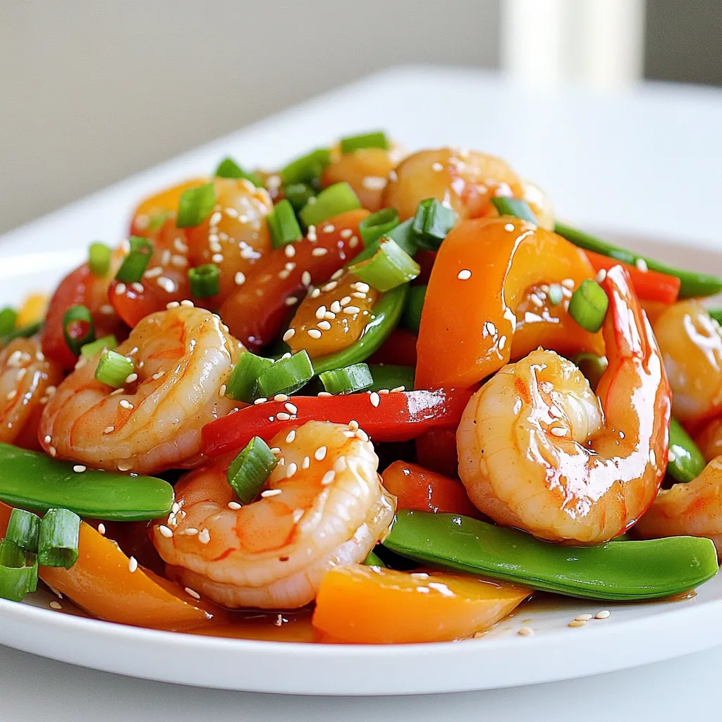 To make a tasty Honey Garlic Shrimp Stir-Fry, you need some key ingredients. Here’s what you will need: - 1 pound large shrimp, peeled and deveined - 3 tablespoons honey - 2 tablespoons soy sauce (or tamari for gluten-free) - 3 cloves garlic, minced - 1 tablespoon fresh ginger, minced - 1 cup bell peppers (mixed colors), sliced - 1 cup snap peas - 2 green onions, chopped - 2 tablespoons vegetable oil - Sesame seeds for garnish - Salt and pepper to taste These ingredients come together quickly for a fresh and flavorful dish. You can add extra flavors to your stir-fry. Consider these optional ingredients: - Red pepper flakes for heat - Fresh cilantro for a fresh taste - Sliced mushrooms for a savory touch - Baby corn for added crunch These additions can make your dish even more exciting. If you have dietary needs, here are some good swaps: - Use shrimp alternatives like chicken or tofu. - Replace soy sauce with coconut aminos for a soy-free option. - Choose low-sodium soy sauce to cut back on salt. - Use agave nectar instead of honey for a vegan option. These substitutions ensure everyone can enjoy this dish, no matter their diet. This dish takes just 15 minutes. First, you will make the sauce. Then, you will cook the shrimp. Finally, you will add the veggies and sauce. 1. Make the Sauce (2 minutes): In a small bowl, mix honey, soy sauce, minced garlic, and ginger. This will add great flavor to your dish. 2. Heat the Pan (1 minute): Heat vegetable oil in a large skillet or wok over medium-high heat. Make sure the oil is hot before adding shrimp. 3. Cook the Shrimp (3-4 minutes): Add 1 pound of shrimp to the pan. Season lightly with salt and pepper. Sauté for about 2-3 minutes. Cook until shrimp turn pink and opaque. 4. Add Vegetables (2-3 minutes): Add 1 cup of sliced bell peppers and 1 cup of snap peas. Stir constantly for 2-3 minutes. Cook until veggies are tender-crisp. 5. Combine Sauce with Shrimp and Veggies (2 minutes): Pour the honey garlic sauce over the mixture. Stir well to coat everything with sauce. Cook for another 1-2 minutes until sauce thickens slightly. 6. Finish with Green Onions (1 minute): Remove from heat. Stir in 2 chopped green onions. This adds a fresh crunch. Serve your honey garlic shrimp stir-fry right away. Garnish with sesame seeds for a nice touch. Enjoy this colorful dish packed with flavors! To cook shrimp just right, start with fresh, large shrimp. Look for shrimp that are firm and have a slight sheen. Peel and devein them before cooking. In the pan, do not overcrowd the shrimp. Give them space to cook evenly. Sauté them for 2-3 minutes until they turn pink. That means they’re ready. Overcooking makes shrimp tough, so keep a close eye. The key to flavor is the sauce. Mix honey, soy sauce, garlic, and ginger in a bowl. This sweet and savory blend works wonders. Adjust the honey or soy sauce to match your taste. Add a pinch of salt and pepper to enhance the dish. Fresh veggies like bell peppers and snap peas bring brightness and crunch. Stir them in at the right time for the best texture. Prep your ingredients before you start cooking. Chop the veggies and mix the sauce in advance. This way, you can cook quickly without rushing. Use a non-stick skillet or wok to avoid sticking. Heat it well before adding the oil and shrimp. This keeps your cooking smooth and fast. Finally, serve it hot from the pan. Enjoy a quick meal in just 15 minutes! {{image_2}} You can swap shrimp for chicken or tofu. Chicken adds a hearty texture. For chicken, use boneless and skinless thighs. Cut them into bite-sized pieces. Cook them in the same way as shrimp. Tofu is great for a plant-based meal. Choose firm tofu, and press it to remove extra water. Cut it into cubes and sauté it until golden brown. Both options work well with the honey garlic sauce. Feel free to mix in different veggies. Broccoli, carrots, or zucchini can enhance the dish. You can also add mushrooms for an earthy flavor. Always choose vegetables that cook quickly. Cut them into small pieces for even cooking. This keeps them tender but still crisp. Use what you have on hand. It's a great way to clean out your fridge. If you like heat, add red pepper flakes or sriracha. Start with a small amount and taste as you go. This adds a nice kick without overpowering the dish. You can also use fresh chili peppers for a bright flavor. Mix it into the honey garlic sauce for more depth. Enjoy the balance of sweet and spicy in every bite. After you enjoy your Honey Garlic Shrimp Stir-Fry, store leftovers right away. Use an airtight container. This keeps the dish fresh and tasty. Let your stir-fry cool down first. Then, seal it tightly and put it in the fridge. It’s best to eat leftovers within three days for the best flavor and safety. When you’re ready to eat your leftovers, reheating correctly is key. You can use a skillet over medium heat. Add a splash of water or oil. This helps keep the shrimp and veggies moist. Stir often until everything is hot. You can also microwave the dish in short bursts. Stir in between to heat it evenly. Some parts of the stir-fry last longer than others. The shrimp should be cooked and eaten within three days. The bell peppers and snap peas can last a week in the fridge. The honey and soy sauce keep well for months. Always check for signs of spoilage before using. Proper storage makes sure your dish stays safe and delicious! It takes just 15 minutes to cook this dish. You will spend 5 minutes prepping and 10 minutes cooking. This quick time makes it great for busy nights. Yes, you can prep some ingredients ahead of time. Chop the veggies and make the sauce earlier. Store them in the fridge for up to a day. This helps save time when you cook. This dish is low in calories and high in protein. One serving has about 220 calories. It provides a good amount of vitamins from the veggies. Shrimp is also a great source of lean protein. Yes, you can make this dish gluten-free easily. Just use tamari instead of soy sauce. This simple swap lets everyone enjoy the meal without worries. In this blog post, we covered the key ingredients for a delicious honey garlic shrimp stir-fry. I shared step-by-step cooking instructions that ensure great results every time. We talked about tips for perfect shrimp and how to save time in the kitchen. You learned about tasty variations and how to store your dish for later. Remember, you can customize this recipe based on your needs. Enjoy making your dish flavorful and easy! Happy cooking!