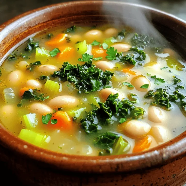 - 1 cup dried white beans (such as Great Northern or cannellini), rinsed and soaked overnight - 1 tablespoon olive oil - 1 medium onion, diced - 2 cloves garlic, minced - 3 carrots, sliced - 2 celery stalks, diced - 1 teaspoon dried thyme - 1 teaspoon dried rosemary - 4 cups vegetable broth - 1 (14-ounce) can diced tomatoes (with juice) - 1 bay leaf - 1 bunch kale, stems removed and chopped - Salt and pepper to taste - Juice of 1 lemon - Fresh parsley for garnish (optional) Gather the ingredients before you start. Using fresh veggies gives the soup great flavor. I love the way the dried white beans soak up all the tasty broth. They add a creamy texture that makes the soup hearty. You can use Great Northern or cannellini beans for this recipe. You’ll need some olive oil for cooking the onion and garlic. The onion adds sweetness, and garlic brings depth. Carrots and celery balance the soup with their crunch and flavor. Herbs like thyme and rosemary make it aromatic. Vegetable broth serves as the base and ties all the flavors together. Diced tomatoes add a nice tang and color. A bay leaf adds a subtle, earthy taste. Kale is the star green in this dish. It cooks down nicely and adds nutrition. Don’t forget the salt and pepper! They enhance the flavor. Lastly, a squeeze of lemon juice brightens everything up. If you want to get fancy, sprinkle fresh parsley on top for garnish. With these ingredients, you are set to create a warm and cozy bowl of soup. Enjoy every spoonful! To start, heat a skillet over medium heat. Add one tablespoon of olive oil. Once hot, throw in the diced onion. Sauté for about five minutes. The onion should turn translucent. Next, add two minced garlic cloves. Stir them in for about one minute. The smell will be amazing! Now, add three sliced carrots and two diced celery stalks. Cook these for another three to four minutes. You want them fragrant and slightly tender. This mix makes your soup taste great! After you sauté the veggies, transfer them to your slow cooker. Next, add one cup of soaked white beans. You can use Great Northern or cannellini beans. Sprinkle in one teaspoon each of dried thyme and dried rosemary for flavor. Now, pour in four cups of vegetable broth and one can of diced tomatoes with their juice. Don't forget to add one bay leaf. Stir everything well, so the flavors mix nicely. You can cook this soup on low or high. If you choose low, it will take about six to seven hours. On high, it will only take three to four hours. To know when the soup is ready, check if the beans are tender. The soup should smell rich and inviting. About thirty minutes before serving, stir in one bunch of chopped kale. Season it with salt, pepper, and the juice of one lemon. Remove the bay leaf before serving to make it perfect! To make your soup even better, try adding fresh herbs. Fresh thyme or basil adds a lovely touch. You can also sprinkle in a pinch of red pepper flakes for heat. Serve the soup with crusty bread or a fresh salad for a full meal. If you want a thicker soup, mash some beans against the side of the pot. This helps create a creamier texture. For garnishes, consider using a dollop of sour cream or a sprinkle of cheese. Fresh parsley adds a bright look too. If you're short on time, use canned white beans instead of dried ones. Just rinse and add them in the last hour of cooking. If you’re missing any veggies, swap them out for what you have. Zucchini or spinach works well. {{image_2}} You can use many types of beans in this soup. Great Northern or cannellini beans are perfect, but you can try others too. Navy beans work well for a creamy texture. Black beans add a rich color and flavor. Chickpeas can also be a fun twist. Each bean brings its own taste and texture to the dish. The base of the soup is solid, but you can change it up. Adding spinach or Swiss chard can boost vitamins and color. Zucchini or bell peppers bring a nice crunch. Sweet potatoes or potatoes add heartiness. Feel free to mix in your favorite veggies for variety. If you want to add protein, there are many options. For meat lovers, diced chicken or sausage works great. Just add it with the other ingredients. If you prefer plant-based protein, try adding lentils or tofu. Both options make the soup filling and healthy. To store leftovers, let the soup cool first. Use airtight containers to keep it fresh. Place the soup in the refrigerator. It will stay good for about 3 to 5 days. Always label your containers with the date. This way, you won’t forget how long it’s been. Freezing this soup is a great option. First, let it cool completely. Then, pour the soup into freezer-safe bags or containers. Leave some space at the top for expansion. Make sure to remove as much air as possible. This helps prevent freezer burn. The soup can last in the freezer for up to 3 months. To reheat, take out the soup from the fridge or freezer. If it’s frozen, let it thaw in the fridge overnight. Reheat on the stove over low heat. Stir often to avoid sticking. You can also use the microwave. Heat in short bursts, stirring in between. Make sure it’s hot all the way through before serving. Enjoy your warm bowl of soup! Soaking dried beans helps them cook faster and become tender. To soak beans, follow these steps: - Rinse the beans under cold water to remove dirt. - Place the beans in a bowl and cover them with water. - Let them soak overnight or for at least 8 hours. - Drain and rinse the beans before using them in your soup. Soaking makes the beans easier to digest, too! Yes, you can make this soup on the stovetop. Here’s how: - Sauté the onions, garlic, carrots, and celery in a pot. - Add the soaked beans, herbs, broth, and tomatoes. - Bring to a boil, then reduce heat to low. - Let it simmer for about 1.5 to 2 hours, or until the beans are tender. - Stir in the kale towards the end, just like in the slow cooker recipe. This method speeds up the cooking time and keeps all those great flavors. This soup can last about 4 to 5 days in the fridge. To store it: - Let the soup cool to room temperature. - Transfer it to an airtight container. - Keep it in the fridge. If you want to save it longer, consider freezing it. Just make sure to leave space in the container for the soup to expand. This blog post covered a tasty bean soup, detailing all the ingredients you'll need. You learned the steps to prepare vegetables and combine them in a slow cooker. I shared tips to enhance the flavor and adjust the texture. I also offered some fun variations and storage tips to enjoy later. In the end, this soup is not just nutritious; it's also easy to customize. Making it can bring joy and comfort to any meal.