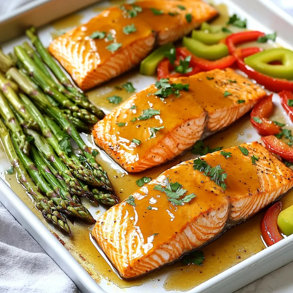 - 4 salmon fillets (6 oz each) - 1/4 cup pure maple syrup - 2 tablespoons soy sauce (low sodium) - 2 tablespoons Dijon mustard - 1 tablespoon fresh ginger, grated - 2 cloves garlic, minced - 1 teaspoon black pepper - 1 (1 lb) bunch of asparagus, trimmed - 1 red bell pepper, sliced - 1 tablespoon olive oil - Salt to taste - Fresh parsley, chopped (for garnish) For this recipe, I use fresh salmon fillets. They have a rich flavor that pairs well with the glaze. The maple syrup adds a sweet touch that balances the saltiness of the soy sauce. Fresh ginger and garlic give the dish a nice kick. Asparagus and red bell pepper not only add color but also provide a nutritious crunch. - Baking sheet - Parchment paper - Medium bowl - Whisk - Knife and cutting board You will need a good baking sheet for even cooking. Parchment paper makes clean-up easy. A medium bowl is perfect for mixing the glaze. Use a whisk to blend the ingredients well. A sharp knife and cutting board will help you prepare the vegetables quickly. Each tool plays an important role in making this dish simple and fun to cook! - Preheat oven to 400°F (200°C). - Line a large baking sheet with parchment paper for easy clean-up. - In a medium bowl, whisk together the following ingredients: - 1/4 cup pure maple syrup - 2 tablespoons low sodium soy sauce - 2 tablespoons Dijon mustard - 1 tablespoon fresh ginger, grated - 2 cloves garlic, minced - 1 teaspoon black pepper This glaze is rich and tasty. The mix of sweet and savory makes it special. - Place four salmon fillets on the prepared sheet. - Lightly season the salmon with salt. - Pour half of the maple glaze over the salmon. Make sure to coat it well. - In another bowl, toss the asparagus and red bell pepper slices with 1 tablespoon olive oil and a pinch of salt. - Spread the vegetables around the salmon on the baking sheet. - Drizzle the remaining glaze over the vegetables for added flavor. - Bake the salmon and vegetables in the preheated oven for 15-20 minutes. - The salmon should flake easily with a fork, and the asparagus should be tender-crisp. - For a nice finish, broil the pan for 2-3 minutes. This will caramelize the glaze on top. Keep an eye on it to avoid burning. - Once done, take it out and let it cool for a minute. This method creates a simple yet elegant meal that is full of flavor. To check for doneness, use a fork. Gently flake the salmon in the thickest part. If it flakes easily, it’s ready. Salmon should cook until it is opaque and tender. Cooking time may change based on the thickness of your fillets. Thicker pieces need more time. For a 6 oz fillet, aim for 15-20 minutes in the oven. Adjust the time if your fillets are thicker or thinner. You can add more flavors to the glaze. Try adding a splash of orange juice or a pinch of cayenne for heat. Honey or brown sugar can also add sweetness if you like it sweeter. For seasoning, experiment with fresh herbs like dill or thyme. A bit of lemon zest can brighten the dish, adding freshness. Garnish the salmon with chopped fresh parsley for a pop of color. You can also add lemon wedges for a bright touch. Serve the salmon on a large platter with the veggies spread around. This makes the dish look appealing and inviting. A side of rice or quinoa can complete the meal nicely. {{image_2}} If you don't have salmon, you can use other fish. Cod or trout works great. Both have a nice texture and flavor. Tilapia is another option, but it’s milder. Always adjust cooking time based on thickness. You can add various veggies to your sheet pan. Seasonal favorites include zucchini, carrots, or broccoli. These add color and taste. They pair well with the sweet maple glaze. Try mixing in green beans or brussels sprouts for a twist. You can grill the salmon for a smoky flavor. Just preheat your grill to medium-high. Place the fish on a grill basket or directly on the grates. Cook for about 5-7 minutes per side. Another option is cooking in foil packets. This keeps the fish moist. Just place the salmon and veggies in a piece of foil. Fold it tightly and cook on the grill or in the oven for about 20 minutes. Both methods give you a tasty meal! To keep your maple glazed salmon fresh, let it cool first. Place it in a clean, airtight container. Store it in the fridge for up to three days. When you reheat, use the oven or stovetop. This method keeps the salmon moist and tasty. To freeze salmon, wrap each fillet in plastic wrap. Then, place the wrapped salmon in a freezer bag. Press out as much air as you can. You can freeze it for up to three months. When ready to eat, thaw it in the fridge overnight. Reheat gently in the oven. This helps retain its flavor and texture. The salmon fillets can last in the fridge for about two days if raw. Cooked salmon stays good for three days. Asparagus and bell peppers are best used within a week. Store them in the fridge to keep them fresh. Always check for any signs of spoilage before using. For this recipe, bake the salmon for 15 to 20 minutes. The cooking time depends on the thickness of the fillets. You want the salmon to flake easily with a fork. If your fillets are thicker, you may need to add a few extra minutes. Always check for doneness to ensure a tasty dish. Yes, you can! There are different types of maple syrup. Each type has its own flavor. For example, light syrup is sweet and delicate. Dark syrup has a stronger taste and is great for this recipe. Use what you have on hand, but remember that the flavor will change slightly. Yes, this recipe can be made gluten-free! Use gluten-free soy sauce instead of regular soy sauce. This simple swap keeps the dish tasty and safe for those with gluten sensitivities. Always check labels to be sure. Enjoy your meal without worry! This blog covered how to make maple glazed salmon with step-by-step details. You learned about key ingredients, tools, and cooking tips. Also, I shared ways to customize the dish to suit your taste. Cooking should be fun and tasty. Enjoy your salmon with fresh veggies or try different flavors. With practice, you’ll impress family and friends at any meal. Don’t be afraid to experiment and make this recipe your own!