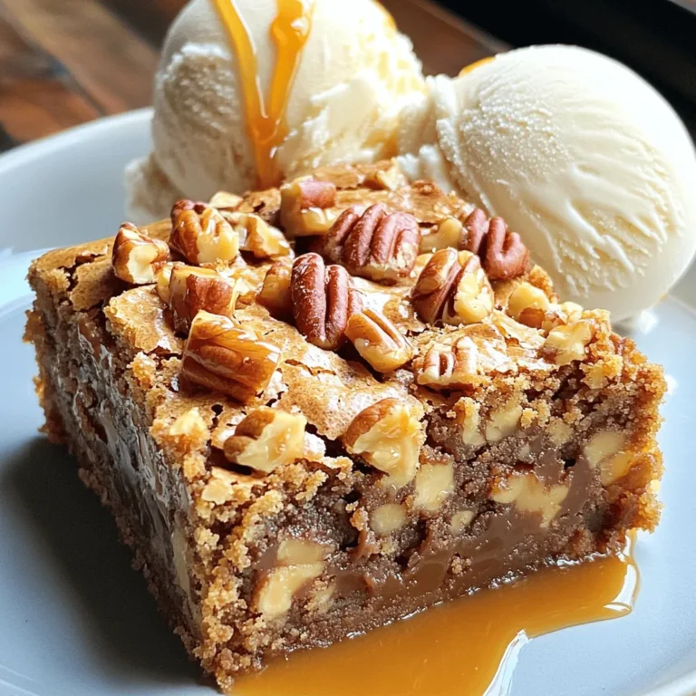 - 1 cup unsalted butter - 1 cup brown sugar, packed - 2/3 cup granulated sugar - 2 large eggs - 2 teaspoons vanilla extract - 2 cups all-purpose flour - 1 teaspoon baking powder - 1/2 teaspoon baking soda - 1/2 teaspoon salt - 1 cup pecans, chopped - 1 cup toffee bits or chopped toffee bars You can swap some ingredients for different flavors or dietary needs. Use almond butter if you want a nutty twist instead of unsalted butter. For a healthier option, coconut sugar works well in place of brown sugar. If you follow a vegan diet, use flax eggs or applesauce as egg replacements. These swaps keep your blondies tasty and fun! - Step 1: Preheat the oven and prepare the baking pan Start by preheating your oven to 350°F (175°C). Grease a 9x13 inch baking pan. You can also use parchment paper. This helps with easy removal. - Step 2: Brown the butter and cool it slightly Melt 1 cup of unsalted butter in a medium saucepan over medium heat. Stir it often. Cook until it turns a nice golden brown color and smells nutty, about 5 to 7 minutes. Then, take it off the heat and let it cool a bit. - Step 3: Combine sugars with brown butter In a large mixing bowl, mix 1 cup of brown sugar and 2/3 cup of granulated sugar. Pour the warm brown butter over the sugars. Stir until it all comes together. - Step 4: Incorporate eggs and vanilla extract Add 2 large eggs and 2 teaspoons of vanilla extract to the sugar mixture. Whisk it all together until smooth. - Step 5: Sift dry ingredients In another bowl, sift together 2 cups of all-purpose flour, 1 teaspoon of baking powder, 1/2 teaspoon of baking soda, and 1/2 teaspoon of salt. This helps to mix the dry ingredients well. - Step 6: Fold in dry ingredients and add nuts Gradually fold the dry mix into the wet mix. Be gentle so you do not overmix. Next, fold in 1 cup of chopped pecans and 1 cup of toffee bits. You can save some for topping. - Step 7: Spread batter in the pan Pour the batter into your prepared pan. Spread it out evenly. If you saved some pecans and toffee bits, sprinkle them on top now. - Step 8: Bake and check for doneness Place the pan in your preheated oven. Bake for 25 to 30 minutes. Use a toothpick to test. It should come out with a few moist crumbs. - Step 9: Cool before cutting After baking, let the blondies cool in the pan on a wire rack for at least 20 minutes. This helps them set up nicely before you cut them into squares. - How to achieve the perfect brown butter: Start with unsalted butter in a medium saucepan. Melt it over medium heat. Stir often. Watch for it to foam and change color. When it turns golden brown and smells nutty, it's ready. Cool it slightly before mixing with sugars. This gives your blondies a rich, deep flavor. - Avoiding overbaking for chewy blondies: Set your timer for 25 minutes. Check the blondies with a toothpick. You want a few moist crumbs to stick to it, not clean. If you bake too long, the blondies become dry. Trust your instincts. Remove them as soon as they look set. - Serving suggestions with ice cream and caramel sauce: Serve warm blondies with a scoop of vanilla ice cream. The cold ice cream contrasts nicely with the warm blondies. Drizzle caramel sauce on top for extra sweetness and flavor. This makes every bite a treat. - Creative ways to decorate blondies: After baking, sprinkle a few extra pecans and toffee bits on top. You can also dust powdered sugar over the blondies. This adds a nice touch for special occasions. Use a sharp knife for clean cuts. - Why your blondies may turn out dry: Dry blondies often come from overbaking. Make sure to check them early. Another reason could be too much flour. Always measure flour by spooning it into the cup, then leveling it off. This prevents packing too much into your measuring cup. - Fixing overly greasy blondies: If your blondies are greasy, it might be due to too much butter. Make sure to measure accurately. If they still seem greasy, let them cool completely before cutting. This helps them firm up. {{image_2}} You can boost the flavor of your blondies by adding chocolate chips. Just fold in one cup of your favorite chocolate chips into the batter. The chocolate melts, creating gooey pockets of sweetness. Another way to enhance the taste is by adding spices. A pinch of cinnamon or nutmeg can warm up the flavors. These spices pair well with the sweetness of the brown butter and toffee. If you need a gluten-free option, try using almond flour instead of all-purpose flour. Make sure to adjust the amount slightly, as almond flour is denser. This swap keeps your blondies rich and tasty. For a vegan version, you can use flax eggs. Mix one tablespoon of flaxseed meal with three tablespoons of water for each egg. Also, use plant-based butter in place of unsalted butter. This keeps the texture and flavor intact. You can change up the flavors based on the season. In fall, try adding pumpkin puree and a bit of pumpkin spice. For spring, mix in fresh apple chunks with a hint of cinnamon. Both options give your blondies a festive twist and excite the palate! To keep your blondies fresh, store them in an airtight container. Use parchment paper between layers to avoid sticking. Keep the container at room temperature for up to five days. For longer storage, place them in the fridge. This can extend their life by a week. To freeze blondies, let them cool completely first. Then, cut them into squares. Wrap each piece tightly in plastic wrap. Place the wrapped blondies in a freezer-safe bag. They can last up to three months in the freezer. When you're ready to enjoy, take them out. Thaw the blondies in the fridge overnight. For a quick option, set them out for an hour. This keeps them soft and chewy. To reheat, preheat your oven to 350°F (175°C). Place the blondies on a baking sheet. Heat for about 5-10 minutes. This restores their warm, gooey texture. For a fun twist, serve them with vanilla ice cream. A drizzle of caramel sauce adds extra sweetness. Enjoy your delicious treat in style! How do I know when blondies are done baking? You can tell when blondies are done by using a toothpick. Insert the toothpick into the center. If it comes out with a few moist crumbs, they are ready. Avoid overbaking. This keeps them soft and chewy. Can I make these blondies ahead of time? Yes, you can make blondies ahead of time. Bake them and let them cool completely. Then, store them in an airtight container. They stay fresh for about a week. What can I substitute for toffee bits? If you don't have toffee bits, use chopped chocolate bars. You can also use butterscotch chips. Both will add a sweet touch. Can I use white sugar instead of brown sugar? You can use white sugar in place of brown sugar. However, it will change the flavor and texture. Brown sugar adds moisture and a hint of caramel. What happens if I add too much flour? Adding too much flour can make your blondies dry. They may become thick and crumbly. Make sure to measure flour carefully for the best results. What is the difference between brownies and blondies? Brownies are chocolatey and dense, while blondies are sweet and buttery. Blondies often have brown sugar, which gives them a rich flavor. How can I keep blondies chewy and moist? To keep blondies chewy, avoid overbaking. Bake until a toothpick shows a few crumbs. Also, store them in an airtight container to retain moisture. You now have all the steps and tips to make delicious blondies. We covered ingredients, substitutions, and variations to fit your taste. Remember to keep an eye on baking time for chewy results. Try adding spices or chocolate chips for more fun flavors. Store them right to keep them fresh longer. Enjoy your tasty blondies with friends or family, and don’t forget to share! Baking can be both easy and exciting. Now, it's your turn to create a treat everyone will love. Happy baking!