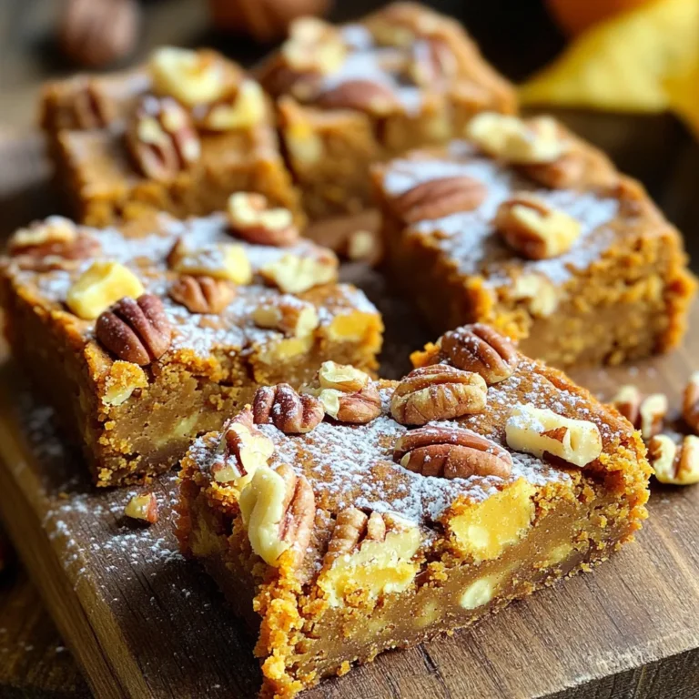 To make Brown Butter Pumpkin Blondies, you will need the following simple ingredients: - 1 cup unsalted butter (2 sticks), browned - 1 cup packed brown sugar - 1/2 cup granulated sugar - 1 teaspoon vanilla extract - 1 cup pumpkin puree (canned or homemade) - 2 large eggs - 2 cups all-purpose flour - 1 teaspoon baking powder - 1 teaspoon baking soda - 1 teaspoon ground cinnamon - 1/2 teaspoon ground nutmeg - 1/4 teaspoon salt - Optional add-ins: 1/2 cup white chocolate chips, 1/2 cup chopped pecans or walnuts Each item plays a key role in creating soft, moist blondies. The browned butter gives a rich, nutty flavor that makes these treats special. The brown sugar adds depth and moisture, while the pumpkin brings a lovely fall essence. If you want to mix things up, you can include white chocolate chips or nuts for extra texture. These options make the blondies even more delightful. Gather these ingredients, and you’re ready to start your baking adventure! - Preheat the oven to 350°F (175°C). - Grease a 9x13 inch baking dish or line it with parchment paper. - Melt the butter over medium heat until it gets foamy. - Cook it until it turns golden brown and smells nutty. - Combine the browned butter, brown sugar, and granulated sugar until smooth. - Add vanilla extract and pumpkin puree, then mix in the eggs. - In a separate bowl, combine the dry ingredients. Slowly fold them into the wet mixture. - Pour the batter into the prepared dish and spread it evenly. - Bake for 25-30 minutes or until a toothpick comes out clean. - Let them cool in the pan before moving to a wire rack. To make your blondies perfect, start with the butter. Brown it well to get that nutty flavor. The butter should be deep golden brown. This step adds richness and depth to your blondies. Next, mix the batter gently. Overmixing makes the blondies tough. Stir just enough to combine the ingredients. You want a soft, tender treat that melts in your mouth. For a pretty finish, cut the blondies into nice squares. Dust them with powdered sugar for a sweet touch. This adds a beautiful look and extra sweetness. If you want to indulge, serve the blondies warm. A scoop of vanilla ice cream on top makes them irresistible. The warm blondies and cold ice cream create a perfect contrast. To spice things up, try adding other flavors. A pinch of ginger or cloves can give your blondies a new twist. You can also mix in white chocolate chips for sweetness. Chopped nuts like pecans or walnuts add a nice crunch. These extras make your blondies even more delicious and fun! {{image_2}} To make these blondies gluten-free, simply swap the all-purpose flour with a gluten-free blend. This change keeps the texture moist and tasty. Many gluten-free blends work well, so choose one you like. For a vegan twist, use vegan butter instead of regular butter. Replace the eggs with flax eggs. Mix one tablespoon of ground flaxseed with three tablespoons of water. Let it sit until it thickens. Also, pick dairy-free chocolate chips for a sweet touch. You can add cranberries or pecans for a festive flavor. Both add a nice crunch, perfect for fall. Another fun idea is to mix in orange zest. This adds a bright, citrusy note that pairs well with pumpkin. To keep your brown butter pumpkin blondies fresh, store them in an airtight container. They will stay good at room temperature for up to 3 days. If you want them to last longer, place them in the fridge. They will stay fresh for up to a week this way. If you want to save some blondies for later, freeze them. Wrap each blondie tightly in plastic wrap, then in foil. They will keep well in the freezer for up to 3 months. When you want to enjoy them, just thaw them at room temperature before serving. This way, you can have a delicious treat anytime! Yes, but the recipe may need adjustments for sweetness and spices. Pumpkin pie filling has added sugar and spices. If you use it, cut back on the sugar in the recipe. Taste the batter before baking to get it just right. Insert a toothpick in the center; it should come out clean or with a few crumbs. If the toothpick has wet batter, bake a little longer. Keep an eye on the edges; they should look firm and slightly golden. Use flax eggs or applesauce as a substitute for binding. For one flax egg, mix one tablespoon of ground flaxseed with three tablespoons of water. Let it sit until it thickens. Use 1/4 cup of applesauce for each egg if you prefer that option. Definitely! Consider caramel, nuts, or chocolate drizzle for extra flavor. You can sprinkle nuts on top before baking. Drizzling caramel or melted chocolate after baking makes the blondies even more special. Get creative and enjoy! This blog covered how to make delicious pumpkin blondies. You learned about the key ingredients, step-by-step instructions, and useful tips. Perfect texture comes from browning the butter and careful mixing. You can also try gluten-free or vegan versions, or add fun flavors. Store them easily to enjoy later. Baking these treats will bring warmth to any gathering. Enjoy making and sharing them with friends and family. Happy baking!