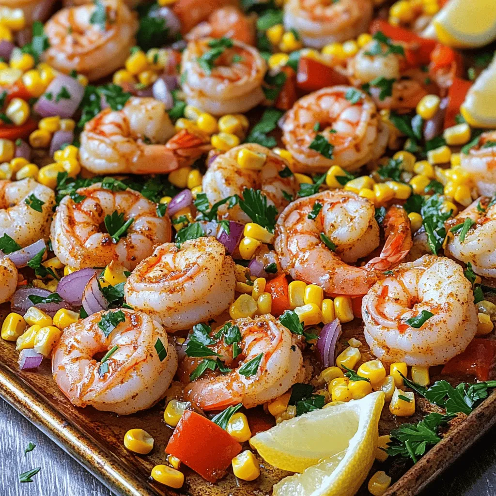 - 1 pound large shrimp, peeled and deveined - 2 cups sweet corn kernels (fresh or frozen) - 1 red bell pepper, diced - 1 yellow bell pepper, diced - 1 small red onion, chopped The main ingredients in this dish are simple but full of flavor. Large shrimp form the star of the show. Sweet corn adds a burst of sweetness and crunch. The bell peppers bring color and freshness. Lastly, red onion gives a nice sharp taste. - 2 tablespoons olive oil - 1 tablespoon smoked paprika - 1 teaspoon garlic powder - 1 teaspoon onion powder - 1/2 teaspoon cayenne pepper (adjust for heat preference) - Salt and pepper to taste For spices, olive oil helps everything blend well. Smoked paprika brings a deep flavor. Garlic and onion powder add warmth. Cayenne pepper gives it a little kick, but you can adjust it to your taste. Don’t forget to add salt and pepper for balance. - Fresh parsley, chopped (for garnish) - Lemon wedges (for serving) Garnishing with fresh parsley adds a pop of color and freshness. Lemon wedges are perfect for squeezing over the dish. They add a bright, zesty flavor that complements the shrimp and corn. You can serve it right from the pan for a fun, casual meal. - Preheat your oven to 425°F (220°C). - Line a large sheet pan with parchment paper. This helps with easy cleanup. - In a large bowl, combine 1 pound of shrimp, 2 cups of corn, 1 diced red bell pepper, 1 diced yellow bell pepper, and 1 chopped red onion. - In a small bowl, whisk together 2 tablespoons of olive oil, 1 tablespoon of smoked paprika, 1 teaspoon of garlic powder, 1 teaspoon of onion powder, 1/2 teaspoon of cayenne pepper, salt, and pepper. - Pour the spice mixture over the shrimp and veggies. Toss them all until they are well coated. - Spread this mixture evenly on your prepared sheet pan in a single layer. - Bake in the preheated oven for about 15-20 minutes. Cook until the shrimp are opaque and the veggies are tender. To ensure perfectly cooked shrimp, watch the time closely. Shrimp need just 15-20 minutes in the oven. You know they are done when they turn opaque and curl slightly. Avoid overcooking, as this makes them tough. Adjusting spice levels is easy. If you like heat, add more cayenne pepper. For a milder dish, skip it or use less. Always taste the spice mix before adding it to your shrimp and veggies. Serving directly from the pan looks great. It gives a casual and rustic vibe. Place some fresh parsley on top for color and flavor. You can also add lemon wedges on the side. This adds a fresh taste and brightens up the dish. Drizzle a little olive oil on top before serving for extra shine. Pre-prepping ingredients cuts your cooking time. Chop your veggies and clean the shrimp ahead of time. Store them in the fridge until you are ready to cook. Using frozen corn is a big time-saver. It cooks quickly and adds sweetness. Just toss it in with the other ingredients. This way, you'll have a tasty meal in no time! {{image_2}} You can easily swap ingredients in this dish to suit your tastes. - Use other types of seafood: Instead of shrimp, try scallops or fish. They will cook nicely and add a different flavor. - Swap vegetables for seasonal options: Use zucchini or asparagus when they are fresh. This keeps your dish vibrant and tasty. Changing the spices or sauces can create new flavors. - Incorporating different spices: Try cumin or chili powder for a unique taste. Experimenting with spices can make each meal special. - Adding sauces for extra flavor: A splash of soy sauce or a drizzle of sriracha adds zest. These small changes can transform your dish. You don't have to bake this dish. There are other ways to cook it. - Grilling option: Cook everything on the grill for a smoky taste. Just toss the ingredients in a grill basket for easy handling. - Stovetop skillet version: Sauté all the ingredients in a large skillet. This gives you control over cooking and can reduce the time. To store leftovers, place them in an airtight container. This keeps the dish fresh. You can store it in the fridge for up to three days. Always let it cool first before sealing. This helps avoid moisture build-up. To keep the flavors intact, use a container that fits the portion size. You can reheat leftovers in the oven or microwave. For the oven, set it to 350°F (175°C) and heat for about 10 minutes. This method keeps the shrimp tender. If using a microwave, heat in short bursts of 30 seconds, stirring in between. This way, you avoid overcooking. To freeze the cooked dish, allow it to cool completely. Transfer it to a freezer-safe bag or container. Remove as much air as possible to prevent freezer burn. You can freeze it for up to three months. When ready to eat, thaw it overnight in the fridge. For reheating, use the oven or a skillet. This helps maintain the best texture and flavor. To clean shrimp, start by rinsing them under cold water. This removes dirt and debris. Next, hold the shrimp and pull off the shell. You can also use a small knife to cut along the back. This helps you remove the dark vein. Make sure to remove the tail if you prefer. Always rinse the shrimp again after cleaning. This keeps them fresh for cooking. Yes, you can use frozen shrimp! When cooking from frozen, you may need to adjust the time. Thawing shrimp first helps them cook evenly. To thaw, place them in the fridge overnight. You can also run cold water over them for a quicker option. Remember to dry them well before cooking. This prevents excess moisture during baking. Look for a few signs to know shrimp are done. Cooked shrimp turn from gray to pink. They also curl into a C shape when cooked. The flesh should be opaque, not translucent. If you see these signs, your shrimp are ready to eat! Always check a few pieces to be sure. This ensures a perfect cook every time. This blog covered delicious shrimp and vegetable roasting. We explored key ingredients, like shrimp, corn, and spices. You learned easy steps to prep, cook, and serve, plus tips for great flavor and presentation. Experiment with substitutes and cooking methods for variety. Remember, storing leftovers well keeps your dish fresh. Now, go create a tasty meal that impresses while being simple to make! Enjoy every bite.