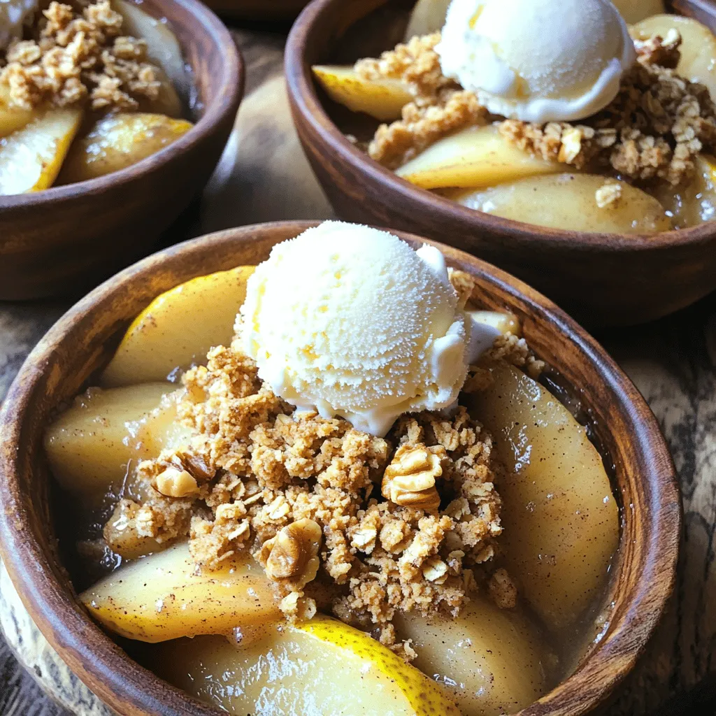 - 4 ripe pears, peeled, cored, and sliced - 1 tablespoon lemon juice - 1 teaspoon ground cinnamon - 1/2 teaspoon ground nutmeg - 1/4 teaspoon ground ginger - 1 cup rolled oats - 1/2 cup all-purpose flour - 1/2 cup brown sugar - 1/4 cup granulated sugar - 1/4 cup unsalted butter, melted - 1/2 teaspoon salt - 1 tablespoon vanilla extract - 1/2 cup chopped walnuts (optional) For this recipe, you want to start with ripe pears. The sweeter and juicier, the better. Use spices like cinnamon, nutmeg, and ginger to create a warm flavor. The oats and flour form a crunchy topping. You can mix brown and granulated sugars for balanced sweetness. Unsalted butter binds everything together and gives richness. If you like a little crunch, chop some walnuts to add to the oat mixture. This combination of ingredients makes a delightful spiced pear crisp. Each bite will be a warm hug, perfect for any season. First, you need to peel and slice the ripe pears. Aim for thin slices for even cooking. Next, toss the slices in a large bowl with lemon juice. This helps keep the pears fresh and adds a nice zing. Then, sprinkle in the ground cinnamon, nutmeg, and ginger. Mix well to coat each slice with the spices. Set the bowl aside while you prepare the topping. In a separate bowl, combine the rolled oats, all-purpose flour, brown sugar, granulated sugar, melted butter, and salt. Stir the mixture until it looks crumbly. If you like a nutty crunch, fold in the chopped walnuts now. They add great flavor and texture. This oat topping is what makes the crisp so delightful. Now, it’s time to assemble the dish. Take a greased 9x9 inch baking dish and spread the spiced pear mixture evenly across the bottom. Make sure the pears are well distributed. Next, sprinkle the oat topping evenly over the pears. This creates a lovely, crisp layer. Preheat your oven to 350°F (175°C) and bake for 30-35 minutes. Look for a golden brown topping and bubbling pears. When done, let it cool for about 10 minutes before serving. Enjoy this warm treat! To get the best oat topping, mix rolled oats with flour, sugars, and melted butter. Aim for a crumbly texture. This gives you that crunchy layer we all love. If it feels too wet, add more oats. If it’s too dry, drizzle in more butter. For the pears, you want them tender but not mushy. Choose ripe pears and slice them evenly. Toss them with lemon juice and spices. This adds flavor and helps keep them from browning. Bake until they bubble and get soft, but still hold their shape. Serving this dish is fun! Scoop the warm crisp into bowls. Add a generous scoop of vanilla ice cream or a dollop of whipped cream. This contrast of warm and cold is delightful. Sprinkle a bit of cinnamon or add walnut pieces on top for a nice look. Want to boost the flavor? You can add more spices! A pinch of cloves or a dash of allspice can be great. For a richer taste, consider using brown sugar instead of granulated sugar. You can also mix in some dried fruits like raisins or cranberries for added sweetness and texture. {{image_2}} You can switch up the pears with other fruits. Apples, peaches, and berries are great choices. Each fruit brings its own flavor. Mixing fruits can create a unique twist. Try combining pears with berries for a sweet and tart mix. You can also use apples with cinnamon for a classic taste. To make this dish healthier, you can use less sugar. You can also swap in natural sweeteners like honey or maple syrup. For gluten-free options, replace all-purpose flour with almond or coconut flour. Use gluten-free oats to keep it safe for those with gluten allergies. These swaps keep the flavor while making it better for you. Adjust the recipe with seasonal ingredients for a fresh taste. In fall, add cranberries or figs for a cozy vibe. In summer, fresh peaches or cherries work well. You can also change spices based on the season. Use pumpkin spice in the fall or citrus zest in the spring for a bright flavor. Seasonal changes can make your crisp exciting all year long. To keep your spiced pear crisp fresh, let it cool first. Cover it tightly with plastic wrap or aluminum foil. You can also use an airtight container. This helps to keep the flavors intact. Store it in the fridge for up to three days. For the best taste when reheating, use an oven. Preheat it to 350°F (175°C). Place the crisp in a baking dish. Heat it for about 15-20 minutes. Check if it's warm all the way through. You can also use a microwave. Heat in short bursts of 30 seconds, checking in between. If you want to save it for later, freezing works well. Cut the crisp into portions before freezing. Wrap each piece in plastic wrap, then place in a freezer-safe bag. It can last for up to three months. When you're ready to eat, thaw it overnight in the fridge. Reheat it in the oven as mentioned above for the best texture. Using unripe pears can work, but they may not be as sweet. To help, let them ripen at room temperature for a few days. You can also add a bit more sugar to balance the tartness. Cook the pears longer if they are firm. This will help soften them and bring out their flavor. To make this recipe vegan, you can replace the butter with coconut oil or a plant-based butter. Use maple syrup instead of brown and granulated sugar if desired. For the oat topping, ensure your flour is also plant-based. These swaps keep the dish tasty and plant-friendly. If you have nut allergies or dislike walnuts, many options exist. You can use seeds like pumpkin or sunflower seeds for crunch. Oats alone will also add texture without nuts. Try shredded coconut for a different flavor and chew. Each option will keep your pear crisp delightful! This blog post covered how to make a delicious pear crisp. I shared the main ingredients, like pears, spices, and oats. You'll find step-by-step instructions to prepare and bake your dish. I also offered tips to perfect the texture and serve it well. You can even try variations with different fruits or healthier options. Don't forget, knowing how to store and reheat leftovers can help too. Enjoy making this easy and tasty dessert!