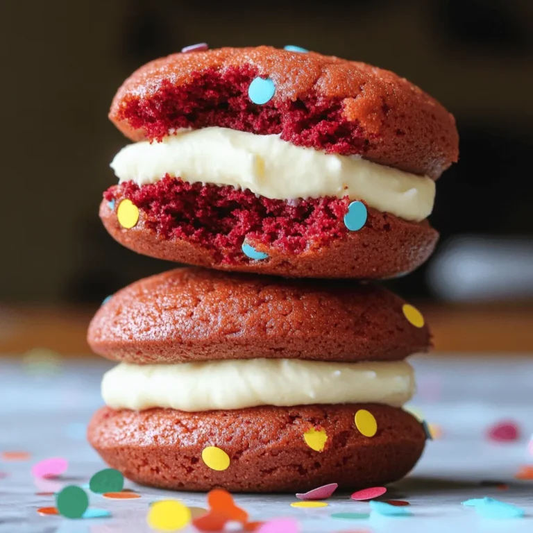 - 1 ½ cups all-purpose flour - 1 cup granulated sugar - ½ cup unsweetened cocoa powder - 1 teaspoon baking powder - ½ teaspoon baking soda - ½ teaspoon salt - ½ cup unsalted butter, softened - 1 large egg - 1 teaspoon vanilla extract - 2 tablespoons red food coloring - ½ cup cream cheese, softened - ½ cup powdered sugar - 1 teaspoon vanilla extract - Additional sprinkles for garnish (optional) To make these Red Velvet Cupcake Cookies, we need a mix of dry and wet ingredients. The dry ingredients include flour, sugar, cocoa powder, baking powder, baking soda, and salt. Each plays a role in texture and flavor. Next, we have the wet ingredients. Softened butter, an egg, vanilla, and red food coloring bring the cookies to life. The red food coloring gives them that classic red velvet look. Finally, we create a delightful cream cheese filling. This filling combines softened cream cheese, powdered sugar, and vanilla. It adds a rich taste and creamy texture to the cookies. You can even add sprinkles for some fun color! With these ingredients, you will create a treat that is soft, flavorful, and visually stunning. - Preheat the oven to 350°F (175°C). - Line a baking sheet with parchment paper. - In a large bowl, whisk together: - 1 ½ cups all-purpose flour - 1 cup granulated sugar - ½ cup unsweetened cocoa powder - 1 teaspoon baking powder - ½ teaspoon baking soda - ½ teaspoon salt This mix gives the cookies their rich color and flavor. - In another bowl, beat ½ cup softened butter until creamy. - Add 1 large egg, 1 teaspoon vanilla extract, and 2 tablespoons red food coloring. - Mix until everything is well combined. The red food coloring makes these cookies pop! - Gradually mix the dry ingredients into the wet ingredients. - Keep mixing until a soft, cohesive dough forms. It should not be too sticky or dry. - Use a cookie scoop or tablespoon to drop rounded balls onto the baking sheet. - Leave space between each ball for spreading. - Bake cookies for 10-12 minutes. The edges should be set, but the centers can be soft. - Make the cream cheese filling by mixing: - ½ cup softened cream cheese - ½ cup powdered sugar - 1 teaspoon vanilla extract Beat until smooth. - Once cookies cool, spread a dollop of filling on one cookie. - Sandwich with another cookie, bottom side down. If you like, add some sprinkles for fun! To get the right dough, mix the flour, sugar, cocoa powder, baking powder, baking soda, and salt well. Make sure the butter is soft before mixing it with the egg, vanilla, and food coloring. This helps the dough be creamy and smooth. Aim for a soft dough that is not sticky. If it's too dry, add a bit of milk. If it's too wet, add a little flour. Bake the cookies at 350°F (175°C) for 10-12 minutes. The edges should be set while the center stays soft. Keep an eye on them to avoid overbaking. For fun decorations, you can use colorful sprinkles on the sides of the cream cheese filling. You can also try different frostings, like chocolate or vanilla. These small touches make your cookies look great. Think about using seasonal sprinkles for holidays. They add a festive flair to your treats. One common mistake is over-mixing the dough. This can lead to tough cookies. Mix until just combined for the best result. Another issue is baking too long. If cookies feel hard, they may be overdone. Watch for soft centers when you pull them from the oven. Finally, do not skip the cooling time. Letting them cool on the sheet for a bit helps keep them soft and chewy. {{image_2}} You can add spices to your red velvet cupcake cookies. Try mixing in cinnamon or nutmeg. These spices bring warmth and depth to the flavor. Just a pinch can change the taste. It makes your cookies special and unique. The cream cheese filling can be swapped for different flavors. You might use strawberry or lemon cream cheese. Chocolate ganache is another tasty option. Each filling adds a new twist to the cookie. It's fun to experiment with flavors and find your favorite. You can make these cookies gluten-free easily. Just use a gluten-free flour blend instead of all-purpose flour. For a vegan version, swap the egg with a flax egg or applesauce. Use vegan butter and cream cheese. These changes keep the flavor while meeting dietary needs. To keep your cookies fresh, place them in an airtight container. I recommend layering parchment paper between the cookies. This helps prevent them from sticking together. Store the container in a cool, dry place. Avoid the fridge; it can dry out the cookies. You can freeze these cookies for later. To freeze baked cookies, let them cool completely. Then, place them in a single layer on a baking sheet. Freeze until solid, about 1 hour. Next, transfer the cookies to a freezer bag. Squeeze out the air and seal it tight. For dough, scoop cookie balls onto a baking sheet. Freeze until firm, then place them in a bag. You can bake them straight from frozen. These cookies taste best within 3 days. If stored properly, they can last up to a week. However, the cream cheese filling may get soft over time. For the best flavor, eat them fresh. If you freeze them, they stay good for about 2-3 months. To enjoy them, let them thaw at room temperature. Red velvet cupcakes are soft, moist, and fluffy. They often have a cream cheese frosting. Red velvet cookies, on the other hand, are chewy and a bit denser. They have a cream cheese filling that gives them a nice surprise. Both share the same rich flavor but in different forms. Yes, you can make these cookies ahead of time. You can prepare the dough and freeze it. Just scoop the dough into balls and place them on a baking sheet. Freeze them until firm, then transfer to a bag. When you want fresh cookies, bake them straight from the freezer. Just add a minute to the baking time. If your dough is dry or crumbly, try adding a little more butter or egg. You can also add a teaspoon of milk to help it come together. Mix until the dough is soft but not sticky. This should fix the texture for better cookies. Yes, you can use gel food coloring. It provides a more vibrant color and needs less than liquid color. Just start with a small amount and mix until you reach the desired shade. This way, your cookies will stand out with a rich red hue. To boost the chocolate flavor, add an extra tablespoon of cocoa powder. You can also mix in chocolate chips for a delightful surprise. Use dark or semi-sweet chips for a richer taste. This will make your red velvet cookie experience even more delicious. You now have all the steps to make delicious red velvet cookies. We covered the key ingredients, mixing tips, and baking advice. Remember, small changes in the recipe can lead to big flavors. Experiment with extra spices or alternative fillings to find your favorite. Store them well to keep them fresh and tasty. Whether for a celebration or just a treat, these cookies are sure to please. Enjoy your baking journey and share these tasty delights with friends and family!