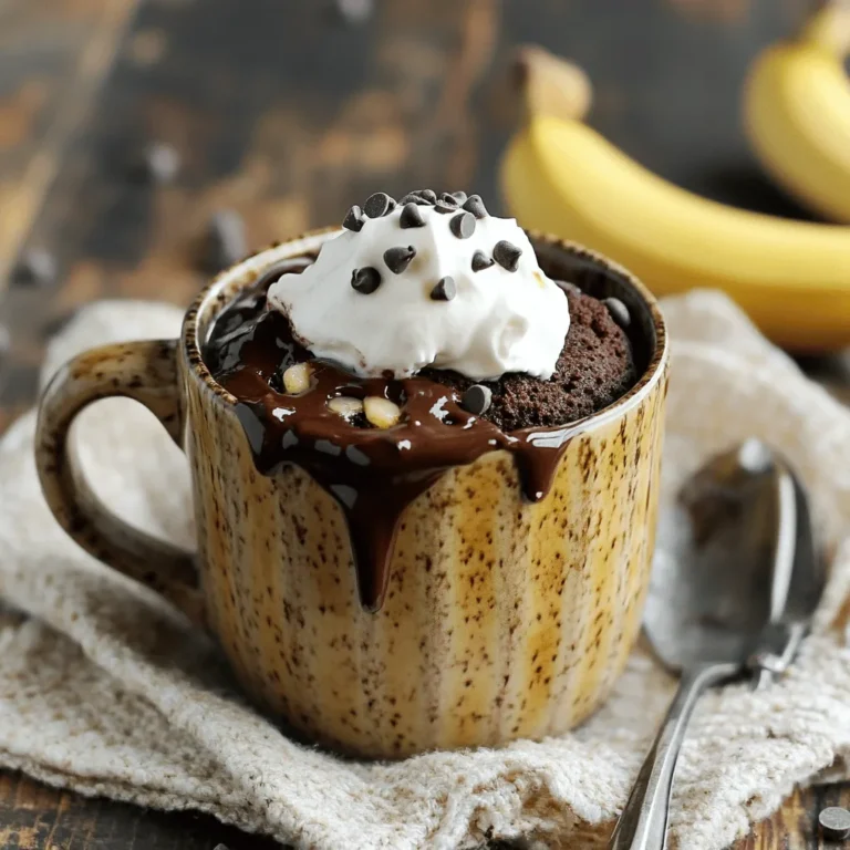 The main items you need for this mug cake are simple and tasty. Here’s what you will need: - 1 ripe banana, mashed - 3 tablespoons all-purpose flour - 2 tablespoons unsweetened cocoa powder - 2 tablespoons sugar - 1/8 teaspoon baking powder - 1/8 teaspoon salt - 3 tablespoons milk (dairy or non-dairy) - 1 tablespoon vegetable oil - 1/4 teaspoon vanilla extract These ingredients create a rich and moist cake. The ripe banana adds natural sweetness and flavor. The cocoa powder gives it that deep chocolate taste. You can add a few extras to make your mug cake even better: - 2 tablespoons chocolate chips Adding chocolate chips makes the cake extra chocolatey. You can mix them in or sprinkle them on top before microwaving. If you have allergies or dietary needs, there are easy swaps you can make: - Use gluten-free flour instead of all-purpose flour. - Replace milk with almond milk or oat milk for a dairy-free option. - Use applesauce or a flax egg as a substitute for the oil if you want it to be oil-free. These substitutes keep the mug cake delicious while making it fit your needs. Enjoy your delightful treat! Start by gathering all your ingredients. You will need: - 1 ripe banana, mashed - 3 tablespoons all-purpose flour - 2 tablespoons unsweetened cocoa powder - 2 tablespoons sugar - 1/8 teaspoon baking powder - 1/8 teaspoon salt - 3 tablespoons milk (dairy or non-dairy) - 1 tablespoon vegetable oil - 1/4 teaspoon vanilla extract - 2 tablespoons chocolate chips (optional) Find a microwave-safe mug. This mug should hold all the ingredients and fit in your microwave. Now, take the ripe banana and mash it well using a fork. You want it smooth with no lumps. This step is key because it adds moisture and flavor to your cake. Once your banana is mashed, add the dry ingredients into the mug. This includes the flour, cocoa powder, sugar, baking powder, and salt. Mix these well with the banana. You want to combine them fully to avoid any dry spots. Next, pour in the milk, vegetable oil, and vanilla extract. Stir everything together until you get a smooth batter. If you choose to add chocolate chips, fold them in gently now. This will give your cake an extra burst of chocolate goodness. Now it’s time to cook! Place your mug in the microwave. Cook it on high for 1 minute and 30 seconds. Microwaves can cook differently, so keep an eye on your mug cake. It should rise and look set, but the center can be a bit moist. Once done, carefully remove the mug from the microwave. It will be very hot, so let it cool for a few minutes. Now, you can enjoy your delicious chocolate banana mug cake straight from the mug or move it to a plate. Top it with whipped cream or ice cream to make it extra special! - Always use a microwave-safe mug. This helps avoid breaks and spills. - Check the wattage of your microwave. Cooking times may vary. - Start with short cooking times. You can always add more time if needed. - Keep an eye on the mug cake. It should rise and look set. - Let the cake cool a bit before eating. The mug gets very hot! - Add nuts for a crunchy texture. Walnuts or pecans work well. - Swap in different fruits. Try adding berries or chopped apples. - Use flavored extracts. Almond or coconut can add a twist. - Experiment with your favorite toppings. Try peanut butter or caramel sauce. - Mix in spices like cinnamon or nutmeg for extra flavor. - Make sure your banana is ripe. This adds natural sweetness and moisture. - Mix the batter well to avoid lumps. A smooth batter leads to a better cake. - Adjust the sugar based on the sweetness of your banana. Less sugar may be needed. - Chocolate chips add richness. Use dark or milk chocolate based on your taste. - If the cake is too dry, add a bit more milk next time. {{image_2}} You can add nuts or fruits to your chocolate banana mug cake. Chopped walnuts or pecans give a nice crunch. They also add healthy fats. You can even mix in berries for a fruity twist. Try adding a few blueberries or sliced strawberries. This makes your cake not only tasty but also colorful. You can change the flavor of your mug cake easily. Swap the cocoa powder for peanut butter for a nutty taste. You can also try almond extract instead of vanilla for a unique twist. If you want a minty flavor, add a few drops of peppermint extract. These changes keep your cake exciting and full of new tastes. You can make this mug cake gluten-free and vegan too. Use almond flour or coconut flour instead of all-purpose flour. Replace the milk with almond or soy milk for a dairy-free option. For vegan, skip the chocolate chips or pick dairy-free chips. This way, you can enjoy a delicious dessert that fits your diet. Storing your chocolate banana mug cake is easy. If you have leftovers, let it cool completely. Place it in an airtight container. You can keep it in the fridge for up to three days. If you want to save it longer, consider freezing it. Wrap the cake tightly in plastic wrap before placing it in a freezer-safe bag. It will stay fresh for about a month. When you are ready to enjoy your leftover mug cake, reheating is simple. For the best results, use a microwave. Place the mug in the microwave for about 15 to 30 seconds. If it's frozen, heat it for 1 minute, checking every 15 seconds. This way, it warms up without drying out. Always check the center to ensure it’s heated through. To keep your mug cake fresh, always store it in an airtight container. Avoid letting it sit out, as it can dry quickly. If you expect to eat it within a day, keeping it at room temperature is fine. For longer storage, use the fridge or freezer, as mentioned. These steps help maintain the soft, moist texture of the cake. Enjoying it fresh will always give the best flavor! Yes, you can use different flours. Try whole wheat or almond flour. Each flour gives a unique taste and texture. Whole wheat adds a nutty flavor. Almond flour makes it moist and grainy. Just remember to adjust the amount slightly. Check the mug cake after one minute and thirty seconds. It should rise and look set. The center may be slightly moist, which is okay. If it still looks wet, microwave it for another ten seconds. Be careful not to overcook it. Yes, you can bake this mug cake in the oven. Preheat your oven to 350°F (175°C). Use a small oven-safe dish instead of a mug. Pour in the batter and bake for about 15 minutes. Check with a toothpick to see if it comes out clean. Enjoy the same wonderful flavor! This blog post covers how to create the perfect mug cake. You learned about essential and optional ingredients, plus substitutes for allergens. I shared step-by-step instructions for prepping, mixing, and cooking your cake in the microwave. You also discovered handy tips for baking, customizing flavors, and making variations. Finally, I explained how to store leftovers for the best flavor. Enjoy your mug cake adventure, and remember, baking is fun and easy!