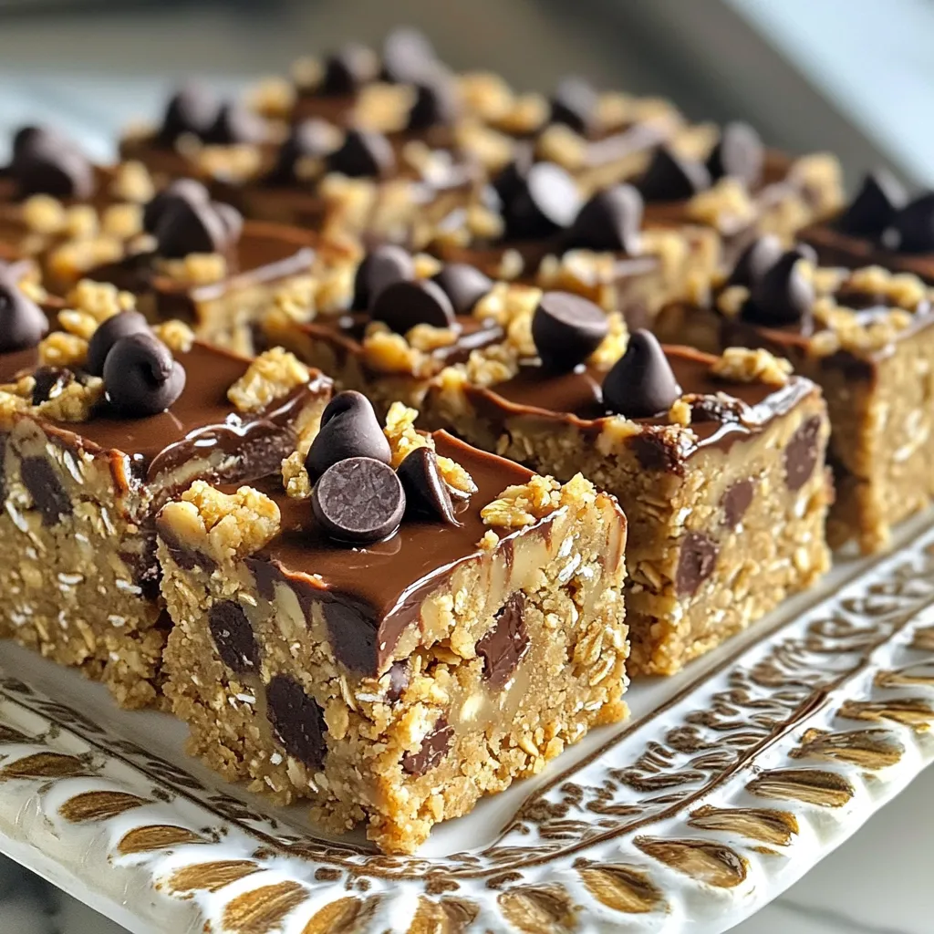 To make these no-bake chocolate chip cookie dough bars, you need: - 1 cup almond flour - 1 cup rolled oats - 1/2 cup maple syrup - 1/4 cup coconut oil, melted - 1/2 teaspoon vanilla extract - 1/2 teaspoon salt - 1/2 cup dark chocolate chips These main ingredients create a rich and tasty base. Almond flour gives a nice texture, while rolled oats add heartiness. Maple syrup acts as a sweetener and binds the dough. You can also include: - 1/4 cup chopped walnuts (optional) Adding walnuts gives a crunchy twist. If you like more texture, sprinkle in some nuts. You could also try different chocolate types, like milk chocolate or white chocolate. Each bar has about: - Calories: 150 - Fat: 8g - Carbohydrates: 18g - Protein: 3g These bars are a balanced snack. They offer good fats and some protein. The oats add fiber, making them filling. Enjoying a couple of these treats can satisfy your sweet tooth without guilt! Start by taking a large mixing bowl. Add 1 cup of almond flour and 1 cup of rolled oats. Mix them well with a spoon. This helps to blend them evenly. You want a smooth base for your bars. Next, grab a separate bowl. Whisk together 1/2 cup of maple syrup, 1/4 cup of melted coconut oil, 1/2 teaspoon of vanilla extract, and 1/2 teaspoon of salt. Keep whisking until the mix looks smooth. This is where the sweet flavor comes from! Now, pour the wet mix into the dry ingredients. Stir until everything is fully combined. The dough will feel thick. Fold in 1/2 cup of dark chocolate chips and 1/4 cup of chopped walnuts if you want extra crunch. Line an 8x8-inch baking dish with parchment paper. This makes it easy to lift the bars out later. Spread the dough in the pan, pressing it down firmly. Chill in the fridge for at least 1 hour. When set, lift the bars out using the parchment paper. Cut them into squares or bars. Enjoy your tasty treat! To get the right texture, use fine almond flour. This helps the bars stay soft. Mix the dry and wet ingredients well. It should feel thick and sticky. If the dough is too dry, add a bit more maple syrup. If it’s too wet, add a touch more almond flour. Store your cookie dough bars in the fridge. Use an airtight container to keep them fresh. They last up to a week. If you want to keep them longer, freeze them. Just wrap each bar in plastic wrap before freezing. You can grab one whenever you want a treat. Make your bars look great! Place them on a nice plate. Add a few chocolate chips on top for flair. You can also sprinkle some chopped walnuts for texture. Pair them with a glass of cold almond milk. This makes a perfect dessert for any gathering. {{image_2}} You can change the flavor of these no-bake chocolate chip cookie dough bars easily. Try swapping the dark chocolate chips for white chocolate or peanut butter chips. Use flavored extracts like almond or hazelnut for a twist. You can even mix in cocoa powder to make the dough richer. Each choice adds a fun flavor to your bars. If you want to make these bars gluten-free, use certified gluten-free oats. For a sugar-free version, replace maple syrup with a sugar substitute like monk fruit syrup. If you're allergic to nuts, try using sunflower seed flour instead of almond flour. These swaps keep the bars tasty while meeting different dietary needs. Seasonal add-ins can make your bars special. In fall, add pumpkin spice and dried cranberries for a festive taste. In summer, mix in fresh berries or coconut flakes. You could even sprinkle in crushed candy canes for a minty treat during winter. These seasonal touches keep your bars exciting all year round. You can store these bars in the fridge. Place them in an airtight container. They will stay fresh for about one week. Keeping them cool helps maintain their soft texture. If you want to keep them longer, freezing is a great choice. Cut the bars into squares first. Wrap each piece in plastic wrap. Then, put them in a freezer bag. They will last for up to three months in the freezer. When you're ready to enjoy, let them thaw in the fridge overnight. These cookie dough bars have a good shelf life. If kept in the fridge, they can last up to a week. In the freezer, they can last three months. Just remember, the longer they sit, the less fresh they may taste. Enjoy them soon for the best flavor! Yes, you can use other nut flours. Almond flour works great, but you can try cashew or hazelnut flour. Each type adds a unique flavor and texture. Just make sure to keep the same amount as almond flour for best results. This way, your bars will still hold together well. To adjust the sweetness, you can add more or less maple syrup. If you prefer less sweet bars, cut the syrup by a tablespoon. You can also add a pinch of stevia or monk fruit for extra sweetness without extra sugar. Just remember to taste as you go, so you get it just right. If you want to replace coconut oil, you can use unsalted butter or another oil. Avocado oil and olive oil both work well. Just melt them like you would with coconut oil. Each substitute will change the flavor slightly, so pick one that fits your taste. In this post, I covered key ingredients, step-by-step instructions, and helpful tips for making delicious bars. I shared fun variations to customize your recipe and provided storage options to keep them fresh. Remember, your choices in flavors and ingredients can make each batch unique. Stick to the steps, and you’ll enjoy tasty bars every time. Keep experimenting and have fun in the kitchen!