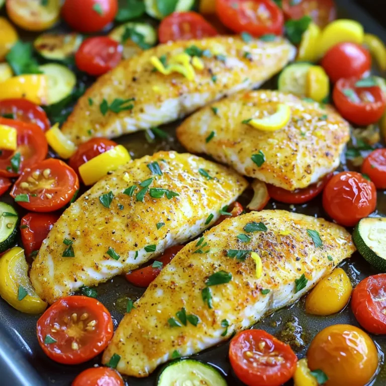 For the main part of this dish, you will need: - 4 tilapia fillets - 1 cup cherry tomatoes, halved - 1 zucchini, sliced into rounds - 1 red bell pepper, sliced These ingredients create a tasty, healthy base for your meal. The tilapia provides a mild flavor, while the veggies add color and nutrients. For the marinade, gather: - 2 tablespoons olive oil - 4 cloves garlic, minced - 1 lemon, zested and juiced - 1 teaspoon paprika - 1 teaspoon fresh thyme (or 1/2 teaspoon dried thyme) - Salt and pepper to taste This marinade is the key to a flavorful dish. The garlic and lemon work well together, giving the fish a bright taste. To finish your meal, consider these garnishes: - Fresh parsley, chopped Garnishing with parsley adds a touch of freshness and looks great on the plate. Start by setting your oven to 400°F (200°C). This high heat helps the tilapia cook well. Next, gather all your ingredients. You will need tilapia fillets, olive oil, garlic, lemon, paprika, thyme, salt, pepper, cherry tomatoes, zucchini, and red bell pepper. Having everything ready makes cooking easier. In a small bowl, mix two tablespoons of olive oil with four minced garlic cloves, the zest of one lemon, and the juice of that lemon. Add one teaspoon each of paprika and fresh thyme, plus salt and pepper to taste. This mix will give your fish and veggies a bright and tasty flavor. Stir until it blends well. Take your large sheet pan and line it with parchment paper. Place the tilapia fillets on the pan. Brush the marinade all over them, making sure they are well-coated. In another bowl, toss your cherry tomatoes, sliced zucchini, and red bell pepper with any leftover marinade. Spread these colorful veggies around the tilapia on the pan. Now it's time to bake. Put the sheet pan in your preheated oven. Bake the dish for 15 to 20 minutes. The tilapia should turn white and flake easily when done. The veggies should be tender and bright. After baking, take the pan out and let it cool for a few minutes. For a fresh touch, sprinkle chopped parsley on top before serving. Enjoy your meal! When selecting tilapia, look for bright, clear eyes. Fresh fillets should smell mild, not fishy. The flesh must feel firm and spring back when pressed. Choose fillets with a pinkish hue. Avoid any that appear dull or have brown spots. If you can, buy from a trusted fish market. This will ensure you get high-quality fish. Marinating adds great taste to your tilapia. I suggest using a mix of olive oil, garlic, lemon juice, and zest. This blend gives a fresh, zesty flavor. Don’t rush the marinating process. Let the fish soak for at least 15 minutes. If you have time, marinate for an hour. This gives the fish even more flavor. Always brush some marinade over the fish and vegetables before baking. Cooking time can vary based on the thickness of your fillets. For thinner fillets, check for doneness at 12 minutes. For thicker ones, it may take up to 20 minutes. The fish should flake easily with a fork when done. If you find the fish is not cooking fast enough, increase the oven temperature by 25°F. Keep an eye on the veggies, too. They should be tender but not mushy. {{image_2}} You can make this dish even better by adding more veggies. Try using asparagus, broccoli, or carrots. They add color and nutrition. Cut them into small pieces so they cook well. Toss them in the marinade for extra flavor. You can mix and match to find your favorite combo. It makes the meal more fun and tasty. Tilapia is great, but you can use other fish too. Salmon and cod are good choices. They cook well and have different flavors. If you use thicker fish like salmon, increase the cooking time. Always check the fish for doneness with a fork. It should flake easily when done. Want to change up the taste? You can swap herbs and spices easily. Try using dill or oregano instead of thyme. You can also add crushed red pepper for a kick. Experiment with what you have at home. Each swap adds a new twist to the dish. Discover what you love! To keep your leftover tilapia fresh, let it cool first. Place the fillets and veggies in an airtight container. Make sure to seal it tightly. Store the container in the fridge. You can keep it for up to three days. This helps maintain the flavor and texture. When you are ready to eat your leftovers, preheat your oven to 350°F (175°C). Place the tilapia and veggies on a baking sheet. Cover them with foil to keep them moist. Heat for about 10-15 minutes. Check that the tilapia is warm all the way through. You can also use the microwave. Heat in short bursts of 30 seconds. Stir in between until warm. If you want to save your tilapia for later, freezing works great. Let the cooked dish cool completely. Wrap each fillet tightly in plastic wrap. Then place the wrapped fillets in a freezer bag. Remove as much air as possible. Label the bag with the date. You can freeze it for up to two months. When ready to eat, thaw it in the fridge overnight before reheating. Yes, you can use frozen tilapia. Just make sure to thaw it first. Thawing helps the fish cook evenly. You can leave it in the fridge overnight or run it under cold water for faster thawing. You have many tasty options! Here are a few ideas: - Rice: White or brown rice pairs well. - Quinoa: A healthy, nutty option. - Salad: A fresh green salad adds crunch. - Bread: Garlic bread makes a great side. Feel free to mix and match based on your taste. Tilapia is done when it flakes easily with a fork. The fish should look opaque and should not be translucent. Use a food thermometer to check if it reaches 145°F (63°C) for safety. Yes, this recipe is low in carbs. It mainly includes fish and vegetables. If you skip the rice or bread, it stays low-carb. Enjoy it without guilt! This article shared how to make Sheet-Pan Lemon Garlic Tilapia. We covered the key ingredients, from the fresh tilapia to the tasty marinade. You learned the steps for prepping, baking, and garnishing. Tips helped you choose the best fish and store leftovers safely. We also looked at tasty variations to try. Now you can enjoy a simple, quick, and tasty meal. Remember, cooking should be fun and flavorful!