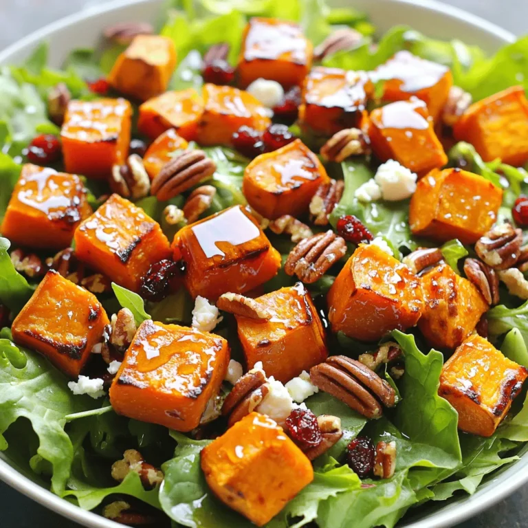 For this salad, you need: - 2 medium sweet potatoes, peeled and cubed - 2 tablespoons olive oil - 3 tablespoons pure maple syrup - Salt and pepper to taste - 1 teaspoon cinnamon Sweet potatoes bring a nice sweetness. The olive oil helps them roast well. Maple syrup gives a lovely glaze. Salt and pepper add flavor. Cinnamon adds warmth and depth. You will also need: - 1 cup mixed salad greens (spinach, arugula, or your choice) - 1/2 cup pecans, toasted Mixed greens add freshness. Spinach or arugula works great. Toasted pecans give a nice crunch. They add a nutty flavor that pairs well with sweet potatoes. To make it even better, you can add: - 1/2 cup crumbled feta cheese - 1/4 cup dried cranberries - 2 tablespoons apple cider vinegar - 1 tablespoon Dijon mustard Feta adds creaminess and tang. Dried cranberries bring a fruity note. The apple cider vinegar and Dijon mustard make a simple, tasty dressing. These additions create a balance of flavors in the salad. Start by peeling the sweet potatoes. Then, cut them into small cubes. This size helps them cook evenly. Next, place the cubed sweet potatoes in a mixing bowl. Add two tablespoons of olive oil, three tablespoons of pure maple syrup, salt, pepper, and one teaspoon of cinnamon. Toss the sweet potatoes well. You want them fully coated in the mixture. Preheat your oven to 400°F (200°C). Spread the sweet potatoes on a parchment-lined baking sheet in a single layer. This helps them roast well. Place the tray in the oven and roast for about 25 to 30 minutes. Toss them halfway through to ensure even cooking. They should be tender and caramelized when done. While the sweet potatoes roast, grab a small bowl. Whisk together two tablespoons of apple cider vinegar and one tablespoon of Dijon mustard. This simple dressing adds great flavor to the salad. Make sure it blends well. Set the dressing aside until the sweet potatoes are ready. Once the sweet potatoes cool for a few minutes, it’s time to assemble your salad. In a large salad bowl, combine one cup of mixed salad greens, the roasted sweet potatoes, and half a cup of toasted pecans. If you like, add half a cup of crumbled feta cheese for extra flavor. Toss in a quarter cup of dried cranberries for sweetness. Finally, drizzle the salad dressing over everything and gently toss to combine. Enjoy your colorful and tasty salad! Roasting the sweet potatoes brings out their natural sweetness. First, cut them into even cubes. This helps them cook at the same speed. Spread the cubes on a parchment-lined sheet. Make sure they are in a single layer. This way, they roast evenly. Toss them halfway through cooking for the best results. Bake at 400°F for about 25 to 30 minutes. They should be tender and lightly caramelized. To make the sweet potatoes shine, use a good mix of flavors. Toss them with olive oil, maple syrup, salt, and pepper. Add a teaspoon of cinnamon for warmth. The cinnamon pairs well with sweet potatoes. You can taste the sweet and spicy notes in every bite. This mix gives your salad a lovely, rich flavor. A beautiful salad makes the meal even better. Serve it in a large shallow bowl for a family-style meal. For individual servings, use nice plates. Top the salad with extra pecans and feta for crunch and creaminess. A drizzle of maple syrup adds a glossy finish. You can also sprinkle some dried cranberries on top for color. This makes the salad pop on the table! {{image_2}} You can easily make this salad vegetarian or vegan. To do this, skip the feta cheese. Instead, add some avocado for creaminess. You can also use a vegan salad dressing. A mix of olive oil and lemon juice works well. This keeps the salad fresh and tasty. If you want to switch up the nuts, walnuts or almonds are great choices. They add crunch and flavor. For fruits, try using apple slices or pomegranate seeds. These can give a nice burst of sweetness. You can mix and match to find your favorite combo. You can use different greens in this salad. If you want a peppery taste, arugula is a good option. Kale adds a hearty feel. If you like mild greens, use romaine or butter lettuce. Each green will change the flavor and texture of your salad. After enjoying your Maple Roasted Sweet Potato Pecan Salad, store leftovers in an airtight container. This keeps the salad fresh and tasty. The salad holds well for up to three days in the fridge. If you want to warm the sweet potatoes, do so gently. Use a microwave or oven. Heat them until just warm to keep the salad fresh. Avoid reheating the greens and nuts, as they should stay crisp. To keep your salad fresh, store the dressing separately. Combine it when you're ready to eat. This step helps keep the greens crisp and prevents wilting. Also, if you can, add nuts just before serving for extra crunch. Yes, you can prep some parts ahead. Roast the sweet potatoes and store them. Keep the salad greens and dressing separate in the fridge. Mix everything together when you are ready to serve. This keeps the salad fresh and crisp. You can try many dressings. A simple balsamic vinaigrette works well. A honey mustard dressing can add a nice twist. You can even use a yogurt-based dressing for creaminess. Just pick what you enjoy most! Yes, this salad is already gluten-free! All the ingredients are free from gluten. Just check any dressings or extras to ensure they are also gluten-free. Enjoy without worry. Absolutely! Grilled chicken, chickpeas, or tofu are great options. They add protein and make the salad more filling. Choose what you like best for a healthy boost. To make this salad vegan, skip the feta cheese. You can add more nuts or seeds for creaminess. Also, check your dressing to ensure it is vegan-friendly. There are many tasty options out there! Store leftovers in an airtight container. Keep the salad greens and dressing separate to avoid sogginess. The roasted sweet potatoes can stay with the other ingredients. They last for about 2-3 days in the fridge. Yes, fresh herbs add great flavor! Try adding parsley, cilantro, or mint. Chop them finely and mix them in with the salad. This adds a fresh and vibrant taste. This salad pairs well with grilled meats or fish. It also complements sandwiches or wraps nicely. You can enjoy it as a light lunch or a side dish for dinner. To make it heartier, add grains like quinoa or farro. These grains blend well with sweet potatoes and add texture. You can also toss in more nuts or seeds for crunch. This blog post covered how to make a tasty sweet potato salad. We discussed key ingredients like sweet potatoes, nuts, and greens, along with optional add-ins. I shared easy step-by-step instructions, from prepping to serving. Tips on roasting and flavoring added fun. We explored variations for different diets and how to store leftovers. In conclusion, this salad is healthy and flexible. You can easily adjust it to fit your tastes. Enjoy making your own version!