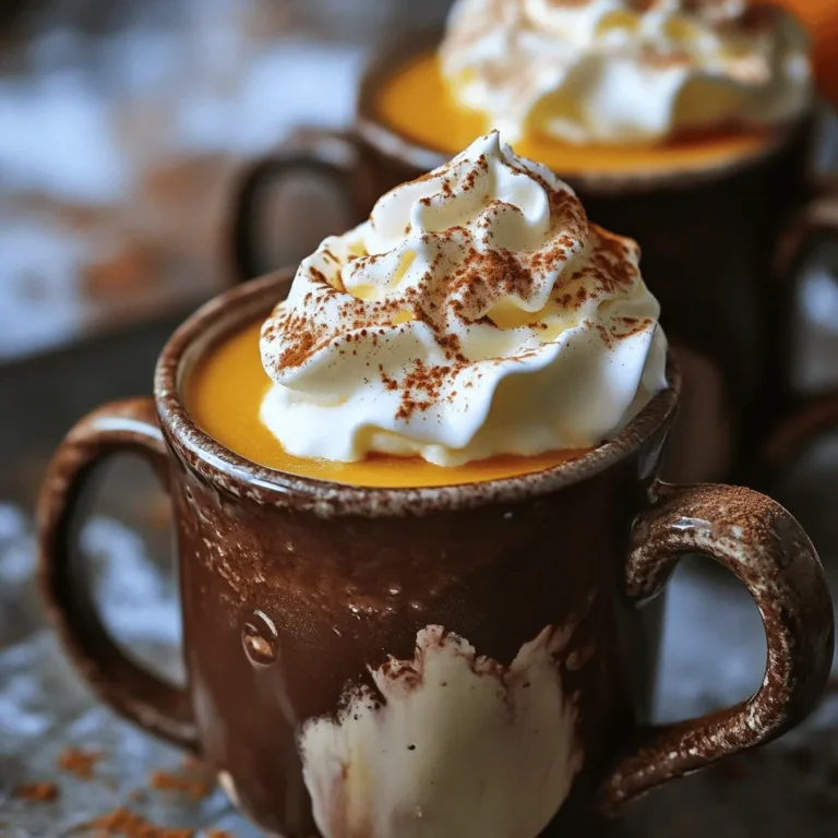To make the perfect Pumpkin Spice Hot Chocolate, you need simple, fresh ingredients that come together to create a rich and cozy drink. Here’s what you’ll need: - 2 cups whole milk (or any milk of your choice) - 1/2 cup pumpkin puree - 1/4 cup semi-sweet chocolate chips - 2 tablespoons cocoa powder - 1 tablespoon brown sugar (adjust to taste) - 1/2 teaspoon vanilla extract - 1/2 teaspoon pumpkin spice (or to taste) - Pinch of salt - Whipped cream (for topping) - Additional pumpkin spice for garnish Each ingredient plays a key role. The milk gives a creamy base. Pumpkin puree adds richness and a seasonal touch. Semi-sweet chocolate chips and cocoa powder bring deep chocolate flavor. Brown sugar provides sweetness, while vanilla extract enhances the taste. Pumpkin spice adds warmth and comfort. A pinch of salt balances all the flavors. Finally, whipped cream on top creates a delightful finish. This recipe is quick and easy, making it perfect for chilly days. You can customize the sweetness and spice levels to fit your taste. Now, let’s gather these ingredients and get ready to make a cup of joy! 1. Start by heating the milk and pumpkin puree. In a medium saucepan, mix 2 cups of whole milk and 1/2 cup of pumpkin puree. Use medium heat. Stir until the mixture is warm but not boiling. This step gives your hot chocolate a rich pumpkin flavor. 2. Next, mix in the chocolate and spices. Add 1/4 cup of semi-sweet chocolate chips, 2 tablespoons of cocoa powder, 1 tablespoon of brown sugar, 1/2 teaspoon of vanilla extract, 1/2 teaspoon of pumpkin spice, and a pinch of salt. These ingredients blend perfectly to create a rich taste. 3. To whisk for a creamy consistency, keep whisking continuously. This helps melt the chocolate and combine all the flavors. You want a smooth and creamy texture. Once everything is well mixed, remove the saucepan from the heat. 1. Pour the hot chocolate into mugs. This recipe makes enough for two servings. Enjoy it hot for the best experience. 2. Top each mug with whipped cream. A generous dollop adds sweetness and creaminess to your drink. 3. Garnish with a sprinkle of pumpkin spice. This not only looks nice but also adds an extra punch of flavor. Enjoy your cozy drink! To make your Pumpkin Spice Hot Chocolate truly special, adjust the sweetness with brown sugar. Start with one tablespoon. Taste it and add more if you like it sweeter. Brown sugar gives a rich flavor that pairs nicely with pumpkin. Choosing the right chocolate chips is also key. Semi-sweet chocolate chips work well, but you can try dark chocolate for a bolder taste. The chocolate should melt easily into the milk, making your drink creamy and smooth. Continuous whisking is vital for a creamy hot chocolate. As you mix the ingredients, keep the whisk moving. This helps blend everything perfectly and prevents lumps. A smooth drink is what we want! If you prefer, use alternative milk options. Almond milk or oat milk can be good substitutes. These options can change the flavor, so choose what you enjoy most. They also make the drink lighter while still being delicious. {{image_2}} You can easily mix up your pumpkin spice hot chocolate by adding different types of chocolate. Try using dark chocolate chips for a richer taste or white chocolate for a sweeter flavor. Each chocolate brings a unique twist that enhances the pumpkin spice. For those who prefer vegan and dairy-free options, swap out whole milk for almond, oat, or coconut milk. These alternatives still create a creamy texture. You can also use dairy-free chocolate chips to keep it fully plant-based. This way, everyone can enjoy this cozy drink! Infusing your hot chocolate with extra spices can take it to the next level. Consider adding a pinch of nutmeg or cinnamon for warmth. These spices complement the pumpkin flavor perfectly and add depth to each sip. You can also experiment with toppings. Instead of just whipped cream, try adding marshmallows, crushed graham crackers, or even a drizzle of caramel. Each addition brings a new layer of flavor and makes your drink even more special. To store leftover pumpkin spice hot chocolate, let it cool first. Then, pour it into a clean container. Seal it tightly with a lid. You can store it in the fridge for up to three days. This keeps the flavors fresh and tasty. When you are ready to enjoy it again, gently reheat the hot chocolate. Pour it into a saucepan. Heat it over low to medium heat. Stir it often to avoid burning. You can also use a microwave. Heat in short bursts, stirring in between. This way, the hot chocolate warms evenly. If you have stored hot chocolate, serving it well matters. Pour it into your favorite mugs. Add fresh whipped cream on top. This makes it look inviting and delicious. You can also sprinkle extra pumpkin spice on top for flair. Consider adding a fun twist. Serve with a side of graham crackers or marshmallows. This adds a sweet treat to your cozy drink. Enjoying your pumpkin spice hot chocolate this way makes it feel special. Can I make this recipe vegan? Yes, you can easily make this hot chocolate vegan. Use almond milk, oat milk, or coconut milk instead of whole milk. Substitute the semi-sweet chocolate chips with dairy-free options. This way, you still enjoy the rich flavors! How long does homemade hot chocolate last? Homemade hot chocolate can last for about three to five days in the fridge. Store it in an airtight container. When ready to drink, just reheat it gently on the stove. Stir it well before serving to mix everything again. Can I use canned pumpkin instead of puree? Yes, you can use canned pumpkin. Just ensure it is 100% pumpkin and does not have added sugar or spices. Canned pumpkin is often thicker, so it may change the texture slightly. Adjust the amount to fit your taste. What are the nutritional benefits of pumpkin? Pumpkin is full of nutrients. It is low in calories and high in fiber. This helps with digestion. It also contains vitamin A, which is good for your eyes. Plus, pumpkin has antioxidants that help keep your body healthy. Is this recipe suitable for weight loss diets? This recipe can fit into a weight loss diet if you watch your portion size. Use low-fat milk and limit the sugar. The pumpkin adds fiber, which keeps you full. Enjoy it as an occasional treat rather than a daily drink. This post covered how to make delicious pumpkin spice hot chocolate. We explored the key ingredients and shared step-by-step instructions for a creamy drink. You learned tips to enhance flavor and techniques for the best texture. Variations can suit any taste, from vegan options to seasonal spices. Plus, we discussed how to store leftovers and answered common questions. Enjoy making this cozy treat! It’s perfect for those cooler days and will warm you up inside. Get creative and enjoy every sip!