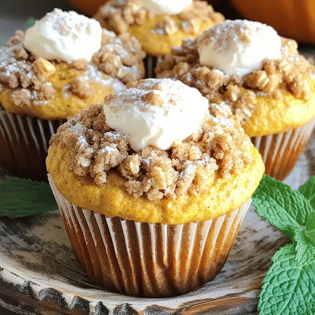 - 1 cup all-purpose flour - 1 cup whole wheat flour - 1 teaspoon baking powder - 1 teaspoon baking soda - 1 teaspoon ground cinnamon - ½ teaspoon ground nutmeg - ½ teaspoon ground ginger - ½ teaspoon salt I love using both all-purpose and whole wheat flour. This mix gives the muffins a nice texture. Baking powder and baking soda help them rise. The spices add warmth. Cinnamon, nutmeg, and ginger bring that cozy fall vibe. A pinch of salt balances everything out and enhances the flavors. - 1 cup pumpkin puree (canned or fresh) - ½ cup granulated sugar - ½ cup brown sugar, packed - 2 large eggs - ½ cup vegetable oil - 1 teaspoon vanilla extract - 4 ounces cream cheese, softened - 1 tablespoon milk Pumpkin puree is the star here. It gives moisture and rich flavor. I use both granulated and brown sugars for sweetness. Brown sugar adds depth. Eggs bind everything together and create a soft texture. Vegetable oil keeps the muffins moist, while vanilla extract provides a lovely aroma. Cream cheese adds creaminess, making these muffins special. A splash of milk helps blend everything smoothly. - ½ cup all-purpose flour - ¼ cup brown sugar, packed - ¼ teaspoon ground cinnamon - ¼ cup unsalted butter, softened - ¼ cup oats (optional) The streusel topping is a must. It adds crunch and sweetness. I mix all-purpose flour and brown sugar for flavor. Ground cinnamon gives it warmth, too. The softened butter brings it all together. Oats are optional, but they add extra texture and heartiness. First, preheat your oven to 350°F (175°C). This step gets your oven ready for baking. Next, prepare your muffin tin. You can use paper liners or grease it well with oil or butter. This helps the muffins come out easily. In a large bowl, whisk together the all-purpose flour, whole wheat flour, baking powder, and baking soda. Add in the ground cinnamon, nutmeg, ginger, and salt. Mix these dry ingredients until they blend well. This creates a strong base for your muffins. In another bowl, mix the pumpkin puree with the granulated sugar and brown sugar. Then, add the eggs, vegetable oil, and vanilla extract. Whisk this mixture until it is smooth. This adds moisture and flavor to the muffins. Gradually add the wet mixture to the dry ingredients. Stir gently until they are just combined. Be careful not to over-mix. Over-mixing can make the muffins tough instead of light and fluffy. In a small bowl, beat the softened cream cheese with 1 tablespoon of milk. Mix until it is creamy. This filling adds a rich taste to the muffins. In another bowl, combine the all-purpose flour, brown sugar, and ground cinnamon. If you like, add oats for extra texture. Cut in the softened butter with a fork until it looks like coarse crumbs. This topping adds a sweet crunch to each muffin. Start by dividing half of the muffin batter evenly among the muffin cups. Then, add a small dollop of the cream cheese mixture into the center of each cup. After that, top with the remaining muffin batter, filling each cup about three-quarters full. Place the muffin tin in the oven and bake for 20-25 minutes. Check with a toothpick to see if they are done. If it comes out clean, they are ready. Once baked, let the muffins cool in the pan for about five minutes. Then, transfer them to a wire rack to cool completely. To keep your muffins moist, avoid over-mixing the batter. Mix just until the dry and wet ingredients blend. Over-mixing creates tough muffins. Also, use quality ingredients. Fresh pumpkin puree makes a big difference. Fresh spices add great flavor, too. Serve your muffins warm for the best taste. A light dusting of powdered sugar makes them look fancy. You can also add a dollop of whipped cream cheese on top. For a pretty display, place muffins on a decorative plate. Add a few mint leaves around them for color. If your muffins turn out dry, check your baking time. Overbaking can dry them out fast. Always set a timer and check a few minutes early. If you notice your muffins are too brown, lower the oven temperature next time. {{image_2}} You can make these muffins even better with a few fun additions. Adding nuts like walnuts or pecans gives them a nice crunch. Just chop the nuts and fold them into the batter before you fill the muffin cups. You could also mix in chocolate chips for a sweet twist. Use semi-sweet or dark chocolate chips, depending on your taste. These additions can really brighten up each muffin. If you want to try different sweeteners, honey or maple syrup work well. Both add a unique flavor and moisture to the muffins. When using honey or maple syrup, replace the granulated sugar. Use about ¾ of the amount listed for sugar. For example, if the recipe calls for ½ cup of sugar, use about ⅓ cup of honey or maple syrup. This change keeps your muffins sweet and delicious. You can make these muffins a bit healthier too. Try using gluten-free flour alternatives, like almond flour or coconut flour. These options will change the flavor but still taste great. If you want to reduce sugar, cut down the granulated and brown sugar by ¼ cup. You can also add applesauce to keep the muffins moist. These swaps help everyone enjoy this treat, no matter their diet. To keep your muffins fresh, store them at room temperature. Use an airtight container to seal in moisture. This helps prevent them from drying out. Muffins stay good for about three days when stored this way. If you want to save muffins for later, freezing is a great option. Place the muffins in a freezer-safe bag or container. Make sure to remove as much air as possible. They can last up to three months in the freezer. When you’re ready to enjoy them, reheating is easy. Simply take the muffins out and let them thaw. You can warm them in the oven at 350°F for about 10-15 minutes. This will bring back their soft texture and delicious flavor. To check if your muffins are done, use the toothpick test. Insert a toothpick into the center of a muffin. If it comes out clean or with a few crumbs, your muffins are ready. If it has wet batter, bake for a few more minutes. This test is quick and reliable. Yes, you can easily make these muffins dairy-free. Instead of cream cheese, use dairy-free cream cheese alternatives. There are many great brands available that work well in baking. You can also use coconut milk or almond milk to replace regular milk. If you don’t have pumpkin puree, you can use applesauce or sweet potato puree as alternatives. Both add moisture and sweetness to the muffins. They will also give a nice flavor. Make sure to use unsweetened varieties to control the sugar levels. Yes, you can prepare the batter in advance. Store it in the fridge overnight. Just cover the bowl tightly with plastic wrap. When you are ready to bake, give the batter a quick stir. This way, you save time in the morning and enjoy fresh muffins! Making pumpkin muffins is fun and rewarding. You learned about key ingredients like pumpkin puree and spices. I showed you how to mix both dry and wet ingredients for a tasty batter. Remember to make a streusel topping for extra flavor. In the end, you can customize recipes to suit your taste. With the right tips and tricks, even beginners can create soft, moist muffins. Enjoy baking and share your results with friends and family!