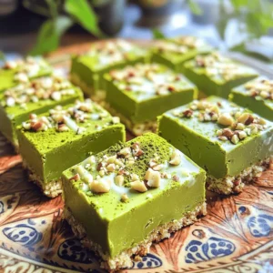 - 1 cup white chocolate chips - 1/4 cup coconut oil - 2 tablespoons matcha green tea powder - 1/2 cup crushed digestive biscuits or plain cookies - 1/4 cup unsweetened shredded coconut (optional) - 1/4 cup chopped nuts (e.g., almonds or pistachios) - Pinch of sea salt - Microwave-safe bowl - 8x8 inch baking pan - Parchment paper - Spatula The first step to making these bars is to gather your ingredients. First, you need white chocolate chips, which add sweetness and creaminess. Then, coconut oil makes the chocolate smooth and rich. Matcha green tea powder gives the bars their vibrant green color and unique flavor. Next, you can add crushed digestive biscuits or plain cookies for a crunchy texture. If you want to enhance the flavor, shredded coconut is a great optional addition. Chopped nuts, like almonds or pistachios, add more crunch and taste. A pinch of sea salt will balance the sweetness of the bars. You will also need a few tools to make this treat. A microwave-safe bowl helps melt the chocolate. The 8x8 inch baking pan is perfect for setting the bars. Parchment paper makes it easy to lift the bars out. Finally, a spatula is great for spreading the mixture evenly in the pan. Now that you have everything ready, you are set to create these delicious no-bake matcha white chocolate bars! - First, take a medium microwave-safe bowl. Add 1 cup of white chocolate chips and 1/4 cup of coconut oil to the bowl. - Microwave the bowl in 20-second intervals. Stir after each interval until the mixture is smooth and melted. Be careful not to overheat. - Once melted, whisk in 2 tablespoons of matcha green tea powder. Make sure it blends well and has no lumps. The color should be bright green. - Next, add in 1/2 cup of crushed digestive biscuits. If you want, you can also mix in 1/4 cup of unsweetened shredded coconut and 1/4 cup of chopped nuts. Don't forget a pinch of sea salt. Stir until everything is evenly coated. - Prepare your 8x8 inch baking pan by lining it with parchment paper. Leave some paper hanging over the edges for easy removal. - Pour the matcha mixture into the pan. Use a spatula to spread it evenly. Press down firmly to pack it. - Place the pan in the refrigerator. Let it set for at least 2 hours, or until it is firm. How to avoid lumps in the matcha mixture To keep your matcha smooth, sift the matcha powder before adding it to the melted chocolate. This step breaks up any clumps. Whisk the matcha in well after combining it with the chocolate. If you see lumps, keep whisking until the mixture is bright green and smooth. Ensuring the bars hold their shape To make sure the bars are firm, press the mixture into the pan firmly. Use a spatula to spread it evenly. Refrigerate the bars for at least two hours, or until they are set. If they are too soft after chilling, you might need to add more crushed biscuits next time. Garnishing ideas for visual appeal For a beautiful finish, sprinkle some extra matcha powder on top of the bars. You can also drizzle melted white chocolate over the bars. Add some chopped nuts on top for a nice crunch and color. Serving them on a decorative plate will make them look fancy. Serving suggestions for best experience Serve the bars cold straight from the fridge. Pair them with a warm cup of tea or coffee. The rich flavors of matcha and white chocolate go well with many drinks. Cut them into small squares for easy sharing. Tips for preparing in advance You can make these bars a day or two ahead of time. Just follow the recipe and store them in the fridge. They taste even better after chilling in the fridge for a while. Best practices for storage and freshness Keep the bars in an airtight container in the fridge. This way, they stay fresh for up to a week. If you want to keep them longer, you can freeze them. Just wrap each bar in plastic wrap before freezing for best results. {{image_2}} You can change the taste of your matcha bars easily. Add other flavor extracts like vanilla or almond. A few drops will enhance the taste without overpowering it. Mixing in different nuts or seeds can also add crunch. Try almonds, pistachios, or sunflower seeds for a twist. Each choice adds a unique flavor to your bars. If you want a different texture, swap out coconut oil. Use butter or a nut butter instead. These will change the flavor and mouthfeel of the bars. You can also experiment with different types of biscuits or cookies. Graham crackers or oreos can create a fun base. Just crush them well before mixing. Making these bars vegan or dairy-free is simple. Use dairy-free white chocolate chips and coconut oil. For gluten-free options, choose gluten-free biscuits. This way, everyone can enjoy these tasty treats, no matter their diet. These adjustments keep the flavor while making them suitable for more people. Store your No Bake Matcha White Chocolate Bars in the fridge. Use an airtight container to keep them fresh. This helps maintain their taste and texture. Place a piece of parchment paper between layers to avoid sticking. If you want to freeze the bars, wrap them tightly in plastic wrap. Then, place them in a freezer-safe container. They can stay frozen for up to three months. Just remember to thaw them in the fridge before enjoying. In the fridge, these bars stay fresh for about a week. Keep an eye on them for the best quality. Check for any changes in smell or texture. If they feel dry or crumbly, it's time to toss them. You should also look for any signs of mold. If you see any green or fuzzy spots, do not eat them. Safety first! After refrigeration, the bars are best served chilled. You can cut them into squares or rectangles. For an extra touch, drizzle some melted white chocolate on top. Pair these bars with a warm cup of green tea or a glass of almond milk. The flavors blend well and create a lovely snack experience. Enjoy your treat! Yes, you can use other types of chocolate. Dark chocolate or milk chocolate works well. If you want a dairy-free option, try dairy-free chocolate chips. Just keep in mind that the flavor will change. These bars need at least 2 hours to set in the fridge. This time helps them firm up and hold their shape. If you can wait longer, let them chill for 3 to 4 hours for the best texture. If you don’t have matcha powder, you can use green tea powder instead. The flavor will be lighter but still tasty. You can also skip it completely and make plain white chocolate bars. Yes, you can make these bars nut-free. Just skip the chopped nuts or replace them with seeds. Sunflower seeds or pumpkin seeds are great options. They add crunch without the nuts. You can use sweetened shredded coconut if you like. Just remember that it will make the bars sweeter. If you want to control the sweetness, stick with unsweetened coconut. This blog post covers how to make delicious matcha bars. You learned about the main ingredients, like white chocolate chips and matcha powder. I shared step-by-step instructions for melting, mixing, and setting your bars. Tips helped you avoid common issues and suggested ways to present your treats. Remember, you can customize these bars to fit your taste and dietary needs. Have fun experimenting with new flavors and ingredients. These matcha bars are easy, tasty, and a great treat for any occasion. Enjoy making your own version!