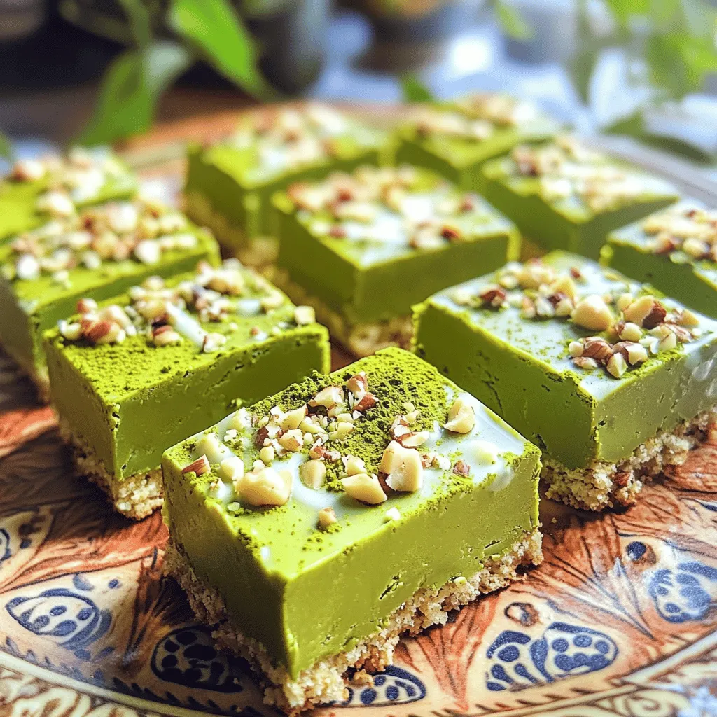 - 1 cup white chocolate chips - 1/4 cup coconut oil - 2 tablespoons matcha green tea powder - 1/2 cup crushed digestive biscuits or plain cookies - 1/4 cup unsweetened shredded coconut (optional) - 1/4 cup chopped nuts (e.g., almonds or pistachios) - Pinch of sea salt - Microwave-safe bowl - 8x8 inch baking pan - Parchment paper - Spatula The first step to making these bars is to gather your ingredients. First, you need white chocolate chips, which add sweetness and creaminess. Then, coconut oil makes the chocolate smooth and rich. Matcha green tea powder gives the bars their vibrant green color and unique flavor. Next, you can add crushed digestive biscuits or plain cookies for a crunchy texture. If you want to enhance the flavor, shredded coconut is a great optional addition. Chopped nuts, like almonds or pistachios, add more crunch and taste. A pinch of sea salt will balance the sweetness of the bars. You will also need a few tools to make this treat. A microwave-safe bowl helps melt the chocolate. The 8x8 inch baking pan is perfect for setting the bars. Parchment paper makes it easy to lift the bars out. Finally, a spatula is great for spreading the mixture evenly in the pan. Now that you have everything ready, you are set to create these delicious no-bake matcha white chocolate bars! - First, take a medium microwave-safe bowl. Add 1 cup of white chocolate chips and 1/4 cup of coconut oil to the bowl. - Microwave the bowl in 20-second intervals. Stir after each interval until the mixture is smooth and melted. Be careful not to overheat. - Once melted, whisk in 2 tablespoons of matcha green tea powder. Make sure it blends well and has no lumps. The color should be bright green. - Next, add in 1/2 cup of crushed digestive biscuits. If you want, you can also mix in 1/4 cup of unsweetened shredded coconut and 1/4 cup of chopped nuts. Don't forget a pinch of sea salt. Stir until everything is evenly coated. - Prepare your 8x8 inch baking pan by lining it with parchment paper. Leave some paper hanging over the edges for easy removal. - Pour the matcha mixture into the pan. Use a spatula to spread it evenly. Press down firmly to pack it. - Place the pan in the refrigerator. Let it set for at least 2 hours, or until it is firm. How to avoid lumps in the matcha mixture To keep your matcha smooth, sift the matcha powder before adding it to the melted chocolate. This step breaks up any clumps. Whisk the matcha in well after combining it with the chocolate. If you see lumps, keep whisking until the mixture is bright green and smooth. Ensuring the bars hold their shape To make sure the bars are firm, press the mixture into the pan firmly. Use a spatula to spread it evenly. Refrigerate the bars for at least two hours, or until they are set. If they are too soft after chilling, you might need to add more crushed biscuits next time. Garnishing ideas for visual appeal For a beautiful finish, sprinkle some extra matcha powder on top of the bars. You can also drizzle melted white chocolate over the bars. Add some chopped nuts on top for a nice crunch and color. Serving them on a decorative plate will make them look fancy. Serving suggestions for best experience Serve the bars cold straight from the fridge. Pair them with a warm cup of tea or coffee. The rich flavors of matcha and white chocolate go well with many drinks. Cut them into small squares for easy sharing. Tips for preparing in advance You can make these bars a day or two ahead of time. Just follow the recipe and store them in the fridge. They taste even better after chilling in the fridge for a while. Best practices for storage and freshness Keep the bars in an airtight container in the fridge. This way, they stay fresh for up to a week. If you want to keep them longer, you can freeze them. Just wrap each bar in plastic wrap before freezing for best results. {{image_2}} You can change the taste of your matcha bars easily. Add other flavor extracts like vanilla or almond. A few drops will enhance the taste without overpowering it. Mixing in different nuts or seeds can also add crunch. Try almonds, pistachios, or sunflower seeds for a twist. Each choice adds a unique flavor to your bars. If you want a different texture, swap out coconut oil. Use butter or a nut butter instead. These will change the flavor and mouthfeel of the bars. You can also experiment with different types of biscuits or cookies. Graham crackers or oreos can create a fun base. Just crush them well before mixing. Making these bars vegan or dairy-free is simple. Use dairy-free white chocolate chips and coconut oil. For gluten-free options, choose gluten-free biscuits. This way, everyone can enjoy these tasty treats, no matter their diet. These adjustments keep the flavor while making them suitable for more people. Store your No Bake Matcha White Chocolate Bars in the fridge. Use an airtight container to keep them fresh. This helps maintain their taste and texture. Place a piece of parchment paper between layers to avoid sticking. If you want to freeze the bars, wrap them tightly in plastic wrap. Then, place them in a freezer-safe container. They can stay frozen for up to three months. Just remember to thaw them in the fridge before enjoying. In the fridge, these bars stay fresh for about a week. Keep an eye on them for the best quality. Check for any changes in smell or texture. If they feel dry or crumbly, it's time to toss them. You should also look for any signs of mold. If you see any green or fuzzy spots, do not eat them. Safety first! After refrigeration, the bars are best served chilled. You can cut them into squares or rectangles. For an extra touch, drizzle some melted white chocolate on top. Pair these bars with a warm cup of green tea or a glass of almond milk. The flavors blend well and create a lovely snack experience. Enjoy your treat! Yes, you can use other types of chocolate. Dark chocolate or milk chocolate works well. If you want a dairy-free option, try dairy-free chocolate chips. Just keep in mind that the flavor will change. These bars need at least 2 hours to set in the fridge. This time helps them firm up and hold their shape. If you can wait longer, let them chill for 3 to 4 hours for the best texture. If you don’t have matcha powder, you can use green tea powder instead. The flavor will be lighter but still tasty. You can also skip it completely and make plain white chocolate bars. Yes, you can make these bars nut-free. Just skip the chopped nuts or replace them with seeds. Sunflower seeds or pumpkin seeds are great options. They add crunch without the nuts. You can use sweetened shredded coconut if you like. Just remember that it will make the bars sweeter. If you want to control the sweetness, stick with unsweetened coconut. This blog post covers how to make delicious matcha bars. You learned about the main ingredients, like white chocolate chips and matcha powder. I shared step-by-step instructions for melting, mixing, and setting your bars. Tips helped you avoid common issues and suggested ways to present your treats. Remember, you can customize these bars to fit your taste and dietary needs. Have fun experimenting with new flavors and ingredients. These matcha bars are easy, tasty, and a great treat for any occasion. Enjoy making your own version!