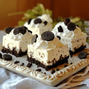 - 24 Oreo cookies, crushed - 1/4 cup unsalted butter, melted - 16 oz cream cheese, softened - 1 cup powdered sugar - 1 teaspoon vanilla extract - 1 cup heavy whipping cream - 12 Oreo cookies, chopped (for mixing in) - Extra chopped Oreo cookies (for topping) - 9x9-inch baking dish - Medium mixing bowl - Large mixing bowl - Electric mixer - Rubber spatula For this no-bake Oreo cheesecake bars recipe, the ingredients are simple and easy to find. You need a mix of Oreo cookies, cream cheese, and some heavy cream. Each ingredient plays a key role in creating a rich and creamy texture. The crushed Oreo cookies form the crust, giving a nice crunch. The melted butter makes it stick together well. Cream cheese adds that smooth, creamy filling. Powdered sugar adds sweetness, while vanilla brings in a nice flavor boost. Heavy whipping cream is crucial; it helps make the filling light and fluffy. The chopped Oreos mixed into the filling add extra flavor and fun. Finally, you can top the bars with extra chopped Oreos for a nice look and taste. This mix of flavors and textures makes these bars an irresistible treat. To start, combine 24 crushed Oreo cookies and 1/4 cup of melted butter in a medium bowl. Mix until each crumb is coated. Next, press this mixture firmly into the bottom of a 9x9-inch baking dish. Make sure it’s even. Place the dish in the fridge to set while you prepare the filling. In a large mixing bowl, beat 16 ounces of softened cream cheese using an electric mixer. Add in 1 cup of powdered sugar and 1 teaspoon of vanilla extract. Mix these ingredients until the mixture is smooth and creamy. In a separate bowl, whip 1 cup of heavy whipping cream until stiff peaks form. This step is key for a light texture. Be careful not to overwhip, as it can turn grainy. Gently fold the whipped cream into the cream cheese mixture. Be sure to mix carefully to keep the air in the whipped cream. Then, fold in 12 chopped Oreo cookies for extra flavor. Pour this filling over the chilled crust. Smooth it out to create an even layer. Cover the dish with plastic wrap. Refrigerate for at least 4 hours. This step lets the bars set completely and makes them easier to cut. Once the cheesecake has set, remove it from the fridge. Cut it into squares and sprinkle extra chopped Oreo cookies on top before serving. Enjoy these easy and delicious treats! To ensure a smooth filling, start with softened cream cheese. Cold cream cheese can cause lumps. Use an electric mixer to beat the cream cheese until it’s creamy and free of lumps. Add the powdered sugar slowly and mix until fully blended. Preventing overwhipping the cream is key. Whip the heavy cream until stiff peaks form, but stop there. If you whip too long, the cream can turn grainy. Gently fold the whipped cream into the cream cheese mix to keep it light and airy. For an attractive display, serve the cheesecake bars on a colorful platter. You can add a dollop of whipped cream on each bar for a nice touch. Consider placing whole Oreo cookies alongside the bars for added flair. Using garnishes like fresh berries or chocolate drizzle can enhance appeal. These small details can make your dessert look gourmet and special. To avoid a soggy crust, press the crushed Oreo mixture firmly into the baking dish. Make sure the crust is even and compact. This will help it hold its shape when you slice the bars. Ensuring even chilling is also important. Cover the dish tightly with plastic wrap to keep moisture out. Refrigerate for at least 4 hours to set properly. This helps the flavors meld, making your bars taste even better! {{image_2}} You can change the flavor of your no-bake Oreo cheesecake bars by using different cookies for the crust. For example, try using chocolate graham crackers or peanut butter cookies. These will give a new twist to the taste. You can also add extracts to enhance the flavor. A bit of almond or mint extract can elevate the taste. Just remember, a little goes a long way! If you need gluten-free options, there are gluten-free Oreo cookies available. These work just as well in your recipe. For those who want a dairy-free version, you can use dairy-free cream cheese. Brands like Tofutti or Kite Hill offer great alternatives. This way, everyone can enjoy these tasty bars! You can pair your cheesecake bars with various sauces or toppings. A drizzle of chocolate sauce or a scoop of strawberry puree adds a nice touch. If you want to switch up the crust, consider using crushed pretzels for a salty-sweet mix. This gives your bars an extra crunch and flavor depth. Serve them on a nice platter for a stunning presentation! To keep your No-Bake Oreo Cheesecake Bars fresh, store them in the fridge. Place the bars in an airtight container. This way, they won’t absorb any odors. If you want to freeze leftovers, wrap each bar in plastic wrap, then put them in a freezer bag. This helps keep them safe from freezer burn. In the fridge, these bars last about 5 to 7 days. Always check for signs of spoilage. If they smell off or develop a strange texture, it’s best to throw them out. If you need to revive the texture, let them sit at room temperature for 10 minutes. This can help restore their creamy feel. Avoid using heat, as it may change the structure. Yes, you can use homemade Oreos. They can add a fresh touch to your cheesecake bars. Make sure they are firm enough to crush well. You want a nice, even crust. If you go this route, use a similar recipe to the original Oreo cookie. This will help maintain the taste and texture you want. If you don’t have heavy cream, you can use alternatives. Milk and butter is a great substitute. Mix 1/4 cup of melted butter with 3/4 cup of milk. Another option is using half-and-half. Just keep in mind that the texture may not be as rich. Yes, you can make these bars ahead of time. In fact, they taste better after chilling. Make them a day before serving to let the flavors blend. Just cover them well to keep them fresh. They will hold up nicely in the fridge. To make your cheesecake bars firmer, adjust a few ingredients. Use more cream cheese and less whipped cream. You can also chill them longer to help them set better. Another option is to add a bit of gelatin. This will give you that perfect slice you want. You can make delicious Oreo cheesecake bars with just a few simple steps. First, crush Oreos and mix them with butter for the crust. Then, create a creamy filling with cream cheese, sugar, and whipped cream. Chill it all for a rich treat. Remember to follow our tips for the best texture and presentation. You can also explore fun flavor twists and storage tips to enjoy these sweets longer. Get creative with your choices and enjoy making these bars anytime!