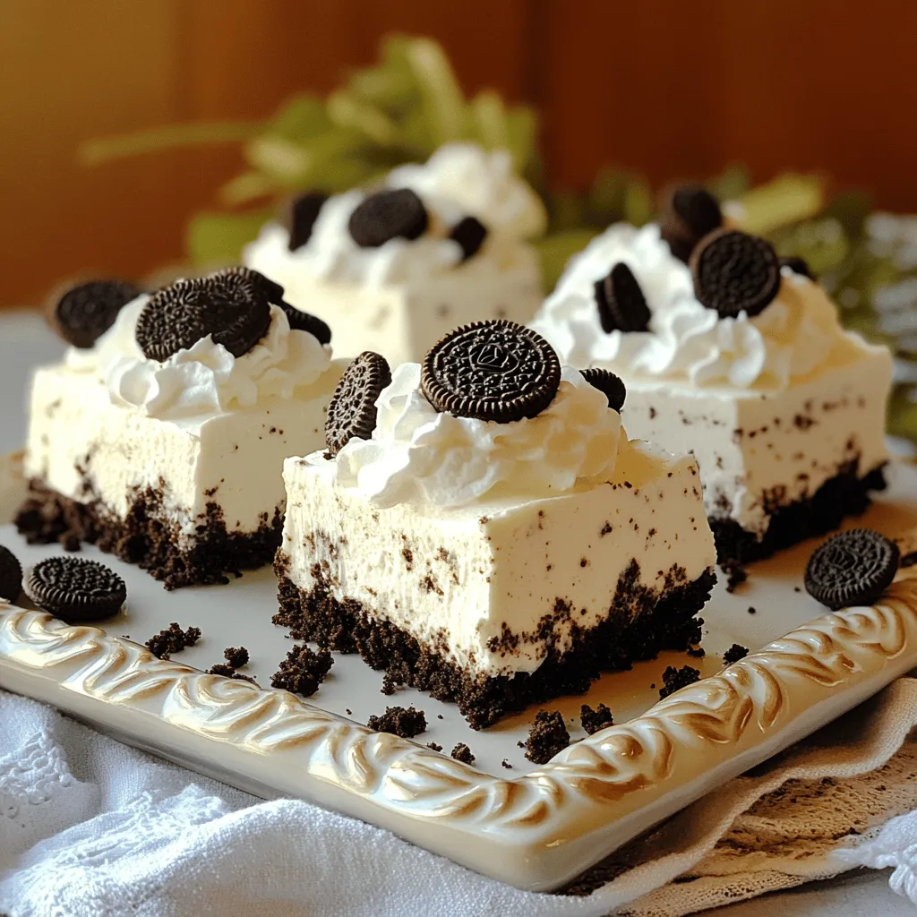 - 24 Oreo cookies, crushed - 1/4 cup unsalted butter, melted - 16 oz cream cheese, softened - 1 cup powdered sugar - 1 teaspoon vanilla extract - 1 cup heavy whipping cream - 12 Oreo cookies, chopped (for mixing in) - Extra chopped Oreo cookies (for topping) - 9x9-inch baking dish - Medium mixing bowl - Large mixing bowl - Electric mixer - Rubber spatula For this no-bake Oreo cheesecake bars recipe, the ingredients are simple and easy to find. You need a mix of Oreo cookies, cream cheese, and some heavy cream. Each ingredient plays a key role in creating a rich and creamy texture. The crushed Oreo cookies form the crust, giving a nice crunch. The melted butter makes it stick together well. Cream cheese adds that smooth, creamy filling. Powdered sugar adds sweetness, while vanilla brings in a nice flavor boost. Heavy whipping cream is crucial; it helps make the filling light and fluffy. The chopped Oreos mixed into the filling add extra flavor and fun. Finally, you can top the bars with extra chopped Oreos for a nice look and taste. This mix of flavors and textures makes these bars an irresistible treat. To start, combine 24 crushed Oreo cookies and 1/4 cup of melted butter in a medium bowl. Mix until each crumb is coated. Next, press this mixture firmly into the bottom of a 9x9-inch baking dish. Make sure it’s even. Place the dish in the fridge to set while you prepare the filling. In a large mixing bowl, beat 16 ounces of softened cream cheese using an electric mixer. Add in 1 cup of powdered sugar and 1 teaspoon of vanilla extract. Mix these ingredients until the mixture is smooth and creamy. In a separate bowl, whip 1 cup of heavy whipping cream until stiff peaks form. This step is key for a light texture. Be careful not to overwhip, as it can turn grainy. Gently fold the whipped cream into the cream cheese mixture. Be sure to mix carefully to keep the air in the whipped cream. Then, fold in 12 chopped Oreo cookies for extra flavor. Pour this filling over the chilled crust. Smooth it out to create an even layer. Cover the dish with plastic wrap. Refrigerate for at least 4 hours. This step lets the bars set completely and makes them easier to cut. Once the cheesecake has set, remove it from the fridge. Cut it into squares and sprinkle extra chopped Oreo cookies on top before serving. Enjoy these easy and delicious treats! To ensure a smooth filling, start with softened cream cheese. Cold cream cheese can cause lumps. Use an electric mixer to beat the cream cheese until it’s creamy and free of lumps. Add the powdered sugar slowly and mix until fully blended. Preventing overwhipping the cream is key. Whip the heavy cream until stiff peaks form, but stop there. If you whip too long, the cream can turn grainy. Gently fold the whipped cream into the cream cheese mix to keep it light and airy. For an attractive display, serve the cheesecake bars on a colorful platter. You can add a dollop of whipped cream on each bar for a nice touch. Consider placing whole Oreo cookies alongside the bars for added flair. Using garnishes like fresh berries or chocolate drizzle can enhance appeal. These small details can make your dessert look gourmet and special. To avoid a soggy crust, press the crushed Oreo mixture firmly into the baking dish. Make sure the crust is even and compact. This will help it hold its shape when you slice the bars. Ensuring even chilling is also important. Cover the dish tightly with plastic wrap to keep moisture out. Refrigerate for at least 4 hours to set properly. This helps the flavors meld, making your bars taste even better! {{image_2}} You can change the flavor of your no-bake Oreo cheesecake bars by using different cookies for the crust. For example, try using chocolate graham crackers or peanut butter cookies. These will give a new twist to the taste. You can also add extracts to enhance the flavor. A bit of almond or mint extract can elevate the taste. Just remember, a little goes a long way! If you need gluten-free options, there are gluten-free Oreo cookies available. These work just as well in your recipe. For those who want a dairy-free version, you can use dairy-free cream cheese. Brands like Tofutti or Kite Hill offer great alternatives. This way, everyone can enjoy these tasty bars! You can pair your cheesecake bars with various sauces or toppings. A drizzle of chocolate sauce or a scoop of strawberry puree adds a nice touch. If you want to switch up the crust, consider using crushed pretzels for a salty-sweet mix. This gives your bars an extra crunch and flavor depth. Serve them on a nice platter for a stunning presentation! To keep your No-Bake Oreo Cheesecake Bars fresh, store them in the fridge. Place the bars in an airtight container. This way, they won’t absorb any odors. If you want to freeze leftovers, wrap each bar in plastic wrap, then put them in a freezer bag. This helps keep them safe from freezer burn. In the fridge, these bars last about 5 to 7 days. Always check for signs of spoilage. If they smell off or develop a strange texture, it’s best to throw them out. If you need to revive the texture, let them sit at room temperature for 10 minutes. This can help restore their creamy feel. Avoid using heat, as it may change the structure. Yes, you can use homemade Oreos. They can add a fresh touch to your cheesecake bars. Make sure they are firm enough to crush well. You want a nice, even crust. If you go this route, use a similar recipe to the original Oreo cookie. This will help maintain the taste and texture you want. If you don’t have heavy cream, you can use alternatives. Milk and butter is a great substitute. Mix 1/4 cup of melted butter with 3/4 cup of milk. Another option is using half-and-half. Just keep in mind that the texture may not be as rich. Yes, you can make these bars ahead of time. In fact, they taste better after chilling. Make them a day before serving to let the flavors blend. Just cover them well to keep them fresh. They will hold up nicely in the fridge. To make your cheesecake bars firmer, adjust a few ingredients. Use more cream cheese and less whipped cream. You can also chill them longer to help them set better. Another option is to add a bit of gelatin. This will give you that perfect slice you want. You can make delicious Oreo cheesecake bars with just a few simple steps. First, crush Oreos and mix them with butter for the crust. Then, create a creamy filling with cream cheese, sugar, and whipped cream. Chill it all for a rich treat. Remember to follow our tips for the best texture and presentation. You can also explore fun flavor twists and storage tips to enjoy these sweets longer. Get creative with your choices and enjoy making these bars anytime!