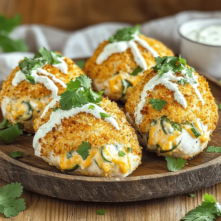 - 4 boneless, skinless chicken breasts - 4 jalapeños, deseeded and diced - ½ cup cream cheese, softened - 1 cup shredded cheddar cheese - ½ cup breadcrumbs - 1 teaspoon garlic powder - 1 teaspoon onion powder - ½ teaspoon smoked paprika - Salt and pepper to taste - Olive oil spray If you want a twist, try these options: - Swap jalapeños for banana peppers for less heat. - Use goat cheese instead of cream cheese for a tangy flavor. - Replace cheddar with pepper jack for extra spice. - Gluten-free breadcrumbs work well for a gluten-free dish. I recommend these brands for the best taste: - For chicken, use organic or free-range options. - Philadelphia Cream Cheese is a classic choice for cream cheese. - Tillamook or Cabot are great for shredded cheddar cheese. - For breadcrumbs, look for Progresso or Ian's gluten-free options. These choices not only enhance flavor but also support quality cooking. Start by drying the chicken breasts with paper towels. This helps the chicken cook evenly. Place the chicken between two pieces of plastic wrap. Use a meat mallet or rolling pin to pound the chicken to an even thickness. Aim for about half an inch thick. This step ensures that your chicken cooks just right and stays juicy. In a mixing bowl, combine the softened cream cheese, shredded cheddar cheese, and diced jalapeños. Add garlic powder, onion powder, smoked paprika, salt, and pepper. Mix everything until well combined. This filling gives the chicken a creamy and spicy kick. Take one chicken breast and spoon a generous amount of the jalapeño filling onto one side. Fold the chicken over to enclose the filling. If it needs help staying closed, use toothpicks. Next, prepare a shallow dish with breadcrumbs. Lightly spray the stuffed chicken with olive oil. Then, coat the chicken evenly with breadcrumbs. This creates a crispy outer layer when cooked. Preheat your air fryer to 375°F (190°C). Once it's hot, place the stuffed and breaded chicken in the air fryer basket in a single layer. Cook for 18-20 minutes. Flip the chicken halfway through to ensure even cooking. The chicken is done when it reaches an internal temperature of 165°F (74°C). After cooking, let the chicken rest for 5 minutes. This allows the juices to settle. If you used toothpicks, remove them before slicing the chicken. Serve the chicken slices on a platter. You can add fresh cilantro or parsley for a pop of color. A drizzle of ranch dressing or a side of salsa makes it even tastier. For air frying jalapeno popper chicken, set your air fryer to 375°F (190°C). This heat cooks the chicken evenly and gives a great texture. Cook the chicken for 18-20 minutes. Always check the internal temperature. It should reach 165°F (74°C) for safe eating. When stuffing the chicken, do not overfill it. Use a generous spoonful of filling per breast. Fold the chicken over to seal in the mix. Secure it with toothpicks if needed. This keeps the filling from leaking out during cooking. Make sure to pound the chicken to an even thickness. This helps it cook uniformly. To get a crispy outside, spray the chicken with olive oil before coating it with breadcrumbs. This step is key for golden, crunchy skin. Use panko breadcrumbs for extra crunch. Flip the chicken halfway through cooking. This ensures both sides become crispy. {{image_2}} You can make a tasty vegetarian version of jalapeno popper chicken. Instead of chicken, use portobello mushrooms. They have a meaty texture. Remove the stems and gills, then stuff them with the jalapeno filling. Air fry them just like the chicken. This dish will keep the great flavors you love. Want more heat? Add extra diced jalapeños to the filling. You can also mix in some diced serrano peppers or even a splash of hot sauce. Adjust to your taste. If you prefer mild, use sweet bell peppers instead. This way, everyone can enjoy the dish. Cheese makes this dish special. You can switch cheddar with pepper jack for a spicy kick. Or try cream cheese mixed with feta for a tangy twist. Mozzarella gives a gooey texture, while goat cheese adds creaminess. Get creative and find your favorite blend! To store leftover Air Fryer Jalapeno Popper Chicken, let it cool first. Place the chicken in an airtight container. You can keep it in the fridge for up to three days. Make sure to seal it well to keep the flavors fresh. When you're ready to eat your leftovers, reheat them in the air fryer. Set the air fryer to 350°F (175°C). Heat the chicken for about 5 to 7 minutes. This will keep it crispy and warm throughout. You can also use an oven at 350°F, but the air fryer works best. If you want to freeze the chicken, wrap each piece tightly in plastic wrap. Then place them in a freezer-safe bag or container. You can freeze the chicken for up to three months. When you’re ready to enjoy it, thaw it in the fridge overnight before reheating. Yes, you can use frozen chicken, but thaw it first. This helps it cook evenly. Place frozen chicken in the fridge overnight or use the defrost setting on your microwave. After thawing, follow the same steps for stuffing and cooking. Check the internal temperature with a meat thermometer. The chicken should reach 165°F (74°C). This ensures it is safe to eat. If you don’t have a thermometer, cut into the thickest part. The meat should be white, and juices should run clear. Yes, you can prep the chicken ahead of time. Stuff and bread the chicken, then cover it. Keep it in the fridge for up to 24 hours. When ready to cook, simply air fry as directed. This makes meal prep easy! Serve this dish with a side of salad, rice, or veggies. You could also pair it with ranch dressing or salsa for dipping. Fresh cilantro or parsley can add color and flavor as a garnish. Enjoy your meal! This blog post explored the tasty process of making Air Fryer Jalapeno Popper Chicken. You learned about the key ingredients, steps for preparation, and tips to improve your dish. We also discussed variations and storage methods to keep your meal fresh. With practice, you can make this dish shine. Enjoy your air fryer skills and impress your family and friends with delicious flavors. Try different ingredients and make it your own. Your culinary journey starts with this recipe!