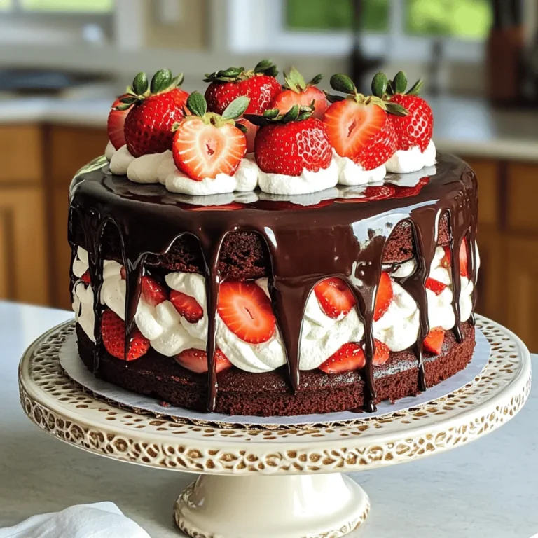 - 1 ½ cups all-purpose flour - 1 cup granulated sugar - ½ cup unsweetened cocoa powder - 1 ½ teaspoons baking powder - ½ teaspoon baking soda - ½ teaspoon salt - 2 large eggs - ½ cup whole milk - ½ cup vegetable oil - 2 teaspoons vanilla extract - 1 cup boiling water - 1 cup fresh strawberries, hulled and sliced - 1 cup heavy cream - 8 ounces semi-sweet chocolate, chopped - 2 tablespoons powdered sugar - Fresh strawberries for topping To make the best Chocolate Covered Strawberry Cake, you need the right mix of ingredients. The dry ingredients form the base of the cake. First, gather your flour, sugar, cocoa powder, baking powder, baking soda, and salt. Each plays a key role in taste and texture. Next, we have the wet ingredients. You will use eggs, milk, vegetable oil, and vanilla extract. These ingredients help bind everything and add moisture. Finally, we add some fun with additional ingredients. Boiling water brings out the rich cocoa flavor. Fresh strawberries are a must for that fruity touch. The heavy cream and semi-sweet chocolate come together to form a decadent ganache. Lastly, we finish with powdered sugar and more strawberries for a lovely topping. Having these ingredients ready makes the baking process smooth and enjoyable. 1. Preheat your oven to 350°F (175°C). Grease and flour a 9-inch cake pan. You can also use parchment paper. 2. In a large bowl, mix together: - 1 ½ cups all-purpose flour - 1 cup granulated sugar - ½ cup unsweetened cocoa powder - 1 ½ teaspoons baking powder - ½ teaspoon baking soda - ½ teaspoon salt 3. Next, add the wet ingredients. Include: - 2 large eggs - ½ cup whole milk - ½ cup vegetable oil - 2 teaspoons vanilla extract Beat this mixture on medium speed for 2 minutes until smooth. 4. Carefully stir in: - 1 cup boiling water This will make your batter thin, but that’s okay! 1. Now, pour the batter into your prepared pan. 2. Bake it for 30-35 minutes. Check doneness by inserting a toothpick in the center. If it comes out clean, your cake is done! 1. Let the cake cool in the pan for 10 minutes. Then, transfer it to a wire rack to cool completely. 2. Once cooled, slice the cake into two equal layers horizontally. Place the bottom layer on a serving plate. 3. Spread a layer of sliced strawberries over the bottom layer. Then, add a layer of chocolate ganache. 4. Place the second layer on top. Pour the remaining ganache over the cake, letting it drizzle down the sides. Use a spatula to smooth it out if needed. Now, you have a rich and decadent Chocolate Covered Strawberry Cake ready to impress! Measuring ingredients is key for a great cake. Use dry measuring cups for flour and sugar. For liquids, use a clear liquid measuring cup. This helps ensure your cake turns out just right. To keep your cake moist, do not overmix the batter. Mix just until combined. Also, using boiling water in the batter adds moisture. This step is crucial for a rich texture. To melt chocolate, use low heat. This helps avoid burning. Stir the chocolate slowly as it melts. You want it smooth and glossy. Once melted, let the ganache cool slightly. This helps it thicken. If it's too hot, it may run off the cake. A good consistency is thick but pourable. When garnishing with strawberries, cut them into thin slices. You can arrange them in a circle on top. This adds a pop of color and looks fancy. For whipped cream, use a chilled bowl and beaters. This helps the cream whip up nicely. Pipe it around the edges for a pretty finish. You can also spread it on top for a fluffy look. {{image_2}} You can boost the flavor of your Chocolate Covered Strawberry Cake in fun ways. Try adding different extracts. Almond or orange extract adds a unique twist. A hint of almond gives a sweet and nutty flavor. Orange extract brightens the cake with a citrus touch. You can also mix in nuts or other fruits. Chopped walnuts or pecans add crunch. Diced bananas or blueberries can give a fruity surprise. Experimenting with flavors lets you create a cake just for you. If you need gluten-free options, you can swap the flour. Use a gluten-free blend that measures cup for cup. This keeps the texture light and fluffy. You can also check labels to ensure no gluten sneaks in. For a vegan cake, replace eggs with flax eggs. Mix one tablespoon of ground flaxseed with three tablespoons of water. Let it sit until thick. Use plant-based milk and oil instead of dairy. This way, everyone can enjoy a slice of your cake. You can get creative with how you present your cake. A multi-layer cake looks stunning. Stack more layers for height, and add more strawberries and ganache between each layer. This makes each slice a showstopper. Miniature versions are also a hit. Bake the batter in cupcake liners for easy serving. These little treats are cute and perfect for parties. You can also decorate them just like the big cake. The choices are endless! To keep your Chocolate Covered Strawberry Cake fresh, let it cool completely. Wrap any leftovers tightly in plastic wrap. This keeps moisture in and prevents the cake from drying out. Use an airtight container for best results. Store it in the fridge for up to three days. If you want to save the cake for later, you can freeze it. Slice the cake into portions and wrap each piece in plastic wrap. Place the wrapped slices in a freezer bag or container. The cake can last for up to three months in the freezer. When you're ready to enjoy it, thaw it in the fridge overnight. Serve it cold or at room temperature for the best taste. Your cake stays fresh in the fridge for about three days. If frozen, it remains safe to eat for up to three months. Always check for signs of spoilage, like off smells or changes in texture, before serving. Enjoy your delicious cake while it’s at its best! Yes, you can make this cake ahead of time. Bake and cool the cake a day before. Store it in the fridge to keep it fresh. This allows the flavors to blend. Just add the ganache and strawberries before serving. I recommend using semi-sweet chocolate for the ganache. It gives a rich taste without being too sweet. You can also use dark chocolate if you prefer a stronger flavor. Just chop it finely for even melting. To prevent collapsing, measure your ingredients carefully. Make sure to bake the cake fully. A toothpick should come out clean when it’s done. Let the cake cool completely before slicing. This helps keep it stable. You can use frozen strawberries, but fresh is best. Frozen strawberries can add extra moisture. This might make your cake soggy. If using frozen, thaw and drain them well before adding to the cake. This cake pairs well with coffee or tea. You can also serve it with whipped cream or vanilla ice cream. Fresh mint leaves add a nice touch too. They bring out the flavors of the cake. You now have the tools to create a delicious Chocolate Covered Strawberry Cake. We covered all the key ingredients, steps for baking, and tips for perfecting the recipe. Remember to adjust for dietary needs and store your cake properly for the best taste. With a little practice, you can impress anyone with this treat. Enjoy experimenting with flavors and techniques to make it your own. Happy baking!